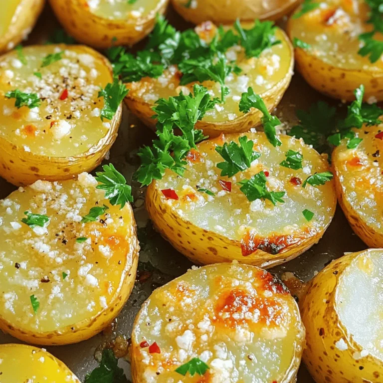- Baby potatoes: 1.5 lbs, halved for even cooking. - Garlic: 4 cloves, minced to release flavor. - Parmesan cheese: 1/4 cup, grated for a rich taste. - Olive oil: 3 tablespoons to help crisp the potatoes. - Herbs and spices: 1 teaspoon dried Italian herb blend (oregano, thyme, basil) for depth. - Salt and pepper: To taste, enhancing all the flavors. - Garnish options: Fresh parsley, finely chopped for color and freshness. - Alternative types of potatoes: You can use Yukon gold or red potatoes if you prefer. - Dairy-free cheese options: Look for vegan Parmesan to keep it dairy-free. - Fresh vs. dried herbs: Fresh herbs add bright flavor, but dried herbs are a great shortcut. If you want to try out this recipe, you can find the Full Recipe in the article. 1. Preheat oven temperature Start by preheating your oven to 425°F (220°C). This high heat helps the potatoes become crispy. 2. Prepare the potato mixture In a big bowl, mix 1.5 lbs of halved baby potatoes and 4 minced garlic cloves. Pour in 3 tablespoons of olive oil, then add 1 teaspoon of dried Italian herbs, and some salt and pepper. If you like a bit of spice, throw in 1/2 teaspoon of red pepper flakes. Toss everything well so the potatoes are covered in the oil and spices. 1. Initial roasting time and tips Line a baking sheet with parchment paper, making cleanup easy. Spread the potato mix evenly on the sheet. Roast them in the oven for 20 minutes. This step lets the potatoes start to brown. 2. Adding Parmesan cheese After 20 minutes, take the sheet out. Now, sprinkle 1/4 cup of grated Parmesan cheese over the potatoes. This cheese melts and adds a nice flavor. Put the potatoes back in the oven and roast them for another 15-20 minutes until they are golden brown. Stir them halfway through to help them cook evenly. 1. Garnishing with parsley Once the potatoes are done, take them out of the oven. For a fresh touch, sprinkle some chopped parsley on top. 2. Serving suggestions Serve the Garlic Parmesan Roasted Potatoes in a rustic bowl or on a wooden platter. You can add more parsley and a sprinkle of Parmesan on top for a beautiful finish. You can find the full recipe [here](#). To get the best crispiness from your garlic Parmesan roasted potatoes, choose small baby potatoes. Their size helps them cook evenly. Cut them in half for better surface area exposure. Also, maximize crispiness by ensuring your potatoes are dry. Any moisture can make them soggy. After washing, pat them dry with a paper towel. Spacing on the baking sheet is key. Spread the potatoes out in a single layer. If they overlap, they will steam instead of roast. This means no crispy goodness. To boost flavor, try adding fresh herbs like rosemary or thyme. Herbs elevate the dish and add a fresh taste. You can also mix in spices like paprika for a smoky touch. Experiment with cheese types, too. Try using sharp cheddar or feta for a twist. Each cheese brings its unique flavor, making your dish stand out. For a zesty kick, sprinkle some lemon zest on top before serving. It adds a bright note that complements the garlic and cheese. Dive into the full recipe for more delicious details! {{image_4}} You can change the taste of Garlic Parmesan Roasted Potatoes easily. - Garlic herb variations: Try mixing in fresh herbs. Rosemary or thyme adds a nice touch. You can also blend garlic with parsley for a fresh flavor. This will enhance the taste and make the dish pop. - Spicy cheese version: If you love heat, add more red pepper flakes. You can also use spicy cheese, like pepper jack. This gives the potatoes a kick that many will enjoy. Making seasonal changes can keep this dish exciting. - Fall-inspired roasted potatoes: In fall, add sweet potatoes or butternut squash. These ingredients bring a sweet flavor that pairs well with garlic. Toss in some cinnamon for a warm touch that feels cozy. - Summer variations with fresh veggies: In summer, mix in colorful veggies like bell peppers or zucchini. These will roast well and add vibrant colors. The fresh taste will lighten the dish and make it perfect for summer meals. For the full recipe, check the section above. To keep your Garlic Parmesan Roasted Potatoes fresh, store them in an airtight container. Place the container in the fridge. They stay good for about 3 to 5 days. When reheating, use the oven for the best results. Preheat your oven to 350°F (175°C). Spread the potatoes on a baking sheet and heat for about 10 to 15 minutes. This keeps them crispy and tasty. Can you freeze roasted potatoes? Yes, you can! Freezing is a great way to save leftovers. First, let the potatoes cool completely. Then, place them in a freezer-safe bag or container. Squeeze out as much air as you can. They can last up to 3 months in the freezer. When you're ready to eat, thaw them in the fridge overnight. After thawing, reheat them in the oven for a crispy texture. Just remember to check for any frost. Enjoy every bite of your Garlic Parmesan Roasted Potatoes later on! How long does it take to cook Garlic Parmesan Roasted Potatoes? It takes about 45 minutes to cook Garlic Parmesan roasted potatoes. This includes 10 minutes for prep and 35 minutes for roasting. You first roast the potatoes for 20 minutes, add the cheese, then roast for another 15-20 minutes. Can I make this recipe ahead of time? Yes, you can prep the potatoes ahead. Cut them and mix with oil and spices. Store them in the fridge for a few hours. Roast them right before serving for the best taste. What should I serve with Garlic Parmesan Roasted Potatoes? These potatoes go well with many dishes. Try them with grilled chicken, steak, or a fresh salad. They also work as a great side for a holiday feast. Why are my potatoes not crispy? If your potatoes are not crispy, they may be crowded on the baking sheet. Make sure they have space. Also, check that your oven is hot enough. Preheating is key for crispiness. Can I use larger potatoes instead of baby potatoes? Yes, you can use larger potatoes. Just cut them into smaller, even pieces. This helps them cook evenly. Keep an eye on the cooking time, as larger pieces may take longer. Caloric content per serving Each serving of Garlic Parmesan roasted potatoes has about 200 calories. This can vary based on the amount of oil and cheese used. Macronutrients breakdown - Carbohydrates: 30g - Protein: 4g - Fat: 8g - Fiber: 3g For more details, check the Full Recipe. This blog post covered everything you need for Garlic Parmesan Roasted Potatoes. We discussed ingredients, cooking steps, and variations. You learned how to achieve crispy texture and enhance flavors. Plus, we shared tips on storing and reheating. Explore different herbs and spices to make this dish your own. Remember, cooking is about creativity and enjoyment. With these simple steps, you can impress anyone at your table. Enjoy your cooking journey and make these potatoes a new favorite!