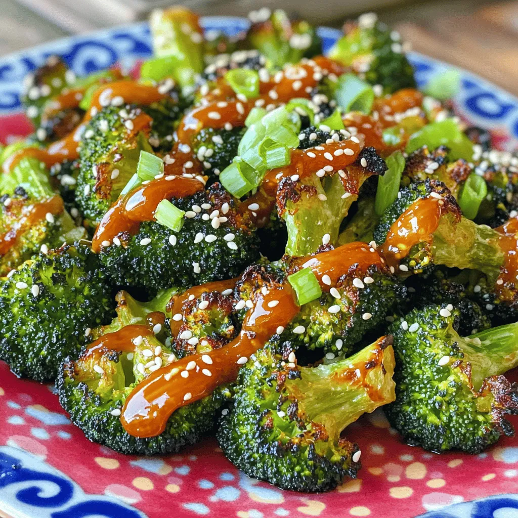 To make sweet chili roasted broccoli, you'll need simple and fresh ingredients. Here’s what you need: - 1 large head of broccoli, cut into bite-sized florets - 3 tablespoons olive oil - 3 tablespoons sweet chili sauce - 1 tablespoon soy sauce - 1 teaspoon freshly grated ginger - 2 cloves garlic, minced - Salt and freshly ground black pepper to taste - 1 tablespoon sesame seeds (optional) - Chopped green onions for garnish (optional) These ingredients blend to create a tasty dish. The sweet chili sauce gives the broccoli a nice kick. The olive oil helps it roast well, while ginger and garlic add depth of flavor. You can skip the sesame seeds if you want, but they add a nice crunch. Green onions bring color and freshness to the dish. For the full experience, check out the Full Recipe. You’ll enjoy how these ingredients work together to make a fun side dish! First, set your oven to 425°F (220°C). Preheating helps the broccoli cook evenly. This step is key for getting that perfect roast. In a large bowl, mix together the olive oil, sweet chili sauce, soy sauce, ginger, minced garlic, salt, and pepper. Whisk it all together until it blends well. This sauce adds great flavor to the broccoli. Add the bite-sized broccoli florets into the bowl. Toss them gently until each piece is covered with the marinade. The more even the coat, the better the taste! Line a baking sheet with parchment paper. Spread the coated broccoli in a single layer. Avoid crowding the pan to ensure even roasting. Roast it in the oven for about 20-25 minutes. Stir halfway through to help it cook evenly. Look for tender broccoli with crispy edges. If you want to add sesame seeds, sprinkle them over the broccoli after roasting. Put the baking sheet back in the oven for 2-3 minutes. This toasts the seeds and boosts their flavor. Once done, let the broccoli cool for a couple of minutes. If you like, sprinkle some chopped green onions on top for a fresh look. You can find the full recipe above to make this tasty dish come to life! To get perfectly roasted broccoli, make sure to cut the florets into similar sizes. This way, they cook evenly. When you place them on the baking sheet, give each piece space. Crowding the pan can lead to steaming instead of roasting. Stir the broccoli halfway through cooking. This keeps the edges crispy and golden. The marinade in this recipe is key to great taste. You can switch out sweet chili sauce with other sauces like teriyaki or honey mustard for a new twist. Try adding a splash of lime juice for zing. If you like heat, toss in a pinch of red pepper flakes. Let the broccoli soak in the marinade for at least 15 minutes before roasting. This helps the flavors sink in. To serve your sweet chili roasted broccoli, use a bright plate. It makes the colors pop! Drizzle some extra sweet chili sauce on top for a touch of flair. Sprinkle sesame seeds and chopped green onions for a fresh look. These small details will impress your guests and make the dish even more tempting. For the full recipe, check the earlier section! {{image_4}} You can boost the taste of your sweet chili roasted broccoli by adding seeds. Sesame seeds give a nice crunch and nutty flavor. Try adding sunflower seeds or pumpkin seeds for a different twist. Both add great texture and nutrients. Just sprinkle them on before roasting or toast them first for extra flavor. If you like more heat, add red pepper flakes to the marinade. It gives a nice kick. You can also mix in chopped bell peppers or carrots for added color and taste. If you prefer a tangy flair, a splash of lime juice can brighten the dish. Feel free to play with flavors based on your taste. Don't limit yourself to broccoli! You can use cauliflower, Brussels sprouts, or even asparagus. These veggies roast well and soak up the sweet chili sauce nicely. Just adjust the cooking time based on the vegetable you choose. This way, you can enjoy a variety of roasted veggie dishes. For the full recipe, check out Sweet Chili Roasted Broccoli! To keep your sweet chili roasted broccoli fresh, let it cool first. Then, place it in an airtight container. Store it in the fridge. It will last for about 3 to 5 days. If you want to keep it longer, consider freezing it. When you're ready to enjoy your leftovers, reheating is simple. You can use the oven or microwave. For the oven, preheat it to 350°F (175°C). Spread the broccoli on a baking sheet and heat for about 10 minutes. This method keeps the broccoli crispy. If you use the microwave, heat it in short intervals, about 30 seconds at a time. Stir in between to avoid uneven heating. Freezing sweet chili roasted broccoli is a great way to save it for later. First, cool the broccoli completely. Then, spread it in a single layer on a baking sheet. Freeze it for 1 to 2 hours. Once frozen, transfer it to a freezer bag or container. Remove as much air as possible. The broccoli can last for up to 3 months in the freezer. When you're ready to eat it, thaw it in the fridge overnight before reheating. Enjoy this tasty side dish again! You can find the full recipe in the earlier sections. You can use sriracha mixed with honey for a spicy-sweet blend. Alternatively, mix ketchup with red pepper flakes for a quick fix. Both options will still give your broccoli a tasty kick. Look for bright green florets with crispy edges. The broccoli should be tender but not mushy. You can poke a piece with a fork to check its softness. If it feels right, it’s ready to enjoy! Yes, you can prep the broccoli and marinade the day before. Just store them in the fridge. When ready, roast the broccoli as directed. This saves time and keeps the flavors fresh! Serve it as a side dish with grilled chicken or fish. It also pairs well with rice or quinoa. For a fun twist, add it to salads or grain bowls. You can even toss it in a wrap for a tasty lunch! For the full recipe, check out the Sweet Chili Roasted Broccoli 🥦 section. You learned how to make sweet chili roasted broccoli. We covered the ingredients, step-by-step instructions, and tips for perfect roasting. Variations help you customize the flavor, while storage tips ensure your leftovers stay fresh. You can substitute ingredients and prepare this dish ahead for easy meals. Enjoy this tasty and healthy side whenever you want! Now, get cooking and treat yourself to this delicious recipe!