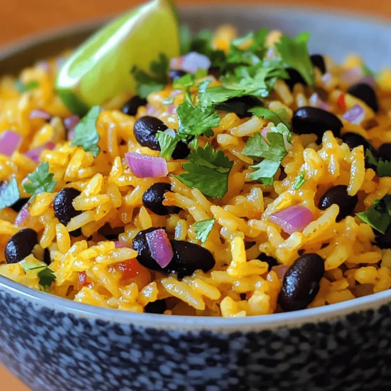 - 1 cup jasmine rice - 1 can (400ml) coconut milk - 1 cup vegetable broth Jasmine rice is fragrant and fluffy. It absorbs the creamy coconut milk well. Coconut milk gives the dish its rich, tropical flavor. Vegetable broth adds depth and enhances the taste. - 1 can (400g) black beans, rinsed and drained - 1 small red onion, finely chopped - 2 cloves garlic, minced - 1 teaspoon ground cumin - 1 teaspoon smoked paprika Black beans add protein and a hearty texture. Red onion brings sweetness and color. Garlic adds a savory punch. Cumin and smoked paprika give the dish warmth and earthiness. - Juice of 1 lime - Fresh cilantro, chopped - 1 tablespoon olive oil Lime juice brightens the dish with acidity. Fresh cilantro adds a pop of color and freshness. Olive oil helps sauté the onion and gives a nice finish. You can find the full recipe to try this delightful dish yourself! 1. To start, heat the olive oil in a medium-sized saucepan over medium heat. 2. Add the finely chopped red onion. Sauté for 3-4 minutes. You want it soft and translucent. 3. Next, stir in the minced garlic. Cook for about one minute. This makes the kitchen smell amazing. 4. Now, add the jasmine rice to the pan. Toast the rice by stirring it for 2 minutes. This step adds a nutty flavor to the dish. 1. Carefully pour in the coconut milk and vegetable broth. 2. Season the mix with salt, pepper, ground cumin, and smoked paprika. 3. Stir everything well to combine. 4. Bring the mixture to a gentle simmer. Then, lower the heat, cover the pan, and cook for 15-18 minutes. The rice should be tender and absorb all the liquid. 1. While the rice cooks, take a separate saucepan. Combine the rinsed black beans with lime juice and a pinch of salt. 2. Heat the beans over low heat for 5-7 minutes. Stir occasionally until they are warmed through. Once the rice is done, fluff it with a fork. Let it rest for a few minutes. This makes it perfect for serving. For the full recipe, check the section above. - Perfecting rice texture: Use jasmine rice for that fluffy and fragrant finish. Always rinse it well before cooking. This removes excess starch, preventing it from becoming sticky. When cooking, keep the lid on the pot. This traps steam and helps the rice cook evenly. - Avoiding garlic browning: Garlic can quickly go from golden to burnt. To keep it light and fresh, cook it for just a minute. Stir it often to prevent it from browning. This way, it stays flavorful without overpowering the dish. - Recommended seasoning adjustments: If you love spice, add a pinch of cayenne or chili powder. For more depth, try adding a bay leaf during cooking. This little change can elevate the dish's flavor. - Suggestions for garnishing: Fresh cilantro adds a bright touch. A squeeze of lime on top adds zest. You can even sprinkle some toasted coconut for a crunchy finish. - Plating ideas: Serve the coconut rice in colorful bowls for a fun look. Place the rice slightly off-center, then add a scoop of black beans. This creates a beautiful contrast on the plate. - Pairing with proteins or sides: This dish goes well with grilled chicken or shrimp. You can also serve it with a side of sautéed vegetables for a complete meal. It’s a great way to enjoy a balanced plate. For the full recipe, click here: [Full Recipe]. {{image_4}} You can add coconut flakes for extra texture. I love using unsweetened flakes. They give a nice crunch and a stronger coconut taste. Another great idea is mixing in vegetables. Peas, corn, or bell peppers can brighten up the dish. Just toss them in when the rice is cooking. They will soak up all the delicious flavors. This recipe is easy to make vegan. Just ensure the broth is vegetable-based. For gluten-free options, stick with the right broth and check labels. Both choices keep the dish tasty and safe for all diets. Coconut rice and black beans pair well with many dishes. Try grilled chicken or fish for a complete meal. You can also add a fresh salad on the side. It adds color and crunch. For sides, plantain chips or avocado slices work well. They add more flavor and texture to your plate. After you enjoy your coconut rice and black beans, store any leftovers in an airtight container. This keeps them fresh. Your dish will last in the fridge for about 3 to 4 days. If you want to eat it later, make sure to cool it completely before placing it in the fridge. To freeze coconut rice and beans, pack them in a freezer-safe container. Leave some space at the top for expansion. You can freeze them for up to 3 months. When you are ready to eat, just take the container out of the freezer. Thaw the rice and beans in the fridge overnight. If you need it fast, use the microwave at a low power setting. This way, your dish will stay nice and moist. For reheating, use the stovetop for the best flavor and texture. Add a splash of water or broth to keep it from drying out. Heat over low until warm. You can also use the microwave. Just cover it to trap steam, and heat in short bursts. This helps keep your dish delicious! If you don’t have jasmine rice, you can use other types of rice. Here are some great options: - Basmati rice: This rice has a nice aroma and fluffy texture. - Long-grain white rice: This is a simple, easy-to-find choice. - Brown rice: This option is heartier and healthier but takes longer to cook. - Quinoa: A gluten-free grain that adds a nutty flavor. Each option brings a different taste and texture, so feel free to experiment! Adding protein makes this dish more filling. Here are some easy suggestions: - Grilled chicken: Tender and juicy, it pairs well with the rice. - Shrimp: Quick to cook, shrimp adds a nice touch of seafood flavor. - Tofu: A great plant-based option, just sauté until crispy. - Ground beef or turkey: Cook it with spices to blend flavors. - Lentils: For a vegetarian choice, add cooked lentils for extra protein. These additions can make your meal heartier and more satisfying. Yes, you can make this recipe ahead. Here are some tips: - Cook the rice and beans separately and store them in the fridge. - Keep each in airtight containers to maintain freshness. - They can last about 3-4 days in the fridge. - Reheat before serving; add a splash of coconut milk for creaminess. Making it ahead saves time and lets the flavors blend nicely. No, this recipe is not spicy. Here’s why: - The main flavors come from coconut, black beans, and spices. - Ground cumin and smoked paprika add warmth but no heat. - If you want spice, you can add diced jalapeños or chili powder. This dish is perfect for those who prefer milder flavors. Enjoy it as is or spice it up to your liking! In this guide, we explored the tasty world of coconut rice and black beans. We covered key ingredients like jasmine rice and coconut milk, plus some great spices and garnishes. You learned step-by-step instructions to prepare and cook the dish, along with helpful tips for flavor and texture. We also shared variations and storage tips, making it easy to customize and enjoy. Now, you have the tools to create a delicious meal that suits your taste. Your kitchen adventures await!