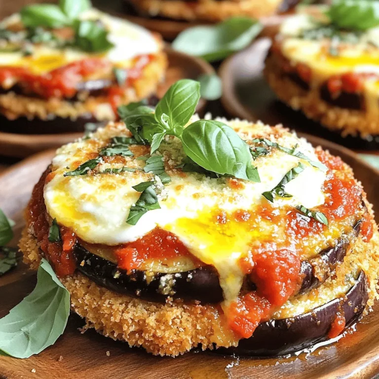 - 2 medium eggplants, sliced into 1/2-inch rounds - 1 teaspoon salt - 2 cups marinara sauce - 1 1/2 cups shredded mozzarella cheese - 1/2 cup grated Parmesan cheese - 1 cup all-purpose flour - 2 large eggs, beaten - 1 cup breadcrumbs (preferably panko for extra crunch) - 1 teaspoon dried oregano - 1 teaspoon dried basil - Fresh basil leaves for garnish - Olive oil for drizzling Baked Eggplant Parmesan needs simple yet flavorful ingredients. For eggplants, you want medium, firm ones. The salt helps draw out moisture and bitterness, making them taste better. Use any good brand of marinara sauce; homemade works too! For cheese, I love mozzarella for its meltiness and Parmesan for its sharp taste. If you want to make it lighter, you can try using low-fat cheese. You can swap all-purpose flour for whole wheat flour if you prefer. Breadcrumbs can be regular, but panko gives that extra crunch. Each serving of Baked Eggplant Parmesan has about 350 calories. There are 18 grams of fat and 15 grams of protein. This dish also offers a good amount of vitamins from the eggplants and herbs. To reduce calories, you can use less cheese or add more vegetables. If you have allergens, use gluten-free breadcrumbs and check your marinara sauce for any hidden ingredients. To start, you must prepare the eggplants. Slice them into 1/2-inch rounds. Next, sprinkle 1 teaspoon of salt over the slices. This step draws out moisture and bitterness. Let them sit for 30 minutes. After that, rinse them under cold water and pat them dry with paper towels. Next, set up your breading station. You need three shallow dishes. One should hold 1 cup of all-purpose flour. The second dish will have 2 large beaten eggs. In the third dish, mix 1 cup of breadcrumbs with 1 teaspoon of dried oregano and 1 teaspoon of dried basil. Now, it's time to fry the breaded eggplant slices. Heat a thin layer of olive oil in a large skillet over medium heat. Fry the eggplant in batches. Do not overcrowd the pan. Cook for about 3-4 minutes on each side until golden brown and crispy. Once cooked, transfer the fried slices to a paper towel-lined plate. Next, layer the eggplant and sauce in the baking dish. Spread a thin layer of marinara sauce in a 9x13 inch baking dish. Place half of the fried eggplant slices on top. Spoon half of the remaining marinara sauce over the eggplant. Then, sprinkle half of the shredded mozzarella and half of the grated Parmesan cheese. Repeat this layering process with the rest of the fried eggplant. Finish with the remaining sauce, mozzarella, and Parmesan. Drizzle a little olive oil over the top layer. Cover the dish with aluminum foil. Now, bake the dish in the preheated oven at 375°F (190°C). Bake for 25 minutes. After this, carefully remove the foil. Continue baking for 15-20 minutes until the cheese is bubbly and golden brown. Let the dish cool for a few minutes after baking. Slice into portions and garnish with fresh basil leaves. This adds a nice touch to your dish. For a restaurant-style presentation, serve on individual plates. You can also pair this with crispy garlic bread for a delightful meal. - To keep the eggplant crispy, ensure oil is hot before frying. - For a healthier dish, use whole wheat flour and low-fat cheese. - Add garlic powder and red pepper flakes for a kick. - Try using ricotta or goat cheese for a creamy twist. - Don’t overcrowd the frying pan; this makes the eggplant soggy. - Always let the eggplant drain well; this prevents excess moisture. {{image_4}} You can easily make Baked Eggplant Parmesan plant-based. Replace the cheese with almond or cashew cheese. You can add extra veggies too. Think about mushrooms, zucchini, or bell peppers. Layering these with eggplant boosts flavor and nutrition. If you need a gluten-free version, swap regular breadcrumbs for gluten-free ones. You can also use crushed rice cakes or cornmeal for the breading. These options keep the crunch while avoiding gluten. Using different cheeses can change the dish's flavor. Try gouda, provolone, or fontina for a unique twist. You can also use vegan cheese if you want a dairy-free option. This keeps the dish creamy and delicious without the dairy. For the complete recipe, check out the [Full Recipe]. To keep your Baked Eggplant Parmesan fresh, store leftovers in the fridge. Use airtight containers to prevent moisture loss. I suggest using glass containers for their durability. Make sure to let the dish cool before sealing it. This helps avoid sogginess. When stored properly, it lasts about 3-5 days in the fridge. Freezing is a great option if you want to save some for later. First, let the dish cool completely. Then, cut it into portions for easy reheating. Wrap each piece tightly in plastic wrap and place it in a freezer-safe container. This way, you can enjoy it later without losing flavor. It can last up to three months in the freezer. When you’re ready to eat, thaw the dish in the fridge overnight. To reheat, place the portions in a baking dish. Cover with foil to maintain moisture, then reheat at 350°F (175°C) for about 20-30 minutes. This keeps the texture nice and the cheese bubbly. For the best taste, you can add a splash of marinara sauce before reheating. For the full recipe, check the ingredients and instructions earlier in the article. Enjoy your leftovers! Baked Eggplant Parmesan can last about 3 to 5 days in the fridge. Make sure to store it in an airtight container. This helps keep it fresh and tasty. If you see any signs of spoilage, like a bad smell or mold, toss it out. Yes, you can prepare Baked Eggplant Parmesan ahead of time. You can bread the eggplant and layer the dish, then cover it and keep it in the fridge. Bake it later when you’re ready to enjoy. This makes it a great option for busy days or gatherings. Baked Eggplant Parmesan has some healthy aspects. Eggplants are low in calories and high in fiber. They also contain antioxidants. However, it can be high in cheese and sauce, so watch your portions. You can make it lighter by using less cheese or whole-grain breadcrumbs. For the full recipe, check out the details above. We covered how to make a delicious Baked Eggplant Parmesan. You learned about the key ingredients, their nutritional facts, and how to modify them. I shared step-by-step instructions to achieve perfect layers with tips for serving. We explored various cooking methods and ways to avoid common mistakes. Lastly, I gave you ideas for storage and answered frequent questions. With these insights, you can create a tasty dish that suits your needs and preferences. Enjoy your cooking journey!