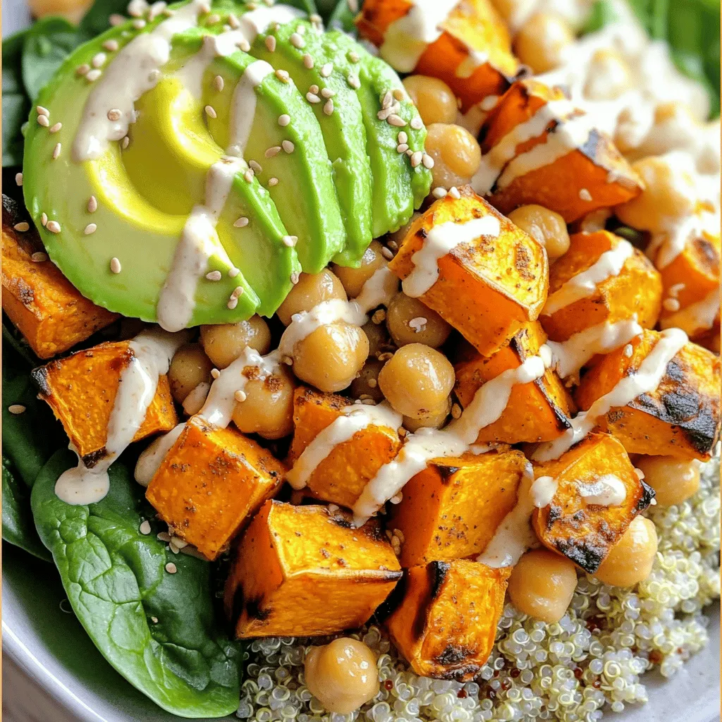 - 1 large sweet potato, peeled and cut into 1-inch cubes - 1 can (15 oz) chickpeas, drained and thoroughly rinsed - 2 cups cooked quinoa (about 1 cup dry quinoa) - 1 tablespoon extra virgin olive oil - 1 teaspoon ground cumin - 1 teaspoon smoked paprika - Sea salt and freshly cracked pepper to taste - 1/4 cup creamy tahini - 2 tablespoons freshly squeezed lemon juice - 2 tablespoons water (more if needed) - 1 tablespoon pure maple syrup (optional for added sweetness) - 1 ripe avocado, sliced - 1 cup fresh baby spinach - Sesame seeds for garnish This recipe creates a vibrant and tasty bowl that is both filling and healthy. Sweet potatoes give it a warm and sweet flavor. Chickpeas add protein and fiber. Quinoa brings a nutty taste and texture. Each bite is a mix of savory and fresh. You can customize the seasonings to suit your taste. For the dressing, tahini provides creaminess while lemon juice adds a zesty kick. If you want a bit more sweetness, maple syrup works well. For garnishing, add fresh spinach for color and crunch. Avocado slices add a rich, creamy layer. Sesame seeds give a nice crunch and finish the dish beautifully. This Sweet Potato Chickpea Buddha Bowl is not just delicious; it is also packed with nutrients. The ingredients work together to create a satisfying meal that looks as good as it tastes. For the complete recipe, check out the [Full Recipe]. 1. Preheat your oven to 400°F (200°C). This step is key for roasting. 2. In a large bowl, combine the cubed sweet potatoes and chickpeas. 3. Drizzle them with olive oil. 4. Sprinkle in the cumin, smoked paprika, sea salt, and pepper. 5. Toss everything well until coated. 1. Line a baking sheet with parchment paper. This makes cleanup easy. 2. Spread the sweet potato and chickpea mix in a single layer. 3. Place the baking sheet in the oven. 4. Roast for 25 to 30 minutes. Stir halfway through to ensure even cooking. 1. In a small bowl, whisk together tahini, lemon juice, water, and maple syrup if you want sweetness. 2. Whisk until the dressing is smooth. 3. If it’s thick, add more water, one teaspoon at a time, to reach the right consistency. - Optimal oven temperature: Set your oven to 400°F (200°C). This heat crisps the sweet potatoes and chickpeas well. - How to avoid sogginess: Spread the sweet potato and chickpea mix in a single layer on the baking sheet. Stir halfway through roasting. This keeps them from steaming and ensures each piece gets that nice, crispy edge. - Arrangement for visual appeal: When you build your Buddha bowl, layer the ingredients. Start with quinoa, then add spinach, roasted sweet potatoes, and chickpeas. Place avocado slices on top. This makes each bowl look inviting and colorful. - Pairing with additional ingredients: You can add roasted nuts or seeds for crunch. Fresh herbs like cilantro or parsley add brightness. A sprinkle of chili flakes can bring in some heat. - Health advantages of ingredients: Sweet potatoes give you fiber, vitamins, and antioxidants. Chickpeas offer protein and help keep you full. Quinoa is a complete protein, packed with nutrients. - Meal balancing tips: Make sure to include healthy fats. The tahini dressing and avocado provide this. Balance your bowl with greens for vitamins and minerals. A colorful mix means a variety of nutrients. Feel free to explore the Full Recipe for even more details on making this delicious meal! {{image_4}} You can change the grains and legumes in this bowl for a different taste. Try brown rice or farro instead of quinoa. If you want to switch the chickpeas, use black beans or lentils. These swaps can change the flavor and texture. Seasonal vegetables are a great addition. In the fall, try roasted Brussels sprouts or butternut squash. In the summer, add cherry tomatoes or zucchini. These changes make your Buddha bowl fresh and exciting. To make the bowl more flavorful, add spices. Try curry powder or chili powder for some heat. A pinch of cinnamon can add a warm touch too. Experiment with these spices to find your favorite mix. Different dressings can also change the taste. You can use a lemon-tahini dressing for a zesty kick or a peanut sauce for a creamy texture. Don’t be afraid to try new flavors to keep things interesting. If you need gluten-free options, this bowl is easy to adapt. Both quinoa and chickpeas are gluten-free. Just make sure other ingredients, like dressings or grains, are also gluten-free. For vegan adaptations, this recipe is already plant-based. Just ensure your dressings and extras are free of animal products. The Sweet Potato Chickpea Buddha Bowl is a tasty choice for anyone looking for healthy meals. For the complete recipe, check the Full Recipe section. To keep your Sweet Potato Chickpea Buddha Bowl fresh, refrigerate it right away. Use airtight containers to store the leftovers. Glass containers work well, as they don’t absorb odors. You can also use plastic containers. Make sure to let the bowl cool before sealing it. This helps prevent moisture build-up. When you're ready to enjoy your leftovers, reheat them gently. The best way is to use the oven. Preheat the oven to 350°F (175°C). Place the bowl in the oven for about 10 to 15 minutes. This method keeps the sweet potatoes and chickpeas from getting mushy. You can also use a microwave. Heat in short bursts, stirring in between. This ensures even heating. Aim to eat leftovers within three days for the best taste. In the fridge, your Buddha bowl stays fresh for about three days. If you want to keep it longer, consider freezing it. The dish can last up to three months in the freezer. To freeze, store in a freezer-safe container. Make sure to label the container with the date. When ready to eat, thaw it overnight in the fridge. Then, reheat as mentioned before. Enjoy this tasty meal even after a few months! A Buddha bowl is a colorful meal that has many healthy ingredients. It often has a base of grains, like quinoa, and is topped with veggies, protein, and dressing. The name comes from the idea that a bowl resembles a Buddha's round belly, full of goodness. These bowls are great for lunch or dinner and very easy to make. Yes, you can prepare this bowl ahead of time. It saves you time on busy days. Here are some tips for meal prep: - Roast the sweet potatoes and chickpeas in advance. - Store them in the fridge for up to three days. - Cook the quinoa ahead and keep it in an airtight container. - Prepare the tahini dressing and store it separately. - Assemble your bowl right before eating for the best taste. You can add many toppings to make your Buddha bowl special. Here are some ideas: - Fresh herbs like cilantro or parsley for flavor. - Nuts or seeds for crunch, such as pumpkin seeds or walnuts. - Pickled vegetables for tanginess, like red onions or radishes. - Sliced jalapeños for heat, if you like spice. - A sprinkle of feta cheese or nutritional yeast for creaminess. Feel free to mix and match toppings to create your perfect bowl! For the complete recipe, check out the [Full Recipe]. This blog post covered how to make a Sweet Potato Chickpea Buddha Bowl. We explored the key ingredients, like sweet potatoes, chickpeas, and quinoa. I shared tips on roasting and making tahini dressing. We also discussed variations, storage info, and answered common questions. Creating this dish is easy and rewarding. You get to enjoy a colorful, healthy meal. Remember, you can customize it to fit your taste and diet. Make it your own and enjoy every bite!