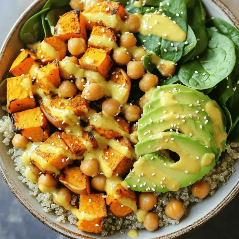 - Sweet potatoes and chickpeas: These are the base ingredients. Sweet potatoes add sweetness and creaminess. Chickpeas bring protein and a hearty texture. - Quinoa and spinach: Quinoa adds a nutty flavor and is rich in protein. Spinach gives a fresh and vibrant color to the dish. - Tahini dressing: This creamy dressing ties all flavors together. It combines tahini, lemon juice, and maple syrup for a delightful taste. - Selecting sweet potatoes: Choose firm sweet potatoes with vibrant skin. Look for a smooth surface and avoid any blemishes. - Choosing chickpeas: You can use canned or dried chickpeas. Canned chickpeas save time and need only rinsing. Dried chickpeas require soaking and longer cooking. - Fresh produce: Always pick ripe ingredients. Colorful and firm vegetables usually mean better flavor and nutrition. First, preheat your oven to 400°F (200°C). This high temperature is key for roasting. It helps the sweet potatoes get soft and caramelized. Next, take a large baking sheet and add the cubed sweet potatoes and drained chickpeas. Drizzle the olive oil over them. Then, sprinkle the smoked paprika, ground cumin, salt, and black pepper. Toss everything well. You want to ensure every piece is coated evenly. Spread the mixture in a single layer on the baking sheet. Place the baking sheet in the hot oven. Roast the sweet potatoes and chickpeas for about 25-30 minutes. Halfway through, turn them gently with a spatula. This step helps them cook evenly. When done, they should be tender and have a light brown color. While your sweet potatoes and chickpeas roast, it’s time to make the tahini dressing. In a small bowl, whisk the tahini, lemon juice, maple syrup, and water together. Start with 1/4 cup of water, but add more if needed. You want a smooth consistency. Taste the dressing and adjust the flavors to your liking. If you want it sweeter, add more maple syrup. For a tangy kick, add more lemon juice. After everything is ready, you will build your Buddha bowl with quinoa, roasted sweet potatoes, and chickpeas. Drizzle the tahini dressing on top for that nutty flavor. Don’t forget the sesame seeds for a delightful crunch! For the full recipe, check out [Full Recipe]. - Avoiding mushy sweet potatoes: Roast your sweet potatoes for 25-30 minutes. This gives them a soft texture without turning mushy. Check them halfway. If they need more time, let them roast a bit longer. - Quinoa cooking: For fluffy quinoa, use a 2:1 water-to-quinoa ratio. Bring it to a boil, then reduce heat and let it simmer for about 15 minutes. Let it rest with the lid on for five minutes after cooking. - Bowl assembly: Start with a base of quinoa. Then layer roasted sweet potatoes and chickpeas on top. Add fresh spinach and slices of avocado. This creates a colorful and inviting dish. - Garnishing ideas: Drizzle with tahini dressing and sprinkle sesame seeds on top. This not only adds flavor but also makes your bowl look beautiful. You can also use fresh herbs or a squeeze of lemon to brighten the dish. For the complete recipe, check the [Full Recipe]. {{image_4}} You can swap chickpeas for other legumes. Black beans or lentils work great too. They add a nice texture and flavor. If you want a nutty taste, try edamame. Each option brings something unique to the bowl. For the tahini dressing, you can mix in different flavors. Add garlic or ginger for a warm kick. A bit of spice from chili flakes can also wake it up. If you prefer sweetness, try honey instead of maple syrup. Each change can give your bowl a fresh vibe. Want more protein? Grilled chicken or tofu are tasty choices. Chicken adds a savory punch. Tofu, when grilled, offers a nice texture that pairs well. You can also boost flavors with toppings. Nuts like almonds or walnuts add crunch. Seeds such as pumpkin or sunflower seeds give a nice bite too. Fresh herbs like cilantro or parsley can brighten up your bowl. Mix and match as you like to make your bowl special! To keep your Sweet Potato Chickpea Buddha Bowl fresh, you should store it in the fridge. Place leftovers in an airtight container. This helps prevent moisture loss and keeps flavors intact. Enjoy your leftovers within three days for the best taste. If you want to keep it longer, freezing is a great option. You can freeze the sweet potatoes and chickpeas separately from the quinoa and fresh veggies. This way, you maintain texture when you reheat it. Make sure to use freezer-safe containers. Label everything with the date so you know when to use it. When it's time to enjoy your leftovers, reheating properly is key. The best way to reheat the bowl is in the oven. Preheat your oven to 350°F (175°C) and place the bowl on a baking sheet. Heat for about 15 minutes, or until everything is warm. This keeps the sweet potatoes and chickpeas crispy. If you want to use the microwave, do so carefully. Heat in short bursts of 30 seconds. Stir in between to avoid hot spots. To keep ingredients from getting soggy, avoid adding too much liquid when reheating. Enjoy your delicious meal just as you made it! What are the health benefits of this bowl? This bowl is packed with nutrients. Sweet potatoes provide fiber and vitamins. Chickpeas add protein and iron. Quinoa offers complete protein and healthy carbs. Spinach boosts vitamins A and C. The tahini dressing adds healthy fats. Overall, this bowl supports energy and wellness. Can I prepare this dish ahead of time? Yes, you can prep this dish in advance. Roast the sweet potatoes and chickpeas ahead. Store them in the fridge for up to three days. Cook the quinoa and keep it separate. Assemble your bowls when ready to eat. This makes meal prep quick and easy. How can I increase the protein content? To boost protein, add more chickpeas or quinoa. You can also mix in nuts or seeds. Grilled chicken or tofu are great options too. These additions keep the dish balanced and filling. Experiment with different proteins to find your favorite. What are some suitable sides to serve with this bowl? This bowl pairs well with a fresh salad. A tangy cucumber salad adds crunch. Roasted veggies enhance the meal’s flavor. You could also serve warm pita bread. These sides complement the bowl nicely and add variety to your plate. For more details, check out the [Full Recipe]. The Sweet Potato Chickpea Buddha Bowl is a healthy and tasty dish. We covered key ingredients like sweet potatoes, chickpeas, and quinoa. Choosing quality items can really boost your meal. I shared step-by-step tips for preparing and roasting. Don’t forget, variations and toppings can add your personal touch. Proper storage and reheating techniques help you enjoy leftovers later. This bowl is not only nutritious but easy to customize. Try these ideas to make your meals exciting and delicious. Enjoy every bite!