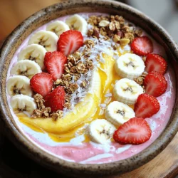 - 1 cup fresh or frozen strawberries - 1 ripe banana - 1/2 cup Greek yogurt - 1/2 cup almond milk - 1 tablespoon honey or maple syrup - 1 tablespoon chia seeds - Sliced banana - Sliced strawberries - Granola - Shredded coconut flakes - Mixed nuts or seeds To create the perfect Strawberry Banana Smoothie Bowl, gather your main ingredients first. The strawberries and banana are the stars of this dish. Strawberries bring a sweet, tart flavor, while the banana adds creaminess. Greek yogurt gives your bowl a nice thickness and a protein boost. Almond milk keeps everything smooth and light. For a touch of sweetness, you can add honey or maple syrup. Chia seeds add a fun texture and pack in nutrients. Now, for the toppings, I love to use sliced banana and strawberries to make it look colorful. A sprinkle of granola adds crunch, while shredded coconut gives a tropical flair. Adding mixed nuts or seeds can give your bowl an extra protein punch. Check out the Full Recipe for all the details on how to blend these flavors into a delicious smoothie bowl! Start by placing the following ingredients in your blender: - 1 cup fresh or frozen strawberries, hulled - 1 ripe banana, peeled - 1/2 cup Greek yogurt - 1/2 cup almond milk - 1 tablespoon chia seeds If you like it sweeter, feel free to add 1 tablespoon of honey or maple syrup. This step is key for a tasty base. Now, blend everything on high speed. Keep blending until it is smooth and creamy. You might need to stop once or twice. Scrape down the sides of the blender to mix well. This ensures all ingredients blend evenly. Next, carefully pour your smoothie into a bowl. Use a spatula if needed to get every bit out. This helps avoid wasting any delicious mixture. It's time to add your favorite toppings! The full recipe gives more details on how to make your bowl beautiful and tasty. You can make this smoothie bowl sweeter by adjusting the honey or maple syrup. Start with one tablespoon and taste before serving. If you want more sweetness, add a bit more. Remember, everyone's taste is different. For a thicker bowl, use frozen strawberries instead of fresh. This change makes the smoothie rich and creamy. You can also adjust the almond milk. Add more for a thinner texture or less for thickness. Play around until you find what you love. Make your bowl look pretty! Create patterns with toppings for a fun visual. Use sliced bananas and strawberries to add color. A mix of fruits makes the bowl pop. This way, it’s not just tasty; it looks amazing too. {{image_4}} If you want to make this bowl dairy-free, try these simple swaps: - Use coconut yogurt instead of Greek yogurt. - Swap almond milk for oat or soy milk. These changes keep your smoothie bowl creamy and delicious without dairy. Coconut yogurt adds a nice tropical taste, while oat and soy milk offer different flavors too. Want to amp up the nutrition? Here are a couple of ideas: - Add a scoop of protein powder. This gives you extra energy and keeps you full longer. - Mix in some spinach for a green boost. You won't taste it, but it adds iron and vitamins. These ingredients are easy to include and they elevate your smoothie bowl. You can experiment with how much you add for your perfect blend. Using seasonal fruits can make your smoothie bowl exciting: - Try mango or blueberries when they are in season. They offer a fresh twist to your usual mix. - Change up your toppings by using different nuts and seeds. Walnuts, almonds, or sunflower seeds can add crunch and flavor. These swaps keep your bowl interesting and tasty all year round. Use what’s fresh and tasty to enjoy every bite! To keep your smoothie fresh, store it in an airtight container in the fridge. This helps prevent it from going bad. I recommend consuming it within 24 hours for the best taste. After that, the texture and flavor may change. You can blend and store the smoothie base ahead of time. This makes for quick breakfasts on busy mornings. Just remember to keep your toppings separate until you are ready to serve. This way, your smoothie bowl stays fresh and tasty. For a fun twist, try mixing different toppings each time! Yes, use plant-based yogurt and maple syrup instead of honey. This switch makes it dairy-free. Many people enjoy the taste of coconut yogurt in this bowl. It adds a nice creaminess. Add more frozen fruit or chia seeds for thickness. Frozen fruit gives a thicker texture without extra calories. Chia seeds absorb liquid and swell up, making the bowl nice and creamy. Alternatives include coconut yogurt or silken tofu. Coconut yogurt keeps the bowl creamy and adds flavor. Silken tofu is rich in protein and gives a smooth texture. You can choose based on your taste and diet. This blog post covered a tasty smoothie bowl recipe. It included ingredients, step-by-step instructions, tips, variations, and storage info. You now know how to create a custom smoothie bowl with your favorite fruits and toppings. Experiment with different flavors and textures to make it your own. Remember to store leftovers properly and try new seasonal fruits. Enjoy blending and savoring your delicious creations!