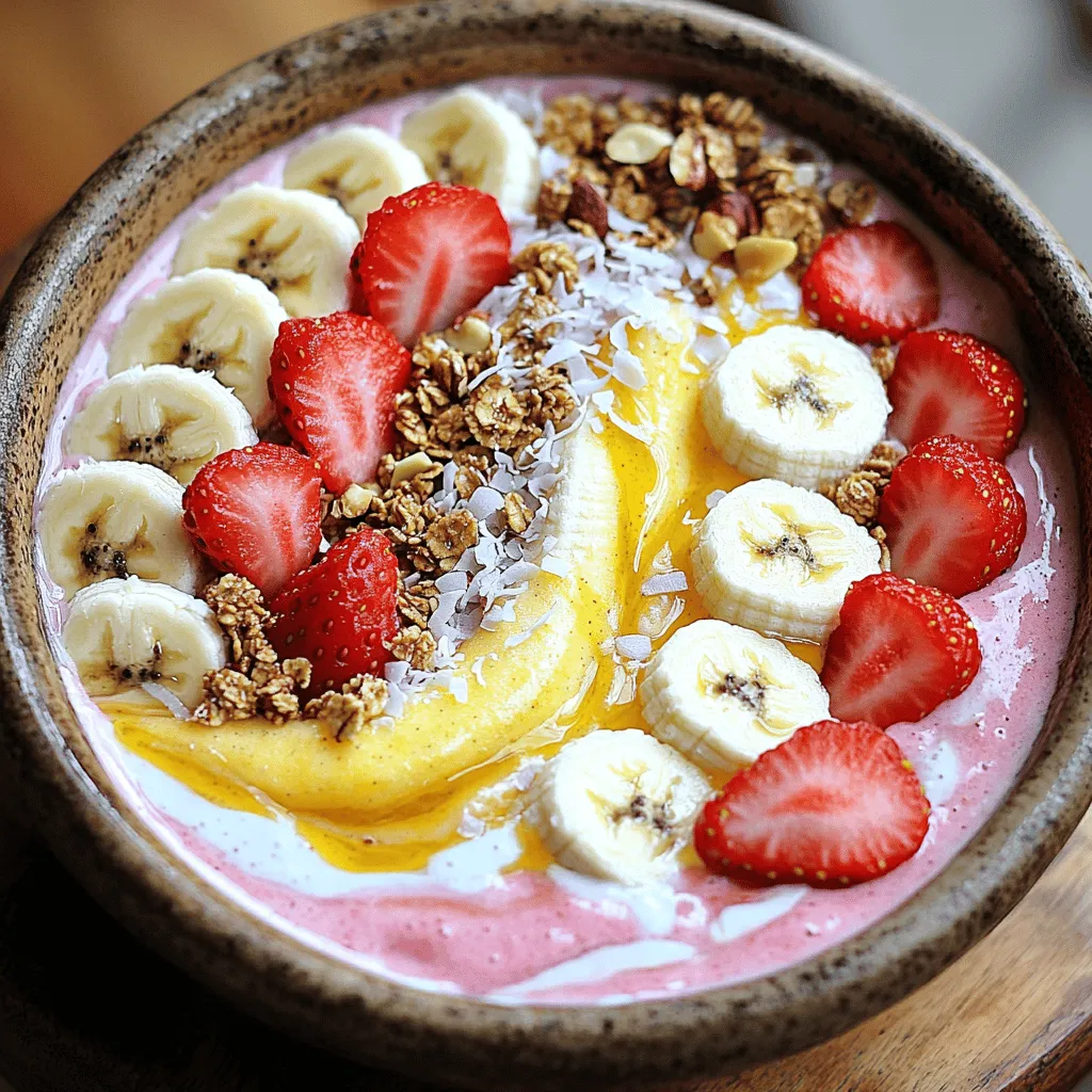 - 1 cup fresh or frozen strawberries - 1 ripe banana - 1/2 cup Greek yogurt - 1/2 cup almond milk - 1 tablespoon honey or maple syrup - 1 tablespoon chia seeds - Sliced banana - Sliced strawberries - Granola - Shredded coconut flakes - Mixed nuts or seeds To create the perfect Strawberry Banana Smoothie Bowl, gather your main ingredients first. The strawberries and banana are the stars of this dish. Strawberries bring a sweet, tart flavor, while the banana adds creaminess. Greek yogurt gives your bowl a nice thickness and a protein boost. Almond milk keeps everything smooth and light. For a touch of sweetness, you can add honey or maple syrup. Chia seeds add a fun texture and pack in nutrients. Now, for the toppings, I love to use sliced banana and strawberries to make it look colorful. A sprinkle of granola adds crunch, while shredded coconut gives a tropical flair. Adding mixed nuts or seeds can give your bowl an extra protein punch. Check out the Full Recipe for all the details on how to blend these flavors into a delicious smoothie bowl! Start by placing the following ingredients in your blender: - 1 cup fresh or frozen strawberries, hulled - 1 ripe banana, peeled - 1/2 cup Greek yogurt - 1/2 cup almond milk - 1 tablespoon chia seeds If you like it sweeter, feel free to add 1 tablespoon of honey or maple syrup. This step is key for a tasty base. Now, blend everything on high speed. Keep blending until it is smooth and creamy. You might need to stop once or twice. Scrape down the sides of the blender to mix well. This ensures all ingredients blend evenly. Next, carefully pour your smoothie into a bowl. Use a spatula if needed to get every bit out. This helps avoid wasting any delicious mixture. It's time to add your favorite toppings! The full recipe gives more details on how to make your bowl beautiful and tasty. You can make this smoothie bowl sweeter by adjusting the honey or maple syrup. Start with one tablespoon and taste before serving. If you want more sweetness, add a bit more. Remember, everyone's taste is different. For a thicker bowl, use frozen strawberries instead of fresh. This change makes the smoothie rich and creamy. You can also adjust the almond milk. Add more for a thinner texture or less for thickness. Play around until you find what you love. Make your bowl look pretty! Create patterns with toppings for a fun visual. Use sliced bananas and strawberries to add color. A mix of fruits makes the bowl pop. This way, it’s not just tasty; it looks amazing too. {{image_4}} If you want to make this bowl dairy-free, try these simple swaps: - Use coconut yogurt instead of Greek yogurt. - Swap almond milk for oat or soy milk. These changes keep your smoothie bowl creamy and delicious without dairy. Coconut yogurt adds a nice tropical taste, while oat and soy milk offer different flavors too. Want to amp up the nutrition? Here are a couple of ideas: - Add a scoop of protein powder. This gives you extra energy and keeps you full longer. - Mix in some spinach for a green boost. You won't taste it, but it adds iron and vitamins. These ingredients are easy to include and they elevate your smoothie bowl. You can experiment with how much you add for your perfect blend. Using seasonal fruits can make your smoothie bowl exciting: - Try mango or blueberries when they are in season. They offer a fresh twist to your usual mix. - Change up your toppings by using different nuts and seeds. Walnuts, almonds, or sunflower seeds can add crunch and flavor. These swaps keep your bowl interesting and tasty all year round. Use what’s fresh and tasty to enjoy every bite! To keep your smoothie fresh, store it in an airtight container in the fridge. This helps prevent it from going bad. I recommend consuming it within 24 hours for the best taste. After that, the texture and flavor may change. You can blend and store the smoothie base ahead of time. This makes for quick breakfasts on busy mornings. Just remember to keep your toppings separate until you are ready to serve. This way, your smoothie bowl stays fresh and tasty. For a fun twist, try mixing different toppings each time! Yes, use plant-based yogurt and maple syrup instead of honey. This switch makes it dairy-free. Many people enjoy the taste of coconut yogurt in this bowl. It adds a nice creaminess. Add more frozen fruit or chia seeds for thickness. Frozen fruit gives a thicker texture without extra calories. Chia seeds absorb liquid and swell up, making the bowl nice and creamy. Alternatives include coconut yogurt or silken tofu. Coconut yogurt keeps the bowl creamy and adds flavor. Silken tofu is rich in protein and gives a smooth texture. You can choose based on your taste and diet. This blog post covered a tasty smoothie bowl recipe. It included ingredients, step-by-step instructions, tips, variations, and storage info. You now know how to create a custom smoothie bowl with your favorite fruits and toppings. Experiment with different flavors and textures to make it your own. Remember to store leftovers properly and try new seasonal fruits. Enjoy blending and savoring your delicious creations!