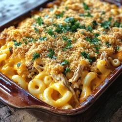 To make BBQ Chicken Mac and Cheese, gather these simple ingredients: - 8 ounces elbow macaroni - 2 cups cooked chicken, shredded - 1 cup BBQ sauce (your preferred flavor) - 2 cups shredded sharp cheddar cheese - 1 cup shredded mozzarella cheese - 1/2 cup cream cheese, softened - 1 teaspoon garlic powder - 1 teaspoon onion powder - Salt and pepper to taste - 1/2 cup panko breadcrumbs - 2 tablespoons fresh parsley, chopped (for garnish) If you want to switch things up, here are some ideas: - You can use any pasta shape, like penne or shells. - Swap the chicken for shredded beef or pulled pork for a different taste. - If you don't have BBQ sauce, try using a mix of ketchup and mustard. - For the cheeses, feel free to mix in gouda or pepper jack for extra flavor. - You can replace panko breadcrumbs with crushed crackers or even skip them entirely. Using good ingredients makes your BBQ Chicken Mac and Cheese taste amazing. Fresh chicken and real cheese create a rich flavor. High-quality BBQ sauce can enhance the dish's overall taste too. Quality ingredients also help with texture. Cream cheese adds creaminess, while panko gives a nice crunch. Always choose what you love. This way, your meal will shine. Check out the Full Recipe for all the details! To make BBQ chicken mac and cheese, start by cooking the pasta. Bring a large pot of salted water to a rolling boil. Add the elbow macaroni and cook it until al dente. This usually takes about 7-8 minutes. Drain the pasta and place it in a large mixing bowl. Next, mix the shredded chicken with BBQ sauce in a spacious bowl. You want the chicken to be well-coated, so stir it well. This adds great flavor to your dish. Now, let's make the cheese sauce. In a saucepan over medium heat, combine cream cheese, cheddar cheese, and mozzarella cheese. Stir until the cheeses melt and become smooth. This step is key for a creamy texture. Season the sauce with garlic powder, onion powder, salt, and pepper. Taste as you go to get the right flavor. Once the cheese sauce is ready, fold in the cooked macaroni and BBQ chicken. Make sure everything is mixed well. You want each bite to be cheesy and flavorful. Preheat your oven to 350°F (175°C) and grease a 9x13 inch baking dish. Pour in the mac and cheese mixture and spread it evenly. Finally, top the dish with the remaining cheese and panko breadcrumbs. This will give a nice crunch when baked. Place the dish in the oven and bake for 20-25 minutes. Look for bubbling cheese and a golden breadcrumb topping. - Use salted water to enhance the flavor of the pasta. - Avoid overcooking the pasta; it should be al dente for the best texture. - Rinse the pasta briefly after draining to stop the cooking process. - Use room temperature cream cheese for easier mixing. - Stir continuously to prevent the cheese from sticking to the pan. - Adjust the cheese types based on your taste; sharp cheddar adds great flavor. For the full recipe, check out the complete guide above. When making BBQ chicken mac and cheese, avoid overcooking the pasta. Cook it just until al dente. If you cook it too long, it can become mushy. Also, don’t skip the cream cheese. It adds a rich, creamy texture. Failing to mix the BBQ sauce well can leave dry spots. Make sure the chicken is fully coated. You can personalize this dish in many ways! Try using different cheeses like pepper jack for a spicy kick. Add veggies like sweet corn or diced bell peppers for extra color and crunch. You can also swap the elbow macaroni for gluten-free pasta. If you want a smoky flavor, add smoked paprika to the cheese sauce. Serve your BBQ chicken mac and cheese in warm bowls. This makes the meal feel cozy and inviting. A drizzle of extra BBQ sauce on top can enhance the flavor. You might also add a sprinkle of fresh parsley for a nice touch. Pair it with a simple green salad or some garlic bread for a complete meal. For the full recipe, check out the detailed instructions above! {{image_4}} You can make BBQ mac and cheese without meat. Start by using veggies instead of chicken. Try using roasted mushrooms, zucchini, or bell peppers. They add great flavor and texture. Use your favorite BBQ sauce to keep it tasty. For cheese, stick with sharp cheddar and mozzarella. You get a creamy and rich dish. You can also add some beans for protein. This makes it filling and healthy. If you need a gluten-free option, swap out the pasta. Use gluten-free elbow macaroni made from rice or corn. They work well in this dish. Check the BBQ sauce for gluten. Many brands offer gluten-free options. For the cheese, most are naturally gluten-free. Just make sure to read the labels. With these changes, you can enjoy BBQ chicken mac and cheese without the gluten. You can serve BBQ chicken mac and cheese two ways: baked or stovetop. Baking creates a crispy topping. Use panko breadcrumbs and extra cheese for a crunchy layer. This method makes the dish feel special. Stovetop cooking is quicker and easier. Just mix everything in one pot. It’s perfect for busy weeknights. Choose the method that fits your time and mood. Both styles taste amazing! For the full recipe, check the details above. To store your BBQ chicken mac and cheese, let it cool first. Once cooled, transfer it to an airtight container. Make sure to seal it well to keep out air. You can keep it in the fridge for up to three days. This way, you can enjoy it again without losing flavor. When you're ready to eat, you can reheat it easily. Place your portion in a microwave-safe dish. Cover it with a damp paper towel to keep it moist. Heat in short bursts of 30 seconds until warm. Stir halfway through for even heating. If you prefer the oven, preheat it to 350°F (175°C). Bake for about 15 minutes, or until it’s hot throughout. If you want to save it for later, freezing is a great option. Use a freezer-safe container or freezer bags. Make sure to remove as much air as possible. Label it with the date. It can stay frozen for up to three months. When you’re ready to enjoy, thaw it overnight in the fridge before reheating. For the best texture, reheat it in the oven. This helps restore the creamy goodness! For the full recipe, check out the BBQ Chicken Mac and Cheese Delight . Yes, you can make BBQ Chicken Mac and Cheese ahead of time. Prepare the dish up to the baking step. Store it in the fridge for up to two days. When you are ready to eat, simply bake it straight from the fridge. Add an extra five to ten minutes to the baking time. This makes it easy for busy weeknights or gatherings. You can use many types of cheese for this dish. Sharp cheddar and mozzarella are great choices. For a tangy twist, try adding gouda or pepper jack. If you want a creamier texture, consider using fontina or cream cheese. Mixing different cheeses adds depth to the flavor. Choose what you love for a more personalized dish. You can control the spice level to suit your taste. For mild heat, use regular BBQ sauce. If you like it spicy, select a hot BBQ sauce or add diced jalapeños. You could also sprinkle some cayenne pepper into the cheese sauce. Start with a small amount and taste as you go. Adjusting spice makes it fun and unique. For the full recipe, check the details above. In this blog post, I covered the key ingredients and methods for BBQ Chicken Mac and Cheese. I explained the importance of quality ingredients and provided handy cooking tips. I also shared ways to customize the dish and avoid common mistakes. You can even explore variations for different diets. Remember, great meals come from good planning and practice. Enjoy making this dish and impress your friends and family!