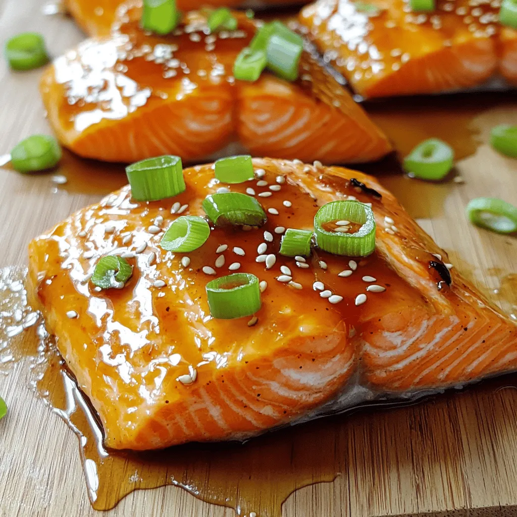 - 4 salmon fillets (approximately 6 oz each) - 1/4 cup pure honey - 2 tablespoons low-sodium soy sauce - 1 tablespoon rice vinegar - 1 teaspoon sriracha sauce - 2 cloves garlic, finely minced - 2 green onions, thinly sliced - 1 tablespoon sesame seeds - Sea salt and freshly ground black pepper, to taste In this recipe, I use fresh salmon fillets. These fillets are the star of the dish. When selecting salmon, choose ones that look bright and moist. The honey adds a lovely sweetness. It balances the salty soy sauce. You can use low-sodium soy sauce for a healthier choice. The rice vinegar gives a nice tang. Sriracha adds a kick of heat. Adjust it based on your spice tolerance. Garlic brings depth to the flavor. I always mince it finely. This helps release its strong taste. For garnishing, I like to use green onions. They add a fresh crunch. Sesame seeds provide a nutty touch. Sprinkle them on right before serving. Lastly, don't forget the sea salt and pepper. They enhance all the flavors. You can find the Full Recipe in this article. It contains all the steps to make this dish a winner. Enjoy cooking! To start, grab a medium bowl. Combine the following ingredients: - 1/4 cup pure honey - 2 tablespoons low-sodium soy sauce - 1 tablespoon rice vinegar - 1 teaspoon sriracha sauce - 2 cloves garlic, finely minced - 1 tablespoon fresh ginger, grated - 1 tablespoon sesame oil Whisk these together until smooth. The mix should smell amazing! This marinade gives our salmon both sweetness and heat. Now, let’s season the salmon. Take your 4 salmon fillets and lightly sprinkle sea salt and freshly ground black pepper on both sides. This step adds flavor and makes the dish more tasty. Next, place the seasoned salmon in a shallow dish or a ziplock bag. Pour the marinade over the salmon, making sure each piece is coated well. Cover the dish or seal the bag. Put it in the fridge for at least 30 minutes. This helps the flavors soak into the fish. You can cook the salmon in two ways: grilling or baking. - Grilling Method: Preheat the grill. Lightly oil the grates to stop sticking. Grill the salmon for about 6-8 minutes on each side. Baste with extra marinade if you like. The salmon is done when it flakes easily with a fork and has a lovely glaze. - Baking Method: Preheat your oven to 400°F (200°C). Line a baking sheet with parchment paper for easy cleanup. Place the salmon on the sheet and bake for about 12-15 minutes. Baste halfway through to keep it moist and tasty. After cooking, let the salmon rest for 2-3 minutes. This makes it juicy and tender. For the complete recipe, check the Full Recipe section. To make the Sweet and Spicy Glazed Salmon shine, adjust the sriracha based on your taste. If you like it hot, add more sriracha. For milder flavors, use less. Fresh ingredients are key. Fresh garlic and ginger boost the flavor. The honey adds sweetness, while the soy sauce balances it out. Always taste your marinade before using it. Check if the salmon is done by using a fork. Gently flake the salmon. It should separate easily. The internal temperature should reach 145°F (63°C). This ensures the salmon is safe to eat and still moist. Don’t overcook it; dry salmon isn’t tasty! To make your dish pop, serve the salmon with steamed vegetables or fluffy rice. A colorful plate makes the meal more appealing. Drizzle some extra glaze over the salmon before serving. It adds shine and more flavor. Garnishing with green onions and sesame seeds makes it look gourmet. {{image_4}} You can change the flavor of your salmon by trying different marinades. Use citrus juices like orange or lime for a fresh twist. The bright flavors brighten up the dish. You can also add herbs like cilantro or mint. These herbs bring a nice touch of freshness. They make your salmon feel light and vibrant. You can cook your salmon in different ways. Try pan-searing for a crispier texture. This method gives the fish a nice golden crust. You can also bake it in the oven or broil it. Broiling creates a different caramelization effect, adding depth to the flavor. Each method brings out unique tastes in the salmon. If you need gluten-free options, use tamari or coconut aminos instead of soy sauce. These swaps keep the dish tasty while meeting dietary needs. If you want to switch up the fish, consider using trout or tilapia. Both fish work well with the sweet and spicy glaze. Don’t be afraid to experiment! To keep your leftover salmon fresh, store it in an airtight container. This helps lock in moisture and flavor. The best storage time is up to three days. After this, the quality may drop. Always check for any off smells before eating. You can freeze both uncooked and cooked salmon. For uncooked salmon, wrap each fillet tightly in plastic wrap, then place it in a freezer bag. For cooked salmon, let it cool down first, then wrap it well. When you're ready to cook, thaw salmon in the fridge overnight. You can also use cold water for faster thawing. Just place the sealed bag in a bowl of cold water for about an hour. This keeps the salmon safe and tasty. To check if the salmon is done, look for a few signs. First, the salmon should change from bright pink to a light opaque color. Second, it should flake easily with a fork. The ideal internal temperature for cooked salmon is 145°F (63°C). If you do not have a thermometer, use a fork to see if it breaks apart easily. Yes, you can use frozen salmon! Thaw it safely in the fridge overnight. If you need it fast, place it in a sealed bag and submerge it in cold water for about an hour. Once thawed, pat it dry before seasoning. This helps the glaze stick better. Many sides go great with this dish. Here are some tasty options: - Steamed broccoli - Jasmine rice - Roasted sweet potatoes - Quinoa salad - Grilled asparagus These sides add flavor and balance to the sweet and spicy salmon. You can find the Full Recipe in the recipe section above. It includes all the steps and tips needed to make this delicious dish. In this blog post, we explored making sweet and spicy glazed salmon. We covered key ingredients and step-by-step cooking methods, from marinating to grilling or baking. You learned tips for flavor balance, cooking guidelines, and ways to present your meal nicely. For your next dinner, try the variations or dietary modifications discussed. Enjoy experimenting with flavors and cooking techniques. Your perfect salmon dish is just a recipe away!