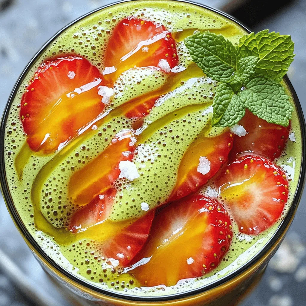 To make a delicious Strawberry Matcha Latte, gather these simple ingredients: - 1 cup fresh strawberries, hulled and sliced - 1 tablespoon honey or maple syrup (adjust for sweetness) - 1 cup milk of your choice (almond, oat, or dairy) - 1 teaspoon matcha green tea powder - 1/2 cup hot water (not boiling) - Ice cubes (optional for iced version) - A pinch of salt - Fresh mint leaves for garnish (optional) You can swap ingredients based on your taste. For strawberries, you might use raspberries or blueberries. If you're vegan, almond or oat milk works great. Instead of honey, agave syrup is a good choice. You can skip the milk altogether for a lighter drink. Consider using flavored matcha powders for a twist! - Strawberries: These berries are full of vitamin C, fiber, and antioxidants. They help boost heart health and improve skin. - Honey or Maple Syrup: Both sweeteners offer natural sugars and antioxidants. They can help soothe a sore throat and provide quick energy. - Milk: Depending on the type you choose, milk offers calcium and protein. Almond milk is low in calories, while dairy milk is rich in nutrients. - Matcha Green Tea Powder: Matcha is packed with antioxidants. It boosts metabolism and provides a calm alertness due to its caffeine content. - Hot Water: This helps dissolve the matcha, making it easy to blend. It also aids in digestion when consumed warm. - Salt: A tiny pinch enhances flavors, balancing sweetness and adding depth. - Fresh Mint Leaves: These add a refreshing aroma and can help with digestion. This Strawberry Matcha Latte not only tastes great but also packs a health punch. If you want the full recipe, check out the detailed steps! To make a Strawberry Matcha Latte, follow these steps closely. First, take 1 cup of fresh strawberries. Hull and slice them. Add them to a small saucepan with 1 tablespoon of honey or maple syrup. Cook on medium heat for about 5-7 minutes. Stir occasionally until the strawberries soften. They will release their sweet juices. Once done, remove the pan from the heat and let the mixture cool. While the strawberries cool, prepare the matcha. In a small bowl, mix 1 teaspoon of matcha green tea powder with 1/2 cup of hot water. The water should not boil. Whisk until smooth. Make sure there are no lumps. Next, froth or whisk your milk of choice. Use 1 cup of almond, oat, or traditional dairy milk. If you want an iced drink, chill the milk first or add ice cubes to your glass. Now, it’s time to assemble your latte. Spoon the strawberry mixture into the bottom of your serving glass. Pour the frothed milk over the strawberries. This will create a beautiful swirl. Finally, drizzle the matcha over the milk. Use the back of a spoon for a neat effect. Don’t forget to add a pinch of salt on top. This will enhance the flavors. If you like, garnish with fresh mint leaves. Serve immediately and enjoy your refreshing Strawberry Matcha Latte! - When cooking strawberries, keep an eye on them. You want them soft but not mushy. - Use a fine matcha powder for the best taste. It should mix easily with water. - Froth the milk until it is light and airy. This adds a nice texture to your drink. - Layering is key, so pour slowly. It makes your drink look amazing. Serve your Strawberry Matcha Latte in a clear glass. This way, the pretty layers show off. You can pair it with a light snack, like a scone or a cookie. This drink is great for breakfast or a refreshing afternoon treat. For a fun twist, serve it at a brunch with friends. Your guests will love the vibrant colors and flavors! To make the best Strawberry Matcha Latte, start with fresh strawberries. Ripe strawberries give the drink a sweet, bright flavor. Always hull and slice them for even cooking. I recommend cooking them on medium heat with honey or maple syrup. This method brings out their natural juices, making a tasty sauce. When mixing matcha, use hot water but not boiling water. Boiling water can make matcha taste bitter. Whisk it until it's smooth and lump-free. This step is key for a creamy drink. If you want a frothy texture in your milk, use a frother or whisk it by hand. One common mistake is not straining the strawberry mixture. If you leave chunks, it can affect the drink's texture. Always take a moment to smooth it out. Another error is rushing the matcha mixing process. Take your time to ensure there are no lumps. This makes a big difference in taste. Also, avoid using too much matcha. A teaspoon is perfect for flavor without overpowering the strawberries. If you want it sweeter, add a bit more honey or syrup, but be mindful. Too much sweetness can mask the matcha's taste. To enhance flavor, consider adding a pinch of salt. It brightens the taste of both strawberries and matcha. You can also try adding vanilla extract for a warm, inviting twist. For a lovely presentation, layer the drink carefully. Pour the milk slowly over the strawberries to create a beautiful effect. Garnish with fresh mint leaves for a pop of color and aromatic flair. This small touch makes your drink look gourmet. Finally, serve it in a clear glass. This way, the vibrant colors shine, making your Strawberry Matcha Latte truly stunning. For the complete recipe, check out the Full Recipe above. {{image_4}} To make an iced version, start by preparing the strawberry mixture as before. Then, chill it in the fridge. For the matcha, mix it with cold water instead of hot. Use ice cubes in your glass to keep it refreshing. Pour the chilled milk over the ice, then layer your strawberry mix. Finally, drizzle the cold matcha on top for a beautiful drink. You can easily make this drink dairy-free. Use almond milk, oat milk, or coconut milk instead of regular milk. These options taste great and keep the drink creamy. For sweetening, maple syrup works well and fits a vegan diet. Want to spice things up? Add a splash of vanilla extract when cooking the strawberries. This gives a nice depth to the flavor. You can also mix in cocoa powder for a chocolate twist. Just a small amount will enhance the taste without overpowering the strawberry and matcha. To keep your Strawberry Matcha Latte fresh, store it in an airtight container. This helps maintain the flavor and texture. Place the container in the fridge. It is best to eat leftovers within two days for the best taste. You can freeze the strawberry mixture for later use. Pour it into an ice cube tray. This way, you can easily add flavor to smoothies or lattes later. Once frozen, transfer the cubes to a freezer bag. They can last for up to three months in the freezer. When reheating, do it gently. Place the strawberry mixture in a small saucepan over low heat. Stir until warm, but do not let it boil. For the milk, warm it in a separate container or use a microwave. Heat it in short bursts, stirring in between. This keeps the texture nice and smooth. A Strawberry Matcha Latte is a tasty drink that blends matcha green tea with fresh strawberries. The sweet strawberries balance the earthy matcha flavor. This drink is creamy and colorful, making it perfect for any time of day. If you don’t have a frother, you can still make a great latte. Start by heating your milk in a small pot. Use a whisk or a jar with a lid to shake the milk until it becomes frothy. Then, follow the recipe as normal, pouring in the frothed milk over the strawberries. You can find a Strawberry Matcha Latte at many specialty coffee shops. Check local cafés, tea houses, or juice bars. Many places offer this drink due to its growing popularity, so keep an eye out on their menus. Yes, you can prepare the strawberry mixture ahead of time. Store it in the fridge for up to 3 days. When you’re ready to enjoy, simply make the matcha and froth the milk fresh. This keeps your drink tasting its best. Matcha is rich in antioxidants and boosts your energy. It helps improve focus and supports metabolism. Strawberries are low in calories and high in vitamin C. They also offer fiber and antioxidants, making this drink not just tasty but healthy too. To sum up, we explored the vital ingredients for a Strawberry Matcha Latte. You learned about substitutions and health benefits too. The step-by-step instructions will guide you through the cooking process. Remember the helpful tips to perfect each step and serve it well. We also covered ways to enhance your latte and avoid common mistakes. Lastly, we discussed storage options and answered your key questions. Enjoy making this refreshing drink and share it with friends!