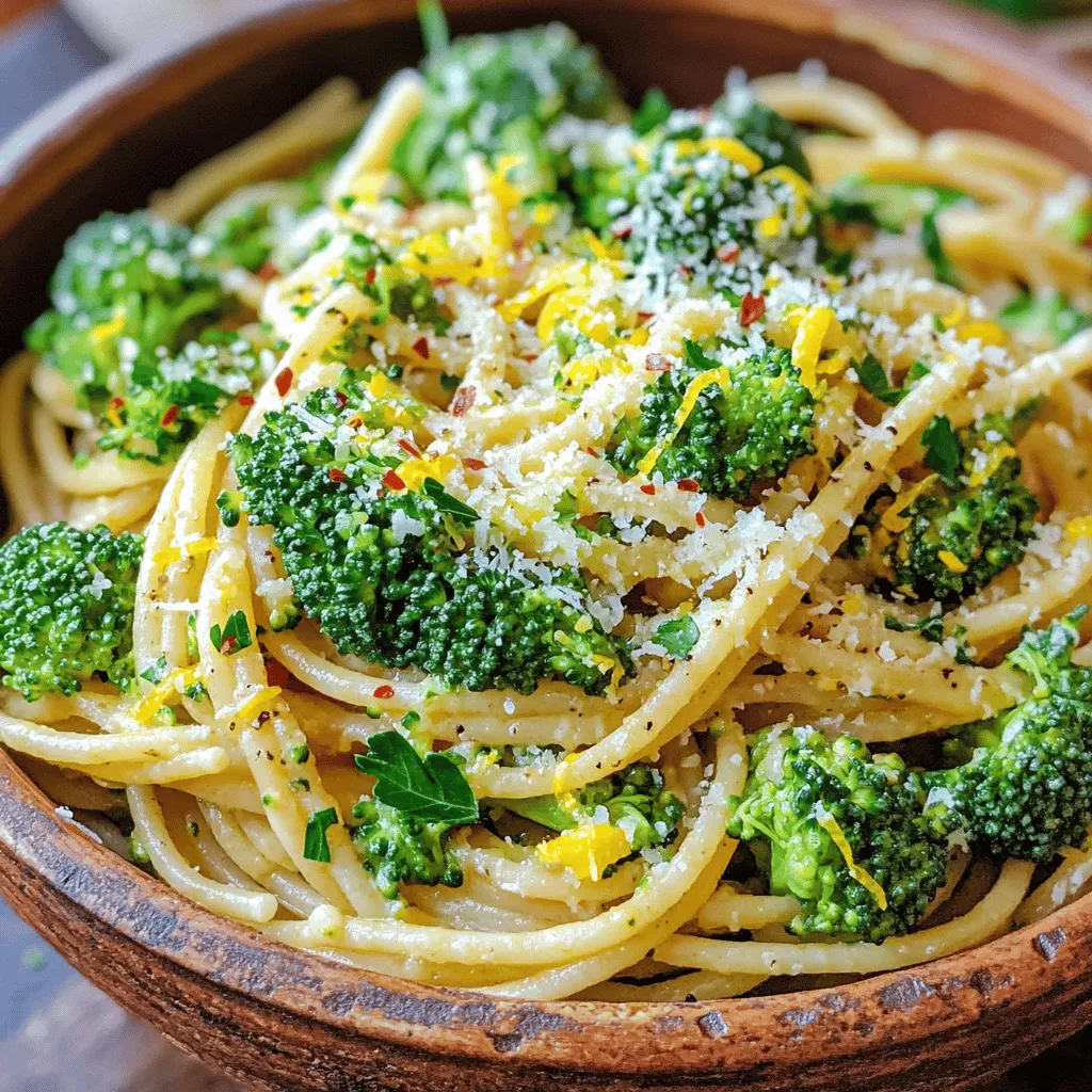 - 8 oz whole wheat spaghetti - 2 cups broccoli florets - 4 cloves garlic, minced - 1 teaspoon red pepper flakes (optional) - 3 tablespoons extra virgin olive oil - Zest of 1 lemon - 3 tablespoons freshly squeezed lemon juice - ½ cup grated Parmesan cheese (or nutritional yeast for vegan) - Salt and freshly ground black pepper - Fresh parsley, chopped for garnish When I make Lemon Garlic Broccoli Pasta, I follow this ingredient list closely. Each ingredient plays a key role in the dish. The whole wheat spaghetti provides a hearty base. Broccoli adds a nice crunch and bright color. Garlic gives the dish its signature flavor. The red pepper flakes add a hint of heat, which I love. Extra virgin olive oil adds richness. Lemon zest and juice brighten everything up. The Parmesan cheese or nutritional yeast adds creaminess and umami. Finally, parsley brings a fresh finish. - Calories per serving: Roughly 350 - Macronutrient breakdown: - Protein: 12g - Carbs: 50g - Fats: 12g This dish can fit many diets. You can make it vegan by using nutritional yeast. Plus, with whole wheat pasta, it's a good source of fiber. This helps keep you full longer. For those who need gluten-free options, make sure to select a gluten-free pasta. You can enjoy this meal while staying healthy. First, bring a large pot of salted water to a boil. This step is key for flavor. Once the water is bubbling, add 8 oz of whole wheat spaghetti. Cook it for about 8 to 10 minutes until it is al dente. In the last 3 minutes, add 2 cups of broccoli florets. This will blanch the broccoli perfectly. Drain the pasta and broccoli together, making sure to reserve some pasta water for later. While the pasta cooks, heat 3 tablespoons of extra virgin olive oil in a large skillet over medium heat. Once the oil is warm, add 4 minced garlic cloves and 1 teaspoon of red pepper flakes (if you want a little kick). Sauté this mixture for about 1 to 2 minutes. Watch closely. You want the garlic to become fragrant but not brown. After draining the pasta and broccoli, add them directly into the skillet with the garlic oil. Toss everything together gently. Mix well to coat the pasta and broccoli with the garlic sauce. If it seems too dry, add some of the reserved pasta water bit by bit until you reach your desired creaminess. Now, it's time to boost the flavor! Pour in 3 tablespoons of freshly squeezed lemon juice and add the zest from 1 lemon. Mix this into the pasta and broccoli. Finally, stir in ½ cup of grated Parmesan cheese (or nutritional yeast for a vegan option). Taste the dish and season with salt and freshly ground black pepper to suit your preference. For the full recipe, you can check the [Full Recipe]. To cook pasta perfectly, focus on timing. Always add salt to boiling water. This helps flavor the pasta. Follow package instructions for cooking time, usually around 8-10 minutes. Check for al dente by tasting it. The pasta should be firm but not hard. When adding broccoli, do this in the last 3 minutes of cooking. This keeps it bright green and tender. It also blends well with the pasta. Garlic can turn bitter if cooked too long. To avoid this, heat olive oil over medium heat. Add minced garlic and red pepper flakes. Stir often and cook for 1-2 minutes. Watch closely so it does not brown. You can easily boost the dish’s flavor by adding protein. Chicken, shrimp, or tofu all work well. Cook the protein separately and mix it in with the pasta at the end. If you like spice, feel free to add more red pepper flakes. This can give your dish a nice kick. Start with a little and taste as you go. Garnishing makes your dish look great. Use fresh parsley for a pop of color. Chopped parsley also adds a fresh taste. Serve the pasta in shallow bowls. Add lemon wedges on the side. This lets your guests add more lemon if they want. A sprinkle of extra cheese can make it even better. For more details, check out the Full Recipe for Lemon Garlic Broccoli Pasta. {{image_4}} To make this dish vegan, you can swap a few key ingredients. Instead of Parmesan cheese, use nutritional yeast. It gives a similar cheesy flavor without dairy. You can also choose plant-based pasta to keep it vegan. Whole wheat spaghetti works well, but lentil or chickpea pasta adds protein. Finding gluten-free pasta is easy today. Look for options made from rice, quinoa, or corn. Brown rice pasta is a great choice. It cooks well and holds flavor nicely. Remember to check the package for cooking times, as they may vary. You can change the flavor by trying different herbs and spices. Fresh basil adds a sweet touch. Oregano gives a warm, earthy taste. For a bit of heat, add more red pepper flakes. You could also try herbs like thyme or rosemary for a unique spin. Experimenting with these options can make the dish even more fun and tasty! To keep your Lemon Garlic Broccoli Pasta fresh, store it in an airtight container. Make sure the pasta cools down before sealing. This helps avoid moisture buildup. Refrigerate it within two hours of cooking. It will stay fresh for up to three days. When you're ready to enjoy leftovers, heat them gently. You can use a skillet or microwave. If using a skillet, add a splash of water or olive oil. Heat on medium until warm. Stir often to keep it moist. For the microwave, cover the dish with a damp paper towel. Heat in short bursts, stirring in between, until hot. You can freeze this dish, but it’s best to do so before adding cheese. Freeze the pasta and broccoli in an airtight container. It will keep well for up to three months. To reheat, thaw in the fridge overnight. Then, warm it on the stove, adding cheese just before serving. This keeps the texture nice and creamy. Lemon Garlic Broccoli Pasta stays fresh for about three to four days in the fridge. To store it, place it in an airtight container. Make sure it cools down before sealing. This keeps the flavors intact and prevents sogginess. Yes! You can swap in many vegetables. Try using spinach, peas, or bell peppers. Each adds a different taste and texture. Just cook them similarly to the broccoli. This way, you keep the dish colorful and nutritious. Absolutely! Lemon Garlic Broccoli Pasta is great for meal prep. You can make a big batch and store it in portions. Just reheat it in the microwave or on the stove. Add a splash of olive oil or water to keep it moist. To add heat, increase the red pepper flakes. You can also include sliced jalapeños or a dash of hot sauce. Start small, then taste as you go. This way, you control the spice level to your liking. For a fiery kick, serve with crushed red pepper on top. This blog post covers a tasty Lemon Garlic Broccoli Pasta recipe. You learned about the ingredients, cooking steps, and tips. I shared how to adjust flavors, storage, and variations to suit your needs. This dish is easy to prepare and perfect for meal prep. Incorporating fresh ingredients makes meals better. Enjoy exploring this recipe and making it your own!