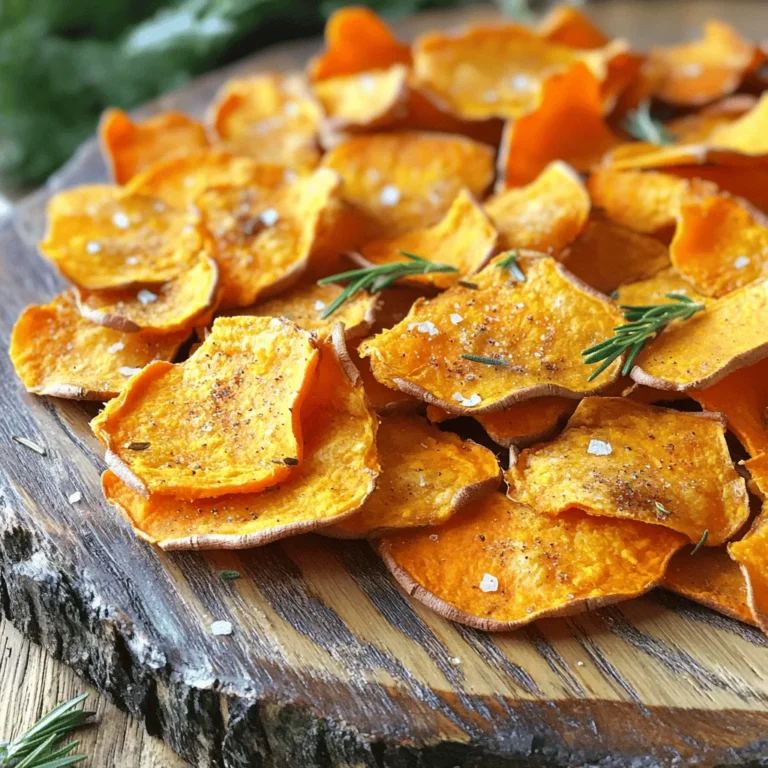 You need these simple items for baked sweet potato chips: - 2 large sweet potatoes - 2 tablespoons olive oil - 1 teaspoon sea salt - 1 teaspoon smoked paprika - ½ teaspoon garlic powder - ¼ teaspoon cayenne pepper (optional) - Fresh herbs (like rosemary or thyme) for garnish (optional) You can swap some ingredients for different flavors: - Use coconut oil instead of olive oil for a sweeter taste. - Try different spices like cumin or chili powder for a unique twist. - If you like it spicy, add more cayenne pepper or hot sauce. Sweet potatoes are not just tasty; they are very healthy! They are rich in vitamins A and C, which help your skin and eyes. They also have fiber, which is good for your digestion. Here are some key benefits: - High in Antioxidants: They fight free radicals and help your body stay healthy. - Low in Calories: This makes them a great snack choice for weight control. - Energy Boosting: They provide natural energy thanks to complex carbs. Enjoying baked sweet potato chips gives you a crunchy treat without the guilt! For the full recipe, check out the details above. First, preheat your oven to 400°F (200°C). This temperature helps the chips get nice and crispy. While the oven heats, take your baking sheet and line it with parchment paper. This paper stops the chips from sticking and makes cleanup easy. Next, rinse the sweet potatoes under cool water. This removes any dirt. Use a vegetable peeler to take off the skin. After peeling, slice the sweet potatoes into thin rounds—about 1/8 inch thick. For the best slices, you can use a mandoline slicer. Uniform slices cook evenly and give you that perfect crunch. In a large bowl, add the sweet potato slices. Drizzle 2 tablespoons of olive oil over them. Then, sprinkle in 1 teaspoon of sea salt, 1 teaspoon of smoked paprika, ½ teaspoon of garlic powder, and if you like heat, add ¼ teaspoon of cayenne pepper. Toss everything gently so each slice gets coated well. Spread the slices out in a single layer on your baking sheet. Do not overlap them. This helps air flow around each chip, crucial for that crunch. Put your baking sheet in the oven and set a timer for 20-25 minutes. Halfway through, flip the chips to ensure they cook evenly. Keep an eye on them as they bake. Ovens can vary, and slice thickness affects cooking time. When they look golden brown, they’re ready. Once baked, take them out and let them cool for a few minutes. Cooling helps them get even crisper. If you want, sprinkle fresh herbs on top before serving. Enjoy your crunchy, healthy snack! For the full recipe, refer to the recipe section above. To make your sweet potato chips extra crispy, follow these simple tips: - Slice Thinly: Aim for slices about 1/8 inch thick. Thinner slices crisp up better. - Use a Mandoline: A mandoline slicer helps you cut even slices quickly. - Dry the Slices: After washing, pat the slices dry with a towel to remove moisture. - Space Them Out: Lay the chips in a single layer on the baking sheet. This allows hot air to flow around each slice. To avoid soggy chips, steer clear of these common errors: - Overcrowding the Pan: Avoid stacking the chips. This traps steam and makes them soft. - Skipping the Flip: Always flip the chips halfway through baking. This ensures even cooking. - Ignoring Oven Temp: Make sure to preheat your oven to 400°F (200°C). A hot oven is key for crispiness. Using the right tools can make a big difference: - Parchment Paper: Line your baking sheet with parchment paper to prevent sticking. - Mandoline Slicer: A mandoline helps achieve uniform thickness for even baking. - Mixing Bowl: Use a large bowl to toss the sweet potatoes with oil and spices evenly. - Oven Thermometer: Check your oven's temperature for accuracy. This helps achieve the right crispiness. These tips will help you enjoy perfectly crispy baked sweet potato chips every time. For the complete recipe, check out the Full Recipe. {{image_4}} You can spice up your baked sweet potato chips in many ways. For a spicy kick, add more cayenne pepper or chili powder. A touch of cumin can create a warm, earthy flavor. If you prefer savory, try adding onion powder or Italian herbs. For a sweet version, sprinkle cinnamon and a bit of brown sugar. Each of these flavors brings a new twist to your chips. If you want a healthier option, consider using an air fryer. Air fryers cook the chips with hot air, making them crispy without much oil. This method reduces calories and fat while keeping the crunch. Baking in the oven works great too, as it allows for large batches. Just remember to keep the slices thin for the best crispiness. Baked sweet potato chips are perfect for dipping. You can pair them with hummus for a creamy, healthy option. A zesty guacamole also complements their sweetness nicely. If you enjoy something spicier, try salsa or a chipotle mayo. Each dip adds flavor and makes snacking even more fun. Enjoy exploring these options with your chips! For the full recipe, check out the details above. To store leftover chips, let them cool completely. Place them in an airtight container. This helps keep them fresh. You can also use a zip-top bag. Remove as much air as possible to prevent sogginess. If you want to keep them crunchy, try adding a paper towel in the bag. To reheat your chips, use the oven for best results. Preheat the oven to 375°F (190°C). Spread the chips out on a baking sheet. Bake for about 5-7 minutes. This helps restore their crispiness. Avoid using the microwave as it can make them soft. Baked sweet potato chips last about 3-5 days when stored properly. If you keep them at room temperature in an airtight container, they stay fresh. For longer storage, consider freezing them. However, freezing can change their texture. When you're ready to enjoy them, simply reheat as mentioned above. To ensure your chips are crispy, slice the sweet potatoes thinly. Aim for about 1/8 inch thick. A mandoline slicer works well for this. Next, make sure to coat each slice evenly with olive oil and spices. Lay the slices flat on the baking sheet, without overlapping. This allows air to circulate. Flip them halfway through baking for even crispiness. Keep an eye on them near the end to avoid burning. Yes, you can use purple sweet potatoes! They add a fun color and unique flavor. The process is the same as with orange sweet potatoes. Just slice, season, and bake. You may find that purple sweet potatoes taste a bit sweeter. Sweet potato chips pair well with many dips. Here are some great options: - Hummus - Guacamole - Spicy yogurt dip - Salsa - Ranch dressing These dips enhance the sweet flavor and add extra taste. You can make sweet potato chips in advance, but they may lose some crispiness. Store them in an airtight container at room temperature. If you want them to stay crispy, avoid stacking them. You can reheat them in the oven at 350°F (175°C) for a few minutes to regain some crunch. Baked sweet potato chips are healthier than fried ones. Baking uses less oil, which cuts calories and fat. Fried chips often absorb a lot of oil, making them greasy. Baked chips still have a nice crunch but offer better nutrition. Enjoying baked chips means you can snack guilt-free! In this post, we explored how to make delicious baked sweet potato chips. We covered ingredients, step-by-step instructions, and tips for crispiness. You learned about flavors and storage, too. These chips are easy to make and fun to enjoy. Try them with your favorite dips. Remember, practice makes perfect in the kitchen. Enjoy your crispy snack!