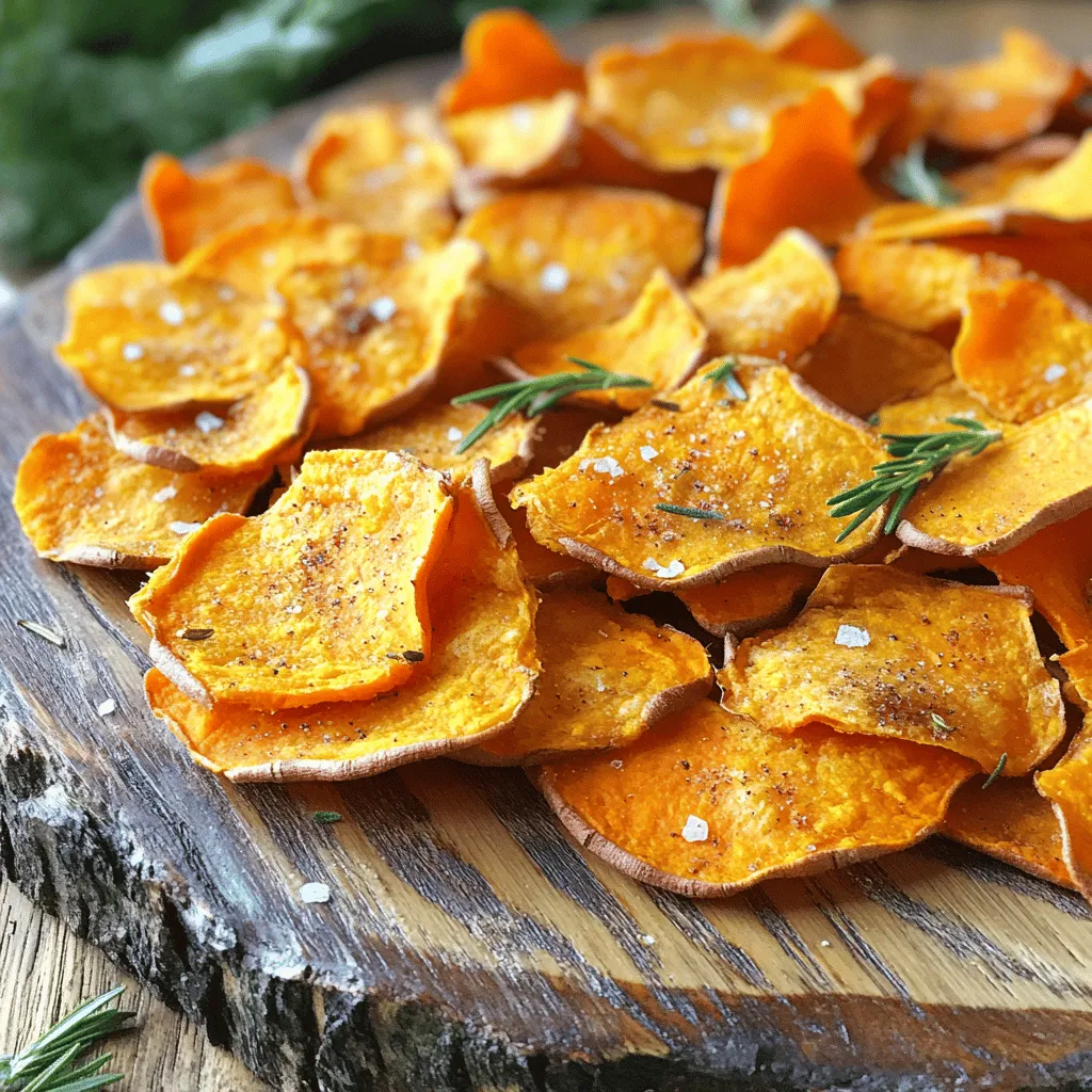 You need these simple items for baked sweet potato chips: - 2 large sweet potatoes - 2 tablespoons olive oil - 1 teaspoon sea salt - 1 teaspoon smoked paprika - ½ teaspoon garlic powder - ¼ teaspoon cayenne pepper (optional) - Fresh herbs (like rosemary or thyme) for garnish (optional) You can swap some ingredients for different flavors: - Use coconut oil instead of olive oil for a sweeter taste. - Try different spices like cumin or chili powder for a unique twist. - If you like it spicy, add more cayenne pepper or hot sauce. Sweet potatoes are not just tasty; they are very healthy! They are rich in vitamins A and C, which help your skin and eyes. They also have fiber, which is good for your digestion. Here are some key benefits: - High in Antioxidants: They fight free radicals and help your body stay healthy. - Low in Calories: This makes them a great snack choice for weight control. - Energy Boosting: They provide natural energy thanks to complex carbs. Enjoying baked sweet potato chips gives you a crunchy treat without the guilt! For the full recipe, check out the details above. First, preheat your oven to 400°F (200°C). This temperature helps the chips get nice and crispy. While the oven heats, take your baking sheet and line it with parchment paper. This paper stops the chips from sticking and makes cleanup easy. Next, rinse the sweet potatoes under cool water. This removes any dirt. Use a vegetable peeler to take off the skin. After peeling, slice the sweet potatoes into thin rounds—about 1/8 inch thick. For the best slices, you can use a mandoline slicer. Uniform slices cook evenly and give you that perfect crunch. In a large bowl, add the sweet potato slices. Drizzle 2 tablespoons of olive oil over them. Then, sprinkle in 1 teaspoon of sea salt, 1 teaspoon of smoked paprika, ½ teaspoon of garlic powder, and if you like heat, add ¼ teaspoon of cayenne pepper. Toss everything gently so each slice gets coated well. Spread the slices out in a single layer on your baking sheet. Do not overlap them. This helps air flow around each chip, crucial for that crunch. Put your baking sheet in the oven and set a timer for 20-25 minutes. Halfway through, flip the chips to ensure they cook evenly. Keep an eye on them as they bake. Ovens can vary, and slice thickness affects cooking time. When they look golden brown, they’re ready. Once baked, take them out and let them cool for a few minutes. Cooling helps them get even crisper. If you want, sprinkle fresh herbs on top before serving. Enjoy your crunchy, healthy snack! For the full recipe, refer to the recipe section above. To make your sweet potato chips extra crispy, follow these simple tips: - Slice Thinly: Aim for slices about 1/8 inch thick. Thinner slices crisp up better. - Use a Mandoline: A mandoline slicer helps you cut even slices quickly. - Dry the Slices: After washing, pat the slices dry with a towel to remove moisture. - Space Them Out: Lay the chips in a single layer on the baking sheet. This allows hot air to flow around each slice. To avoid soggy chips, steer clear of these common errors: - Overcrowding the Pan: Avoid stacking the chips. This traps steam and makes them soft. - Skipping the Flip: Always flip the chips halfway through baking. This ensures even cooking. - Ignoring Oven Temp: Make sure to preheat your oven to 400°F (200°C). A hot oven is key for crispiness. Using the right tools can make a big difference: - Parchment Paper: Line your baking sheet with parchment paper to prevent sticking. - Mandoline Slicer: A mandoline helps achieve uniform thickness for even baking. - Mixing Bowl: Use a large bowl to toss the sweet potatoes with oil and spices evenly. - Oven Thermometer: Check your oven's temperature for accuracy. This helps achieve the right crispiness. These tips will help you enjoy perfectly crispy baked sweet potato chips every time. For the complete recipe, check out the Full Recipe. {{image_4}} You can spice up your baked sweet potato chips in many ways. For a spicy kick, add more cayenne pepper or chili powder. A touch of cumin can create a warm, earthy flavor. If you prefer savory, try adding onion powder or Italian herbs. For a sweet version, sprinkle cinnamon and a bit of brown sugar. Each of these flavors brings a new twist to your chips. If you want a healthier option, consider using an air fryer. Air fryers cook the chips with hot air, making them crispy without much oil. This method reduces calories and fat while keeping the crunch. Baking in the oven works great too, as it allows for large batches. Just remember to keep the slices thin for the best crispiness. Baked sweet potato chips are perfect for dipping. You can pair them with hummus for a creamy, healthy option. A zesty guacamole also complements their sweetness nicely. If you enjoy something spicier, try salsa or a chipotle mayo. Each dip adds flavor and makes snacking even more fun. Enjoy exploring these options with your chips! For the full recipe, check out the details above. To store leftover chips, let them cool completely. Place them in an airtight container. This helps keep them fresh. You can also use a zip-top bag. Remove as much air as possible to prevent sogginess. If you want to keep them crunchy, try adding a paper towel in the bag. To reheat your chips, use the oven for best results. Preheat the oven to 375°F (190°C). Spread the chips out on a baking sheet. Bake for about 5-7 minutes. This helps restore their crispiness. Avoid using the microwave as it can make them soft. Baked sweet potato chips last about 3-5 days when stored properly. If you keep them at room temperature in an airtight container, they stay fresh. For longer storage, consider freezing them. However, freezing can change their texture. When you're ready to enjoy them, simply reheat as mentioned above. To ensure your chips are crispy, slice the sweet potatoes thinly. Aim for about 1/8 inch thick. A mandoline slicer works well for this. Next, make sure to coat each slice evenly with olive oil and spices. Lay the slices flat on the baking sheet, without overlapping. This allows air to circulate. Flip them halfway through baking for even crispiness. Keep an eye on them near the end to avoid burning. Yes, you can use purple sweet potatoes! They add a fun color and unique flavor. The process is the same as with orange sweet potatoes. Just slice, season, and bake. You may find that purple sweet potatoes taste a bit sweeter. Sweet potato chips pair well with many dips. Here are some great options: - Hummus - Guacamole - Spicy yogurt dip - Salsa - Ranch dressing These dips enhance the sweet flavor and add extra taste. You can make sweet potato chips in advance, but they may lose some crispiness. Store them in an airtight container at room temperature. If you want them to stay crispy, avoid stacking them. You can reheat them in the oven at 350°F (175°C) for a few minutes to regain some crunch. Baked sweet potato chips are healthier than fried ones. Baking uses less oil, which cuts calories and fat. Fried chips often absorb a lot of oil, making them greasy. Baked chips still have a nice crunch but offer better nutrition. Enjoying baked chips means you can snack guilt-free! In this post, we explored how to make delicious baked sweet potato chips. We covered ingredients, step-by-step instructions, and tips for crispiness. You learned about flavors and storage, too. These chips are easy to make and fun to enjoy. Try them with your favorite dips. Remember, practice makes perfect in the kitchen. Enjoy your crispy snack!