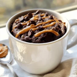 To make a rich chocolate peanut butter mug cake, gather these main ingredients: - 4 tablespoons all-purpose flour - 2 tablespoons unsweetened cocoa powder - 2 tablespoons granulated sugar (or coconut sugar) - 1/4 teaspoon baking powder - 1/8 teaspoon fine salt - 3 tablespoons milk (dairy or non-dairy) - 2 tablespoons creamy or crunchy peanut butter - 1 tablespoon vegetable oil (or melted coconut oil) - 1/4 teaspoon pure vanilla extract These ingredients work together to create a soft and gooey cake in just minutes. You can add more flavor to your mug cake with these optional ingredients: - A handful of chocolate chips for extra chocolatey goodness - A pinch of cinnamon for warmth - A dollop of peanut butter on top for a creamy finish Feel free to get creative and add what you love! If you need to swap out ingredients, here are some ideas: - Use almond flour instead of all-purpose flour for a gluten-free option. - Substitute maple syrup for granulated sugar for a natural sweetener. - Try almond milk or oat milk instead of regular milk. These substitutions can help you make this recipe fit your taste or dietary needs. For the full recipe, check the section above. To start, grab a microwave-safe mug. This is crucial to ensure your cake cooks correctly. Add 4 tablespoons of all-purpose flour, 2 tablespoons of unsweetened cocoa powder, 2 tablespoons of granulated sugar, 1/4 teaspoon of baking powder, and 1/8 teaspoon of fine salt into the mug. Use a fork to mix everything well. Make sure there are no lumps. A smooth mixture helps the cake rise evenly. Now, it’s time to add the wet ingredients. Pour in 3 tablespoons of milk, 2 tablespoons of peanut butter, and 1 tablespoon of vegetable oil. Add 1/4 teaspoon of pure vanilla extract for extra flavor. Use the fork again to mix all the ingredients together. You want a smooth batter, so make sure to break up any clumps of peanut butter. If you like chocolate chips, fold in a handful now for a fun surprise. Once your batter is ready, put the mug in the microwave. Cook it on high for about 1 minute and 30 seconds. Start checking at the 1-minute mark. The cake should rise and look set. If it’s still wet, microwave it in 10-15 second bursts until it’s fully cooked. Be careful when taking the mug out; it can be hot! Let it cool for a minute before you dive in. Enjoy your delicious creation straight from the mug or transfer it to a plate for a fancy touch. Cooking time is key for a great mug cake. I suggest starting with 1 minute and 30 seconds. After that, check if it has set. The cake should rise and look firm in the middle. If it is still wet, add 10 to 15 seconds more. Keep a close eye to prevent overcooking. A perfect mug cake is soft but not gooey. One common mistake is not mixing well. Make sure to blend the dry and wet ingredients fully. This helps avoid lumps that can ruin your cake’s texture. Another mistake is using the wrong mug. Always use a microwave-safe mug. If the mug is too small, the batter can overflow. Lastly, don’t skip the cooling time. Letting it cool for a minute makes it easier to eat. You can elevate your mug cake with simple tweaks. Try mixing in a handful of chocolate chips for extra richness. If you want a nuttier taste, add more peanut butter. You can also switch the oil for melted coconut oil. This gives a subtle coconut flavor. Drizzling more peanut butter on top adds a nice touch. Enjoy this cake straight from the mug, or transfer it to a plate for a fancy look. For a delicious treat, serve it with a scoop of ice cream. For the full recipe, check out the earlier section. {{image_4}} You can switch peanut butter with other nut butters. Almond butter gives a nice twist. Cashew butter adds creaminess. Sunflower seed butter works for those with nut allergies. Each nut butter brings its own flavor. Try them out to find your favorite! To make this mug cake gluten-free, swap the all-purpose flour. Use almond flour or coconut flour instead. Both options work well and keep it tasty. Just remember to adjust the amount. Start with a little less flour, then add more if needed. This keeps the cake light and fluffy. Toppings can change your mug cake game. Drizzle extra peanut butter on top for more flavor. Add chocolate chips for a gooey treat. Fresh berries like raspberries or strawberries bring a fruity kick. For a creamy touch, try a scoop of vanilla ice cream. Get creative with what you have! You can find the full recipe for this delicious treat above. If you have some of the chocolate peanut butter mug cake left, store it in an airtight container. This keeps the cake fresh and moist. Place it in the fridge if you plan to eat it later. It will stay good for about two days. To enjoy your mug cake again, you can quickly reheat it in the microwave. Place the cake in the microwave for about 15 to 20 seconds. Check it after heating. If it needs more time, add a few extra seconds until warm. This method keeps the cake soft. For the best taste, enjoy your mug cake right after making it. However, if you have leftovers, make sure to seal them well. Always keep the cake in the fridge. Do not let it sit out for long. This helps keep the flavors strong and the texture nice. For a fun twist, add a little extra peanut butter or chocolate chips on top when you reheat it! You can prepare the dry mix ahead of time. Just mix the flour, cocoa powder, sugar, baking powder, and salt. Keep it in an airtight container. When you want to enjoy the mug cake, simply add the wet ingredients and microwave. This saves time and makes it super easy to whip up a treat. To make this mug cake healthier, consider these tips: - Use whole wheat flour instead of all-purpose flour. - Swap granulated sugar for coconut sugar or a sugar substitute. - Replace vegetable oil with applesauce for less fat. - Add mashed bananas for natural sweetness and moisture. - Use dark chocolate chips for a richer taste and more antioxidants. These changes can keep the cake tasty while making it a bit better for you. No microwave? No problem! You can bake the mug cake in an oven. Preheat your oven to 350°F (175°C). Mix the ingredients in an oven-safe mug or ramekin. Bake for about 15-20 minutes, or until a toothpick comes out clean. Keep an eye on it to avoid overbaking. Enjoy your cake fresh from the oven! For the full recipe, refer to the detailed instructions above. This blog post covered how to make a tasty chocolate peanut butter mug cake. We discussed key ingredients, ways to mix and microwave, and tips to avoid mistakes. You can even try variations with different nut butters and toppings. Making this cake is fun and simple. I hope you enjoy it as much as I do! Remember, a few small changes can bring big flavors. Happy baking!