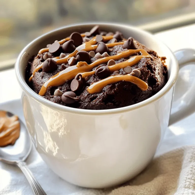 To make a rich chocolate peanut butter mug cake, gather these main ingredients: - 4 tablespoons all-purpose flour - 2 tablespoons unsweetened cocoa powder - 2 tablespoons granulated sugar (or coconut sugar) - 1/4 teaspoon baking powder - 1/8 teaspoon fine salt - 3 tablespoons milk (dairy or non-dairy) - 2 tablespoons creamy or crunchy peanut butter - 1 tablespoon vegetable oil (or melted coconut oil) - 1/4 teaspoon pure vanilla extract These ingredients work together to create a soft and gooey cake in just minutes. You can add more flavor to your mug cake with these optional ingredients: - A handful of chocolate chips for extra chocolatey goodness - A pinch of cinnamon for warmth - A dollop of peanut butter on top for a creamy finish Feel free to get creative and add what you love! If you need to swap out ingredients, here are some ideas: - Use almond flour instead of all-purpose flour for a gluten-free option. - Substitute maple syrup for granulated sugar for a natural sweetener. - Try almond milk or oat milk instead of regular milk. These substitutions can help you make this recipe fit your taste or dietary needs. For the full recipe, check the section above. To start, grab a microwave-safe mug. This is crucial to ensure your cake cooks correctly. Add 4 tablespoons of all-purpose flour, 2 tablespoons of unsweetened cocoa powder, 2 tablespoons of granulated sugar, 1/4 teaspoon of baking powder, and 1/8 teaspoon of fine salt into the mug. Use a fork to mix everything well. Make sure there are no lumps. A smooth mixture helps the cake rise evenly. Now, it’s time to add the wet ingredients. Pour in 3 tablespoons of milk, 2 tablespoons of peanut butter, and 1 tablespoon of vegetable oil. Add 1/4 teaspoon of pure vanilla extract for extra flavor. Use the fork again to mix all the ingredients together. You want a smooth batter, so make sure to break up any clumps of peanut butter. If you like chocolate chips, fold in a handful now for a fun surprise. Once your batter is ready, put the mug in the microwave. Cook it on high for about 1 minute and 30 seconds. Start checking at the 1-minute mark. The cake should rise and look set. If it’s still wet, microwave it in 10-15 second bursts until it’s fully cooked. Be careful when taking the mug out; it can be hot! Let it cool for a minute before you dive in. Enjoy your delicious creation straight from the mug or transfer it to a plate for a fancy touch. Cooking time is key for a great mug cake. I suggest starting with 1 minute and 30 seconds. After that, check if it has set. The cake should rise and look firm in the middle. If it is still wet, add 10 to 15 seconds more. Keep a close eye to prevent overcooking. A perfect mug cake is soft but not gooey. One common mistake is not mixing well. Make sure to blend the dry and wet ingredients fully. This helps avoid lumps that can ruin your cake’s texture. Another mistake is using the wrong mug. Always use a microwave-safe mug. If the mug is too small, the batter can overflow. Lastly, don’t skip the cooling time. Letting it cool for a minute makes it easier to eat. You can elevate your mug cake with simple tweaks. Try mixing in a handful of chocolate chips for extra richness. If you want a nuttier taste, add more peanut butter. You can also switch the oil for melted coconut oil. This gives a subtle coconut flavor. Drizzling more peanut butter on top adds a nice touch. Enjoy this cake straight from the mug, or transfer it to a plate for a fancy look. For a delicious treat, serve it with a scoop of ice cream. For the full recipe, check out the earlier section. {{image_4}} You can switch peanut butter with other nut butters. Almond butter gives a nice twist. Cashew butter adds creaminess. Sunflower seed butter works for those with nut allergies. Each nut butter brings its own flavor. Try them out to find your favorite! To make this mug cake gluten-free, swap the all-purpose flour. Use almond flour or coconut flour instead. Both options work well and keep it tasty. Just remember to adjust the amount. Start with a little less flour, then add more if needed. This keeps the cake light and fluffy. Toppings can change your mug cake game. Drizzle extra peanut butter on top for more flavor. Add chocolate chips for a gooey treat. Fresh berries like raspberries or strawberries bring a fruity kick. For a creamy touch, try a scoop of vanilla ice cream. Get creative with what you have! You can find the full recipe for this delicious treat above. If you have some of the chocolate peanut butter mug cake left, store it in an airtight container. This keeps the cake fresh and moist. Place it in the fridge if you plan to eat it later. It will stay good for about two days. To enjoy your mug cake again, you can quickly reheat it in the microwave. Place the cake in the microwave for about 15 to 20 seconds. Check it after heating. If it needs more time, add a few extra seconds until warm. This method keeps the cake soft. For the best taste, enjoy your mug cake right after making it. However, if you have leftovers, make sure to seal them well. Always keep the cake in the fridge. Do not let it sit out for long. This helps keep the flavors strong and the texture nice. For a fun twist, add a little extra peanut butter or chocolate chips on top when you reheat it! You can prepare the dry mix ahead of time. Just mix the flour, cocoa powder, sugar, baking powder, and salt. Keep it in an airtight container. When you want to enjoy the mug cake, simply add the wet ingredients and microwave. This saves time and makes it super easy to whip up a treat. To make this mug cake healthier, consider these tips: - Use whole wheat flour instead of all-purpose flour. - Swap granulated sugar for coconut sugar or a sugar substitute. - Replace vegetable oil with applesauce for less fat. - Add mashed bananas for natural sweetness and moisture. - Use dark chocolate chips for a richer taste and more antioxidants. These changes can keep the cake tasty while making it a bit better for you. No microwave? No problem! You can bake the mug cake in an oven. Preheat your oven to 350°F (175°C). Mix the ingredients in an oven-safe mug or ramekin. Bake for about 15-20 minutes, or until a toothpick comes out clean. Keep an eye on it to avoid overbaking. Enjoy your cake fresh from the oven! For the full recipe, refer to the detailed instructions above. This blog post covered how to make a tasty chocolate peanut butter mug cake. We discussed key ingredients, ways to mix and microwave, and tips to avoid mistakes. You can even try variations with different nut butters and toppings. Making this cake is fun and simple. I hope you enjoy it as much as I do! Remember, a few small changes can bring big flavors. Happy baking!