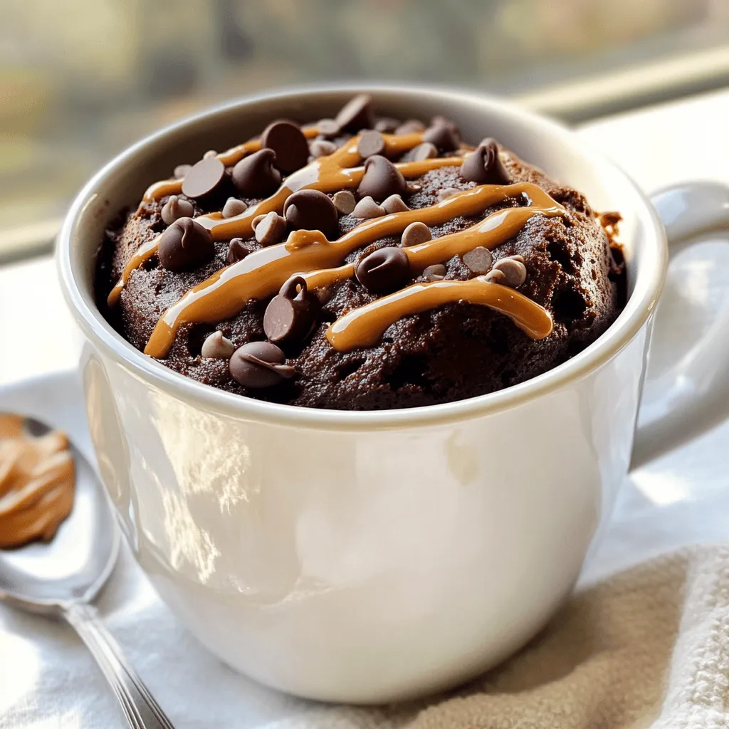 To make a rich chocolate peanut butter mug cake, gather these main ingredients: - 4 tablespoons all-purpose flour - 2 tablespoons unsweetened cocoa powder - 2 tablespoons granulated sugar (or coconut sugar) - 1/4 teaspoon baking powder - 1/8 teaspoon fine salt - 3 tablespoons milk (dairy or non-dairy) - 2 tablespoons creamy or crunchy peanut butter - 1 tablespoon vegetable oil (or melted coconut oil) - 1/4 teaspoon pure vanilla extract These ingredients work together to create a soft and gooey cake in just minutes. You can add more flavor to your mug cake with these optional ingredients: - A handful of chocolate chips for extra chocolatey goodness - A pinch of cinnamon for warmth - A dollop of peanut butter on top for a creamy finish Feel free to get creative and add what you love! If you need to swap out ingredients, here are some ideas: - Use almond flour instead of all-purpose flour for a gluten-free option. - Substitute maple syrup for granulated sugar for a natural sweetener. - Try almond milk or oat milk instead of regular milk. These substitutions can help you make this recipe fit your taste or dietary needs. For the full recipe, check the section above. To start, grab a microwave-safe mug. This is crucial to ensure your cake cooks correctly. Add 4 tablespoons of all-purpose flour, 2 tablespoons of unsweetened cocoa powder, 2 tablespoons of granulated sugar, 1/4 teaspoon of baking powder, and 1/8 teaspoon of fine salt into the mug. Use a fork to mix everything well. Make sure there are no lumps. A smooth mixture helps the cake rise evenly. Now, it’s time to add the wet ingredients. Pour in 3 tablespoons of milk, 2 tablespoons of peanut butter, and 1 tablespoon of vegetable oil. Add 1/4 teaspoon of pure vanilla extract for extra flavor. Use the fork again to mix all the ingredients together. You want a smooth batter, so make sure to break up any clumps of peanut butter. If you like chocolate chips, fold in a handful now for a fun surprise. Once your batter is ready, put the mug in the microwave. Cook it on high for about 1 minute and 30 seconds. Start checking at the 1-minute mark. The cake should rise and look set. If it’s still wet, microwave it in 10-15 second bursts until it’s fully cooked. Be careful when taking the mug out; it can be hot! Let it cool for a minute before you dive in. Enjoy your delicious creation straight from the mug or transfer it to a plate for a fancy touch. Cooking time is key for a great mug cake. I suggest starting with 1 minute and 30 seconds. After that, check if it has set. The cake should rise and look firm in the middle. If it is still wet, add 10 to 15 seconds more. Keep a close eye to prevent overcooking. A perfect mug cake is soft but not gooey. One common mistake is not mixing well. Make sure to blend the dry and wet ingredients fully. This helps avoid lumps that can ruin your cake’s texture. Another mistake is using the wrong mug. Always use a microwave-safe mug. If the mug is too small, the batter can overflow. Lastly, don’t skip the cooling time. Letting it cool for a minute makes it easier to eat. You can elevate your mug cake with simple tweaks. Try mixing in a handful of chocolate chips for extra richness. If you want a nuttier taste, add more peanut butter. You can also switch the oil for melted coconut oil. This gives a subtle coconut flavor. Drizzling more peanut butter on top adds a nice touch. Enjoy this cake straight from the mug, or transfer it to a plate for a fancy look. For a delicious treat, serve it with a scoop of ice cream. For the full recipe, check out the earlier section. {{image_4}} You can switch peanut butter with other nut butters. Almond butter gives a nice twist. Cashew butter adds creaminess. Sunflower seed butter works for those with nut allergies. Each nut butter brings its own flavor. Try them out to find your favorite! To make this mug cake gluten-free, swap the all-purpose flour. Use almond flour or coconut flour instead. Both options work well and keep it tasty. Just remember to adjust the amount. Start with a little less flour, then add more if needed. This keeps the cake light and fluffy. Toppings can change your mug cake game. Drizzle extra peanut butter on top for more flavor. Add chocolate chips for a gooey treat. Fresh berries like raspberries or strawberries bring a fruity kick. For a creamy touch, try a scoop of vanilla ice cream. Get creative with what you have! You can find the full recipe for this delicious treat above. If you have some of the chocolate peanut butter mug cake left, store it in an airtight container. This keeps the cake fresh and moist. Place it in the fridge if you plan to eat it later. It will stay good for about two days. To enjoy your mug cake again, you can quickly reheat it in the microwave. Place the cake in the microwave for about 15 to 20 seconds. Check it after heating. If it needs more time, add a few extra seconds until warm. This method keeps the cake soft. For the best taste, enjoy your mug cake right after making it. However, if you have leftovers, make sure to seal them well. Always keep the cake in the fridge. Do not let it sit out for long. This helps keep the flavors strong and the texture nice. For a fun twist, add a little extra peanut butter or chocolate chips on top when you reheat it! You can prepare the dry mix ahead of time. Just mix the flour, cocoa powder, sugar, baking powder, and salt. Keep it in an airtight container. When you want to enjoy the mug cake, simply add the wet ingredients and microwave. This saves time and makes it super easy to whip up a treat. To make this mug cake healthier, consider these tips: - Use whole wheat flour instead of all-purpose flour. - Swap granulated sugar for coconut sugar or a sugar substitute. - Replace vegetable oil with applesauce for less fat. - Add mashed bananas for natural sweetness and moisture. - Use dark chocolate chips for a richer taste and more antioxidants. These changes can keep the cake tasty while making it a bit better for you. No microwave? No problem! You can bake the mug cake in an oven. Preheat your oven to 350°F (175°C). Mix the ingredients in an oven-safe mug or ramekin. Bake for about 15-20 minutes, or until a toothpick comes out clean. Keep an eye on it to avoid overbaking. Enjoy your cake fresh from the oven! For the full recipe, refer to the detailed instructions above. This blog post covered how to make a tasty chocolate peanut butter mug cake. We discussed key ingredients, ways to mix and microwave, and tips to avoid mistakes. You can even try variations with different nut butters and toppings. Making this cake is fun and simple. I hope you enjoy it as much as I do! Remember, a few small changes can bring big flavors. Happy baking!