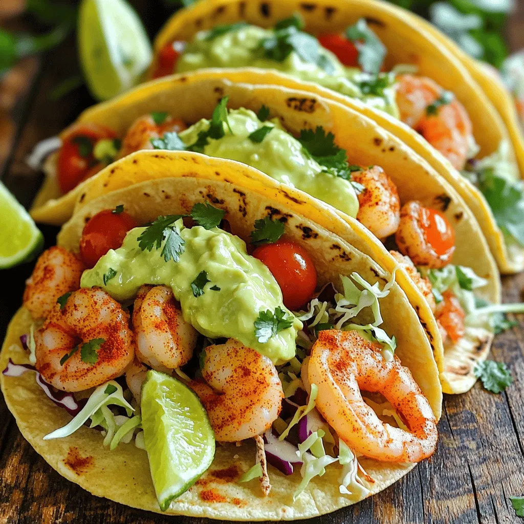 For tasty shrimp tacos, you need fresh and vibrant ingredients. Here’s what you'll need: - 1 pound of shrimp, peeled and deveined - 1 tablespoon of olive oil - 8 small corn tortillas - 1 cup of shredded cabbage - 1/2 cup of cherry tomatoes, halved - 1/4 cup of fresh cilantro, chopped These main ingredients make your shrimp tacos flavorful and fun. Seasoning is key to great shrimp tacos. Here’s what to use: - 1 teaspoon of chili powder - 1 teaspoon of ground cumin - 1/2 teaspoon of garlic powder - Salt and freshly cracked pepper to taste These spices add warmth and depth. They bring out the shrimp's natural flavors. Tacos are all about personal taste. Here are some tasty options: - 1 ripe avocado - 2 tablespoons of Greek yogurt - 1 tablespoon of fresh lime juice - Additional lime wedges for serving These toppings add creaminess and brightness. You can mix and match based on what you like. For the full recipe, check out the details above! First, you need to prepare the shrimp. Take 1 pound of peeled and deveined shrimp. Place them in a medium bowl. Add 1 tablespoon of olive oil. Next, sprinkle in 1 teaspoon of chili powder, 1 teaspoon of ground cumin, and 1/2 teaspoon of garlic powder. Season with salt and freshly cracked pepper. Toss the shrimp well to coat them evenly with the spices. Now, let’s cook the shrimp. Heat a large skillet over medium-high heat. Once hot, add the seasoned shrimp to the skillet. Cook for about 2-3 minutes on each side. The shrimp should turn pink and look fully cooked. Remove them from the heat once done. Set the shrimp aside while you prepare the next steps. While the shrimp cooks, prepare the avocado cream. Grab a ripe avocado and cut it in half. Remove the pit and scoop the flesh into a food processor. Add 2 tablespoons of Greek yogurt and 1 tablespoon of fresh lime juice. Toss in a pinch of salt. Blend until smooth and creamy. Taste and adjust the seasoning if needed. Next, it’s time to warm the tortillas. Take 8 small corn tortillas and place them in a dry skillet over medium heat. You can also warm them over an open flame for a few seconds on each side. You want them to be pliable and slightly toasted. This will make them easier to fold and more tasty. Now, let’s put it all together. Take one warm tortilla and place a few cooked shrimp in the center. Add a handful of shredded cabbage and a few halved cherry tomatoes on top. Drizzle with the creamy avocado sauce. Don’t forget to garnish with freshly chopped cilantro. Serve with extra lime wedges for a zesty touch. For the full recipe, check out Zesty Shrimp Tacos with Avocado Cream. Enjoy your cooking! When picking shrimp, look for fresh options. Fresh shrimp should smell like the ocean, not fishy. Choose shrimp that are firm and have a nice sheen. If you buy frozen shrimp, ensure they are well-packaged and without freezer burn. For this recipe, medium-sized shrimp work best. They cook evenly and fit perfectly in tacos. To get the best flavor, marinate the shrimp briefly. Mix them with olive oil and spices before cooking. Let them sit for 10 minutes. This helps the shrimp soak up the flavors. Cook them over medium-high heat. This keeps them tender and juicy. If you overcook shrimp, they become tough. Aim for 2-3 minutes on each side. You want them pink and opaque. Feel free to mix up the spices. If you like more heat, add cayenne pepper. For a smokier taste, try smoked paprika. You can also use taco seasoning for a quick option. Add fresh herbs like cilantro or parsley to boost freshness. For a twist, squeeze lime or lemon juice over the shrimp right before serving. This adds a zesty finish that brightens the dish. {{image_4}} You can swap shrimp for many proteins. Chicken, fish, or beef work well. If you want a plant-based option, try black beans or grilled tofu. Each protein gives a unique taste. Just keep the cooking times in mind. Chicken needs more time, while fish cooks fast. To make shrimp tacos gluten-free, use corn tortillas. They are a great choice. For a dairy-free option, skip the Greek yogurt in the avocado cream. You can use coconut yogurt instead. It adds a nice flavor without dairy. Always check labels to ensure all ingredients meet your dietary needs. Pico de gallo adds freshness and crunch. It’s simple to make with diced tomatoes, onions, and cilantro. A splash of lime juice brightens up the mix. If you like heat, drizzle hot sauce on top. It brings a spicy kick to your tacos. For extra flavor, consider adding pickled jalapeños or a sprinkle of queso fresco. You can customize the taco to fit your taste! To keep your shrimp tacos fresh, store them in an airtight container. Place the shrimp, tortillas, and toppings in separate containers. This helps prevent soggy tortillas. You can keep them in the fridge for up to two days. If you're using shrimp, make sure they cool down before storing. When you’re ready to enjoy leftovers, reheat the shrimp in a skillet over medium heat. Cook them for about 2-3 minutes until they're hot. For tortillas, warm them in a dry skillet for about 30 seconds on each side. This makes them soft again. You can also use a microwave, but that may make them chewy. Always follow food safety rules. Cook shrimp to an internal temperature of 145°F. If you have any leftovers, eat them within two days. When reheating, ensure shrimp are steaming hot. Also, wash your hands and surfaces often when handling raw shrimp. Keeping things clean helps prevent foodborne illness. Yes, you can use frozen shrimp for this recipe. Just make sure to thaw them first. Place the shrimp in a bowl of cold water for about 15-20 minutes. Change the water halfway through to speed up the thawing. Once thawed, peel and devein them if needed. Then, follow the recipe as usual. If you want to skip corn tortillas, you have options. Flour tortillas work well and have a soft texture. Lettuce leaves are great for a low-carb choice. You can even use pita bread for a fun twist. Each option changes the taste and feel of your tacos. To spice up your shrimp tacos, add extra chili powder or cayenne pepper. You can also mix in diced jalapeños with the shrimp. For more heat, try a hot sauce on top. If you love spicy, consider adding fresh sliced serrano peppers for a pop of flavor. Yes, this recipe is great for meal prep! Cook the shrimp and store them in an airtight container. Keep the toppings separate to maintain freshness. You can easily warm the shrimp and tortillas before serving. This way, you enjoy tasty shrimp tacos throughout the week. For the full recipe, check out the provided link! This blog covered how to make simple shrimp tacos. You learned about the key ingredients, from shrimp to optional toppings. We explored each cooking step, like preparing and cooking the shrimp. Tips on choosing shrimp and seasoning well were shared. I also gave you different variations and storage info. Shrimp tacos are easy and fun to make. Feel free to customize them to your taste. Enjoy your delicious creation!
