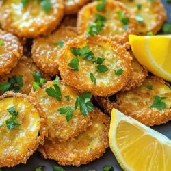 - Zucchini and Basic Coatings - 2 medium zucchinis, sliced into 1/4-inch thick rounds - 1 cup all-purpose flour - 1/2 cup cornmeal - Spices and Seasonings - 1 teaspoon garlic powder - 1 teaspoon onion powder - 1 teaspoon smoked paprika - 1/2 teaspoon cayenne pepper (optional, for a spicy kick) - 1 teaspoon salt - 1/2 teaspoon freshly ground black pepper - Additional Ingredients for Serving - 2 large eggs - 1/4 cup milk - Oil for frying (canola or vegetable oil recommended) - Fresh parsley, finely chopped (for garnishing) - Lemon wedges (for serving) When you gather these ingredients, you prepare for a fun cooking adventure. Zucchini is a star here. It is mild and absorbs flavors well. The flour and cornmeal create a crunchy coating. The spices add depth and warmth, making each bite exciting. You can adjust the spices to match your taste. Want more heat? Toss in extra cayenne. Prefer a smoky flavor? Use more smoked paprika. The choice is yours! Gathering fresh parsley and lemon wedges makes serving fun. The parsley adds a splash of color. The lemon gives a bright, zesty kick to each bite. This dish pairs well with many meals. It can be a side, a snack, or even a fun appetizer. Remember, the right ingredients set the stage for greatness. The crispy fried zucchini will impress anyone who tries it. Enjoy the process and the delicious results! For the full recipe, check out the detailed steps ahead. Washing and Slicing Start by washing the zucchinis under cold water. This ensures they are clean and ready to use. Next, slice them into rounds that are about 1/4-inch thick. Uniform slices help them cook evenly. Patting Dry for Crispiness After slicing, pat the zucchini rounds dry with a paper towel. Removing excess moisture is key to getting them crispy when fried. Mixing Dry Ingredients In a shallow bowl, combine the all-purpose flour, cornmeal, garlic powder, onion powder, smoked paprika, cayenne pepper, salt, and black pepper. Stir this mixture well to ensure all the spices blend nicely. Preparing the Egg Wash In a different bowl, crack the two large eggs and pour in the milk. Whisk them together until the mixture is smooth. This egg wash helps the coating stick to the zucchini. Dredging Technique Take each zucchini round and dip it into the egg wash first. Let any excess drip off. Next, dredge it in the flour mixture. Press gently to make sure the coating sticks well. Place the coated zucchini on a plate while finishing the rest. Preheating Oil and Frying Process In a deep skillet, pour in enough oil to reach about one inch deep. Heat the oil over medium-high heat until it’s around 350°F (175°C). You can test the oil by dropping a small piece of batter in. If it bubbles, the oil is ready. Draining and Seasoning Carefully add the zucchini rounds to the hot oil in batches. Fry each side for about 2-3 minutes until golden brown. Use a slotted spoon to transfer the fried zucchini to a plate lined with paper towels to drain excess oil. Once all are fried, sprinkle with a bit of salt. Garnish with fresh parsley for a nice touch. Enjoy these crispy fried zucchinis hot, and don’t forget to squeeze some lemon juice on top for extra flavor. For the full recipe, check the details above. Importance of Drying Zucchini When you slice zucchini, it holds a lot of water. This moisture can make your zucchini soggy. To fix this, pat the slices dry with a paper towel. Drying helps the coating stick better and makes them crispier. Proper Oil Temperature Getting the right oil temperature is key. If the oil is too cold, the zucchini will soak it up and become greasy. Aim for around 350°F (175°C). You can test the oil by dropping in a small amount of batter. If it bubbles right away, you’re good to go! Suggested Spice Variations You can mix and match spices to suit your taste. Try adding Italian herbs like oregano or basil. Or go for a taco twist with cumin and chili powder. This adds a fun kick to your crispy fried zucchini. Adding Heat with Cayenne If you like spice, sprinkle in some cayenne pepper. It brings a nice warmth without being overpowering. Start with half a teaspoon and adjust based on your taste. It makes for a delicious crispy treat! For the full recipe, check out the details above. Enjoy your cooking! {{image_4}} If you want a healthier option, try baking the zucchini. Instead of frying, you can coat the zucchini and bake them in the oven. Preheat your oven to 425°F (220°C). Place the coated rounds on a baking sheet lined with parchment paper. Bake for about 20 minutes, flipping halfway through. This method keeps the zucchini crispy while cutting down on oil. To boost the taste of your crispy fried zucchini, consider these fun flavor additions. - Cheesy Herb Coating: Mix grated Parmesan cheese into your flour mixture. Add dried herbs like oregano or thyme for a savory twist. This adds a rich flavor that pairs well with the zucchini. - Asian-inspired Spices: Add a teaspoon of sesame oil to the egg wash. Then, mix in some ground ginger and garlic powder into the flour. This gives your zucchini a tasty Asian flair, making it stand out. Crispy fried zucchini is a versatile side dish. Here are some great ways to serve it: - Pairing with Dips and Sauces: Serve your zucchini with ranch dressing or tzatziki sauce for dipping. You can also try a spicy sriracha mayo for a kick. These dips make the dish fun and interactive. - Side Dishes to Complement: Serve the zucchini alongside grilled chicken or fish. It also pairs well with a fresh salad or roasted vegetables. These options round out your meal nicely, creating a balanced plate. Try these variations to make your crispy fried zucchini even more special. For the full recipe, check the details above! To keep your crispy fried zucchini fresh, store leftovers in an airtight container. Place a paper towel at the bottom to absorb moisture. This helps maintain crispiness. Seal the container and store it in the fridge. It will stay good for about 2-3 days. If you want to freeze your crispy fried zucchini, place them in a single layer on a baking sheet. Freeze them for about an hour. Once frozen, transfer the pieces to a freezer bag. This stops them from sticking together. You can keep them in the freezer for up to 3 months. When reheating your fried zucchini, you want to keep them crispy. The best way to do this is in the oven. Preheat your oven to 375°F (190°C). Place the zucchini on a baking sheet and heat for about 10-15 minutes. This will help regain their crunch. You can also use an air fryer. Set it to 350°F (175°C) and heat for about 5-7 minutes. This method is quick and keeps them crispy. Avoid using the microwave, as it makes them soggy. To make crispy fried zucchini, start by slicing two medium zucchinis into 1/4-inch thick rounds. Dry them with a paper towel to get rid of moisture. This step is key for crispness. Then, mix flour, cornmeal, garlic powder, onion powder, smoked paprika, cayenne pepper, salt, and black pepper in a bowl. In another bowl, whisk together two eggs and milk. Dip each zucchini round in the egg wash, then coat it in the flour mix. Fry the rounds in hot oil until golden brown. Drain on paper towels, season, and serve. Check the [Full Recipe] for detailed steps! Yes, you can freeze crispy fried zucchini. First, let them cool completely. Then, place them in a single layer on a baking sheet. Freeze until solid, about one to two hours. After that, transfer them to a freezer-safe bag. This way, they won't stick together. When you want to eat them, bake or fry them straight from frozen for a quick snack. Fried zucchini pairs well with many dishes. You can serve it alongside grilled meats like chicken or fish. It also goes great with pasta dishes or as part of a veggie platter. For a fun twist, dip the zucchini in ranch dressing, marinara sauce, or garlic aioli. You can also garnish with fresh parsley for a pop of color. To prevent soggy zucchini, make sure to dry the rounds well after slicing. Moisture is the enemy of crispiness. Use a paper towel to pat the slices dry. Also, ensure the oil is hot enough before frying. If the oil is too cool, the zucchini will absorb more oil and get soggy. Fry in small batches to keep the oil temperature steady. In this blog post, we explored how to make crispy fried zucchini. We covered key ingredients, step-by-step instructions, and tips for the best results. You learned how to prepare, coat, and fry the zucchini perfectly. We also discussed baking options and ways to enhance flavor with spices. Storing and reheating tips help keep your leftovers tasty. I hope you feel ready to make this delicious dish. Enjoy your crispy zucchini anytime!