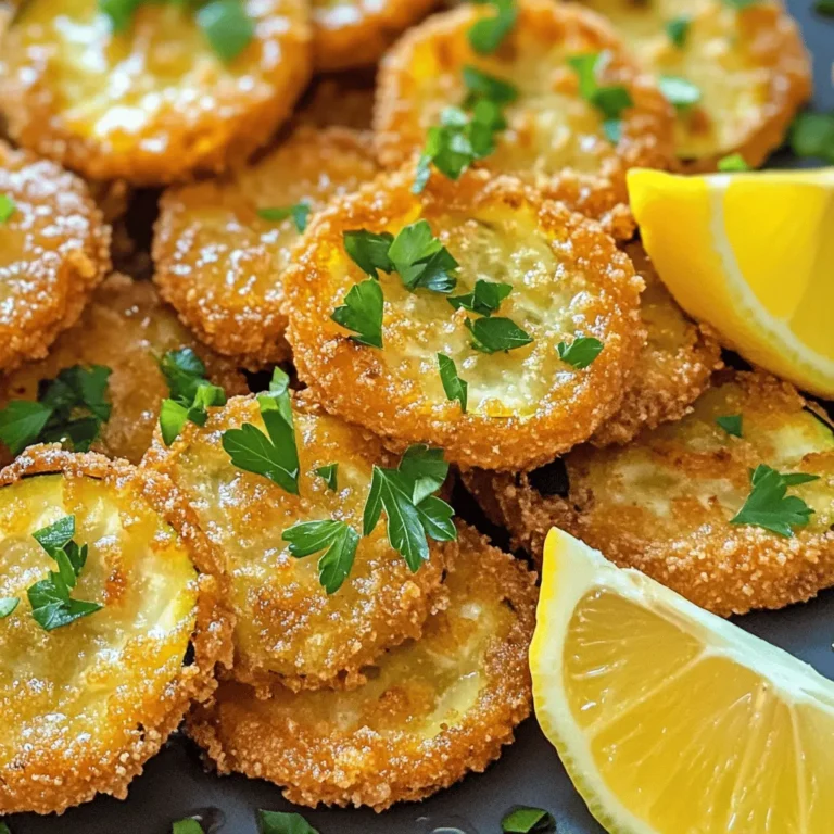 - Zucchini and Basic Coatings - 2 medium zucchinis, sliced into 1/4-inch thick rounds - 1 cup all-purpose flour - 1/2 cup cornmeal - Spices and Seasonings - 1 teaspoon garlic powder - 1 teaspoon onion powder - 1 teaspoon smoked paprika - 1/2 teaspoon cayenne pepper (optional, for a spicy kick) - 1 teaspoon salt - 1/2 teaspoon freshly ground black pepper - Additional Ingredients for Serving - 2 large eggs - 1/4 cup milk - Oil for frying (canola or vegetable oil recommended) - Fresh parsley, finely chopped (for garnishing) - Lemon wedges (for serving) When you gather these ingredients, you prepare for a fun cooking adventure. Zucchini is a star here. It is mild and absorbs flavors well. The flour and cornmeal create a crunchy coating. The spices add depth and warmth, making each bite exciting. You can adjust the spices to match your taste. Want more heat? Toss in extra cayenne. Prefer a smoky flavor? Use more smoked paprika. The choice is yours! Gathering fresh parsley and lemon wedges makes serving fun. The parsley adds a splash of color. The lemon gives a bright, zesty kick to each bite. This dish pairs well with many meals. It can be a side, a snack, or even a fun appetizer. Remember, the right ingredients set the stage for greatness. The crispy fried zucchini will impress anyone who tries it. Enjoy the process and the delicious results! For the full recipe, check out the detailed steps ahead. Washing and Slicing Start by washing the zucchinis under cold water. This ensures they are clean and ready to use. Next, slice them into rounds that are about 1/4-inch thick. Uniform slices help them cook evenly. Patting Dry for Crispiness After slicing, pat the zucchini rounds dry with a paper towel. Removing excess moisture is key to getting them crispy when fried. Mixing Dry Ingredients In a shallow bowl, combine the all-purpose flour, cornmeal, garlic powder, onion powder, smoked paprika, cayenne pepper, salt, and black pepper. Stir this mixture well to ensure all the spices blend nicely. Preparing the Egg Wash In a different bowl, crack the two large eggs and pour in the milk. Whisk them together until the mixture is smooth. This egg wash helps the coating stick to the zucchini. Dredging Technique Take each zucchini round and dip it into the egg wash first. Let any excess drip off. Next, dredge it in the flour mixture. Press gently to make sure the coating sticks well. Place the coated zucchini on a plate while finishing the rest. Preheating Oil and Frying Process In a deep skillet, pour in enough oil to reach about one inch deep. Heat the oil over medium-high heat until it’s around 350°F (175°C). You can test the oil by dropping a small piece of batter in. If it bubbles, the oil is ready. Draining and Seasoning Carefully add the zucchini rounds to the hot oil in batches. Fry each side for about 2-3 minutes until golden brown. Use a slotted spoon to transfer the fried zucchini to a plate lined with paper towels to drain excess oil. Once all are fried, sprinkle with a bit of salt. Garnish with fresh parsley for a nice touch. Enjoy these crispy fried zucchinis hot, and don’t forget to squeeze some lemon juice on top for extra flavor. For the full recipe, check the details above. Importance of Drying Zucchini When you slice zucchini, it holds a lot of water. This moisture can make your zucchini soggy. To fix this, pat the slices dry with a paper towel. Drying helps the coating stick better and makes them crispier. Proper Oil Temperature Getting the right oil temperature is key. If the oil is too cold, the zucchini will soak it up and become greasy. Aim for around 350°F (175°C). You can test the oil by dropping in a small amount of batter. If it bubbles right away, you’re good to go! Suggested Spice Variations You can mix and match spices to suit your taste. Try adding Italian herbs like oregano or basil. Or go for a taco twist with cumin and chili powder. This adds a fun kick to your crispy fried zucchini. Adding Heat with Cayenne If you like spice, sprinkle in some cayenne pepper. It brings a nice warmth without being overpowering. Start with half a teaspoon and adjust based on your taste. It makes for a delicious crispy treat! For the full recipe, check out the details above. Enjoy your cooking! {{image_4}} If you want a healthier option, try baking the zucchini. Instead of frying, you can coat the zucchini and bake them in the oven. Preheat your oven to 425°F (220°C). Place the coated rounds on a baking sheet lined with parchment paper. Bake for about 20 minutes, flipping halfway through. This method keeps the zucchini crispy while cutting down on oil. To boost the taste of your crispy fried zucchini, consider these fun flavor additions. - Cheesy Herb Coating: Mix grated Parmesan cheese into your flour mixture. Add dried herbs like oregano or thyme for a savory twist. This adds a rich flavor that pairs well with the zucchini. - Asian-inspired Spices: Add a teaspoon of sesame oil to the egg wash. Then, mix in some ground ginger and garlic powder into the flour. This gives your zucchini a tasty Asian flair, making it stand out. Crispy fried zucchini is a versatile side dish. Here are some great ways to serve it: - Pairing with Dips and Sauces: Serve your zucchini with ranch dressing or tzatziki sauce for dipping. You can also try a spicy sriracha mayo for a kick. These dips make the dish fun and interactive. - Side Dishes to Complement: Serve the zucchini alongside grilled chicken or fish. It also pairs well with a fresh salad or roasted vegetables. These options round out your meal nicely, creating a balanced plate. Try these variations to make your crispy fried zucchini even more special. For the full recipe, check the details above! To keep your crispy fried zucchini fresh, store leftovers in an airtight container. Place a paper towel at the bottom to absorb moisture. This helps maintain crispiness. Seal the container and store it in the fridge. It will stay good for about 2-3 days. If you want to freeze your crispy fried zucchini, place them in a single layer on a baking sheet. Freeze them for about an hour. Once frozen, transfer the pieces to a freezer bag. This stops them from sticking together. You can keep them in the freezer for up to 3 months. When reheating your fried zucchini, you want to keep them crispy. The best way to do this is in the oven. Preheat your oven to 375°F (190°C). Place the zucchini on a baking sheet and heat for about 10-15 minutes. This will help regain their crunch. You can also use an air fryer. Set it to 350°F (175°C) and heat for about 5-7 minutes. This method is quick and keeps them crispy. Avoid using the microwave, as it makes them soggy. To make crispy fried zucchini, start by slicing two medium zucchinis into 1/4-inch thick rounds. Dry them with a paper towel to get rid of moisture. This step is key for crispness. Then, mix flour, cornmeal, garlic powder, onion powder, smoked paprika, cayenne pepper, salt, and black pepper in a bowl. In another bowl, whisk together two eggs and milk. Dip each zucchini round in the egg wash, then coat it in the flour mix. Fry the rounds in hot oil until golden brown. Drain on paper towels, season, and serve. Check the [Full Recipe] for detailed steps! Yes, you can freeze crispy fried zucchini. First, let them cool completely. Then, place them in a single layer on a baking sheet. Freeze until solid, about one to two hours. After that, transfer them to a freezer-safe bag. This way, they won't stick together. When you want to eat them, bake or fry them straight from frozen for a quick snack. Fried zucchini pairs well with many dishes. You can serve it alongside grilled meats like chicken or fish. It also goes great with pasta dishes or as part of a veggie platter. For a fun twist, dip the zucchini in ranch dressing, marinara sauce, or garlic aioli. You can also garnish with fresh parsley for a pop of color. To prevent soggy zucchini, make sure to dry the rounds well after slicing. Moisture is the enemy of crispiness. Use a paper towel to pat the slices dry. Also, ensure the oil is hot enough before frying. If the oil is too cool, the zucchini will absorb more oil and get soggy. Fry in small batches to keep the oil temperature steady. In this blog post, we explored how to make crispy fried zucchini. We covered key ingredients, step-by-step instructions, and tips for the best results. You learned how to prepare, coat, and fry the zucchini perfectly. We also discussed baking options and ways to enhance flavor with spices. Storing and reheating tips help keep your leftovers tasty. I hope you feel ready to make this delicious dish. Enjoy your crispy zucchini anytime!