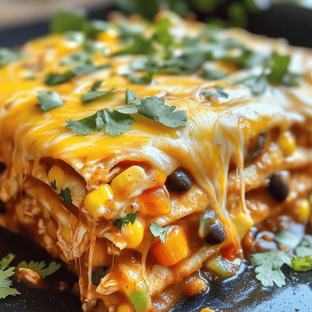 To make a delightful Chicken and Cheese Enchilada Casserole, you need a few key ingredients. Here’s the complete list: - Shredded cooked chicken - Enchilada sauce - Corn kernels - Black beans - Mixed bell peppers - Onion - Cheddar cheese - Tortillas - Spices (cumin, chili powder, salt, and pepper) - Garnish (cilantro) These ingredients come together to create layers of flavor and texture. The shredded chicken brings protein and heartiness. The enchilada sauce adds a rich, spicy kick. Corn and black beans provide sweetness and fiber. Mixed bell peppers and onion add crunch and color. Cheddar cheese ties it all together with its gooey goodness. Using fresh ingredients makes a big difference. I recommend using ripe bell peppers for their sweetness. The spices enhance the dish’s depth. Feel free to adjust them based on your taste, but cumin and chili powder are a must for that classic enchilada flavor. You can find the full recipe at the end. Enjoy creating this flavorful meal! - Preheat the oven to 350°F (175°C). This step is key for even baking. - In a large skillet, heat a splash of olive oil over medium heat. - Add the finely diced onion and mixed bell peppers. - Cook for about 5 minutes, stirring often, until the veggies are tender. - In a big mixing bowl, add the shredded chicken, corn, and rinsed black beans. - Stir in the sautéed onion and bell peppers. - Add ground cumin, chili powder, and salt and pepper to taste. - Gently fold in half of the shredded cheddar cheese. Mix well until everything combines. - Pour a thin layer of enchilada sauce onto the bottom of a 9x13-inch baking dish. - Lay down 4 tortillas, slightly overlapping if needed. - Spoon half of the chicken mixture over the tortillas. - Drizzle half of the remaining enchilada sauce on top and sprinkle some cheddar cheese. - Place the remaining tortillas on top of the first layer. - Add the rest of the chicken mixture. - Drizzle the last of the enchilada sauce over this layer. - Top with the remaining cheddar cheese for that gooey finish. - Cover the baking dish with aluminum foil to keep the moisture in. - Bake in the preheated oven for 25 minutes. - Carefully remove the foil and continue baking for another 10-15 minutes. - You want the cheese to be melted, bubbly, and lightly golden. Enjoy the full recipe to create your Chicken and Cheese Enchilada Casserole delight! - Use rotisserie chicken for ease: This saves time and adds great flavor. You can find it at most grocery stores, and it is already cooked. Just shred it and mix it in! - Adjust spice levels according to preference: Not everyone likes spicy food. You can add more chili powder for heat or skip it entirely. Taste the filling as you mix to find your perfect blend. - Overfilling the casserole dish: It can cause spills and uneven cooking. Stick to the layers in the recipe for the best results. - Not letting it cool before serving: If you cut right away, the layers might fall apart. Give it a few minutes to set. This helps keep everything together and makes serving easier. For more detailed steps, check the Full Recipe. Enjoy making your Chicken and Cheese Enchilada Casserole! {{image_4}} You can switch proteins in this recipe. Use beef, turkey, or beans if you want. Each option adds its own unique taste. Cheese is also flexible. Try monterey jack for a milder flavor or pepper jack for a kick. Both melt well and taste great in this dish. If you need a gluten-free option, use corn tortillas. They hold the filling well and add a nice crunch. For those who prefer vegetarian or vegan meals, simply replace the chicken with beans or lentils. Use vegan cheese to keep it dairy-free. This way, everyone can enjoy the casserole. Feel free to explore these variations to make a dish that fits your taste! To keep your Chicken and Cheese Enchilada Casserole fresh, place it in an airtight container. This helps prevent drying and keeps flavors intact. Store it in the fridge for up to three days. Always let the casserole cool before sealing it. This helps avoid condensation inside the container. When reheating, the oven gives the best texture. Preheat your oven to 350°F (175°C). Place your casserole in an oven-safe dish, cover it with foil, and heat for about 20 minutes. This keeps the cheese melty and the layers intact. You can use the microwave, but it may make the casserole a bit soggy. If you choose the microwave, heat in short bursts and check often. To freeze your casserole, let it cool completely. Then, wrap it tightly in plastic wrap and foil. This protects it from freezer burn. You can freeze it for up to three months. When you are ready to eat, thaw it in the fridge overnight. Reheat in the oven for the best taste and texture. This way, you can enjoy your Chicken and Cheese Enchilada Casserole anytime! For the full recipe, check the earlier section. You can use either corn or flour tortillas. Corn tortillas have a lovely flavor and texture. They hold up well with the sauce and filling. Flour tortillas are softer and easier to roll. Choose what you like best. If you want a classic taste, go for corn tortillas. If you prefer a more tender bite, choose flour. Yes, you can prepare this casserole in advance. You can layer it, cover it, and store it in the fridge. Just bake it when you're ready to eat. This saves time on busy days. If you need to store it longer, freeze it. Just thaw it overnight in the fridge before baking. This casserole pairs well with a fresh salad. A simple green salad adds a nice crunch. You can also serve rice on the side. Mexican rice or cilantro-lime rice works great. Chips and salsa make a fun side dish, too! Each option complements the flavors of the casserole. Yes, frozen chicken works well in this recipe. You’ll need to cook it first. You can boil or bake the chicken until it is fully cooked. Shred it once it cools down. This is a great way to save time and reduce waste. Just make sure to cook it all the way through. This article showed you how to make a tasty Chicken and Cheese Enchilada Casserole. From gathering fresh ingredients to layering your dish, every step builds flavor. Remember to use rotisserie chicken for a quick meal. Avoid overfilling the dish to keep it neat. You can also switch ingredients for your taste. Finally, store leftovers properly to enjoy later. This dish is easy, fun, and perfect for any meal. Happy cooking!