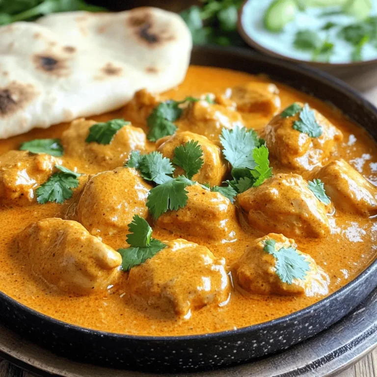 - 500g boneless, skinless chicken thighs - 1 cup plain yogurt - 2 tablespoons fresh lemon juice - 3 tablespoons unsalted butter - 2 teaspoons garam masala - 1 teaspoon turmeric powder - 1 teaspoon chili powder - 1 teaspoon salt - 1 medium onion, finely chopped - 4 cloves garlic, minced - 1 inch piece of fresh ginger, grated - Fresh cilantro, chopped (for garnish) For Indian Butter Chicken, the right ingredients make all the difference. You start with tender chicken thighs. They soak up flavors and stay juicy. Next, you need plain yogurt and fresh lemon juice. This combo adds tang and makes the chicken super tender. Garam masala is key here. It packs warm spices that give the dish its unique taste. Turmeric powder adds a lovely yellow color and earthy flavor. Chili powder brings a bit of heat, but you can adjust this based on your taste. Salt enhances all these flavors, making everything pop. Don't forget the aromatics. Onion, garlic, and ginger create a fantastic base. They bring depth to the dish. Finally, finish with fresh cilantro. It adds a pop of color and freshness. For a complete guide, check out the Full Recipe. This recipe brings all these ingredients together for a rich and creamy delight. 1. In a bowl, combine yogurt, lemon juice, garam masala, turmeric powder, chili powder, and salt. 2. Add chicken pieces to the bowl. Mix until the chicken is well coated. 3. Cover the bowl with plastic wrap. Refrigerate for at least 1 hour. For the best flavor, marinate overnight. 1. Heat butter in a large skillet over medium heat. 2. Once melted, add finely chopped onion. Sauté until the onion is translucent and slightly golden. 3. Add minced garlic and grated ginger. Cook until fragrant, about 1-2 minutes. 1. Add the marinated chicken to the skillet. Cook until browned, about 5-7 minutes. 2. Stir in crushed tomatoes. Allow the mixture to simmer on low heat for 10 minutes, blending the flavors. 1. Stir in heavy cream and ground cumin. Mix well to create a creamy texture. 2. Taste and adjust seasoning with more salt if needed. 3. Garnish with fresh cilantro before serving. For the full recipe, check out the Creamy Butter Chicken Delight . Marinating chicken is key to great flavor. An overnight marination gives deeper taste. The yogurt tenderizes the meat and adds creaminess. You can also try different marinades. For a smoky flavor, add some smoked paprika. If you want more heat, include cayenne pepper. These options keep the dish exciting. Choose the right pan for even cooking. A heavy skillet works best for this dish. It heats evenly and retains warmth. Keep an eye on the temperature. Cook over medium heat to avoid burning the spices. This ensures the flavors meld well without harsh edges. Serve your butter chicken with warm naan or fluffy basmati rice. This makes a perfect meal. For a pop of color, garnish with fresh cilantro. You can add a side of cucumber raita for a cool contrast. This adds a fun twist and enhances the meal's appeal. Enjoy this creamy and flavorful delight! {{image_4}} To change the heat in your Indian butter chicken, you can adjust the spices. If you want it hotter, add more chili powder or fresh chilies. You can also use a spicy marinade. For a milder dish, cut back on the chili powder. A little sugar can help balance the heat, too. You can swap out chicken thighs for chicken breasts if you want a leaner option. Just remember, chicken breasts cook faster, so check them early. For a plant-based choice, tofu works well. Press the tofu to remove water, then marinate it like the chicken. Cook it for about 5-6 minutes until golden brown. To make a vegan version, use coconut cream instead of heavy cream. You can also replace chicken with chickpeas or paneer. For yogurt, use a plant-based option. Nutritional yeast adds a nice cheesy flavor and enhances richness. These swaps keep the dish tasty and satisfying without dairy. For the full recipe, you can check out the detailed steps provided earlier. To keep your butter chicken fresh, store it in an airtight container. Make sure it cools down first. Refrigerate it within two hours of cooking. This helps prevent bacteria growth. You can safely store it for up to four days in the fridge. If you want to save it longer, freezing is a great option. To freeze butter chicken, let it cool completely first. Then, place it in a freezer-safe container. Squeeze out as much air as you can before sealing. It can last up to three months in the freezer. When you want to eat it, move it to the fridge to thaw overnight. For reheating, warm it gently on the stovetop. For the best results, use the stovetop to reheat butter chicken. This helps keep it creamy and flavorful. Stir it often and add a splash of cream or water if it thickens. If you use a microwave, cover it to trap steam. Heat it in short bursts, stirring in between, to avoid hot spots. Enjoy your delicious dish just like when it was fresh! Indian Butter Chicken, or Murgh Makhani, started in Delhi, India, in the 1950s. It came from the need to use leftover chicken. The dish grew in popularity due to its rich taste and creamy sauce. It shows the blend of Indian spices and British tastes. Butter chicken has become a favorite in many countries. Its creamy texture and warm spices make it unique and loved worldwide. Yes, you can make Butter Chicken ahead of time. Prepare the dish up to the point of adding cream. Let it cool and place it in the fridge. When ready to serve, heat it on the stove over low heat. Add cream just before serving for the best taste. This method helps the flavors meld beautifully and saves time on busy days. Butter Chicken pairs well with many sides. Here are some great options: - Warm naan bread - Fluffy basmati rice - Cucumber raita for a cooling effect - A fresh salad with a tangy dressing - Mango lassi to balance the spices These sides enhance the meal and create a delicious experience. You can make Butter Chicken healthier with a few easy changes. Consider these tips: - Use chicken breast instead of thighs for less fat. - Substitute yogurt for some of the cream to cut calories. - Add more veggies, like spinach or bell peppers, for extra nutrients. - Serve with brown rice instead of white rice for more fiber. These tweaks keep the dish tasty while making it a bit lighter. In this blog post, we explored the key ingredients and steps to create a delicious butter chicken. We discussed the importance of marination, the right cooking techniques, and tips for enhancing flavors. We also looked at variations for spice levels and alternative proteins, plus how to store and reheat your dish. Overall, this recipe invites creativity and personal touches. You can adapt it to suit your tastes or dietary needs while keeping its rich essence. Enjoy the process and the great meal to share!