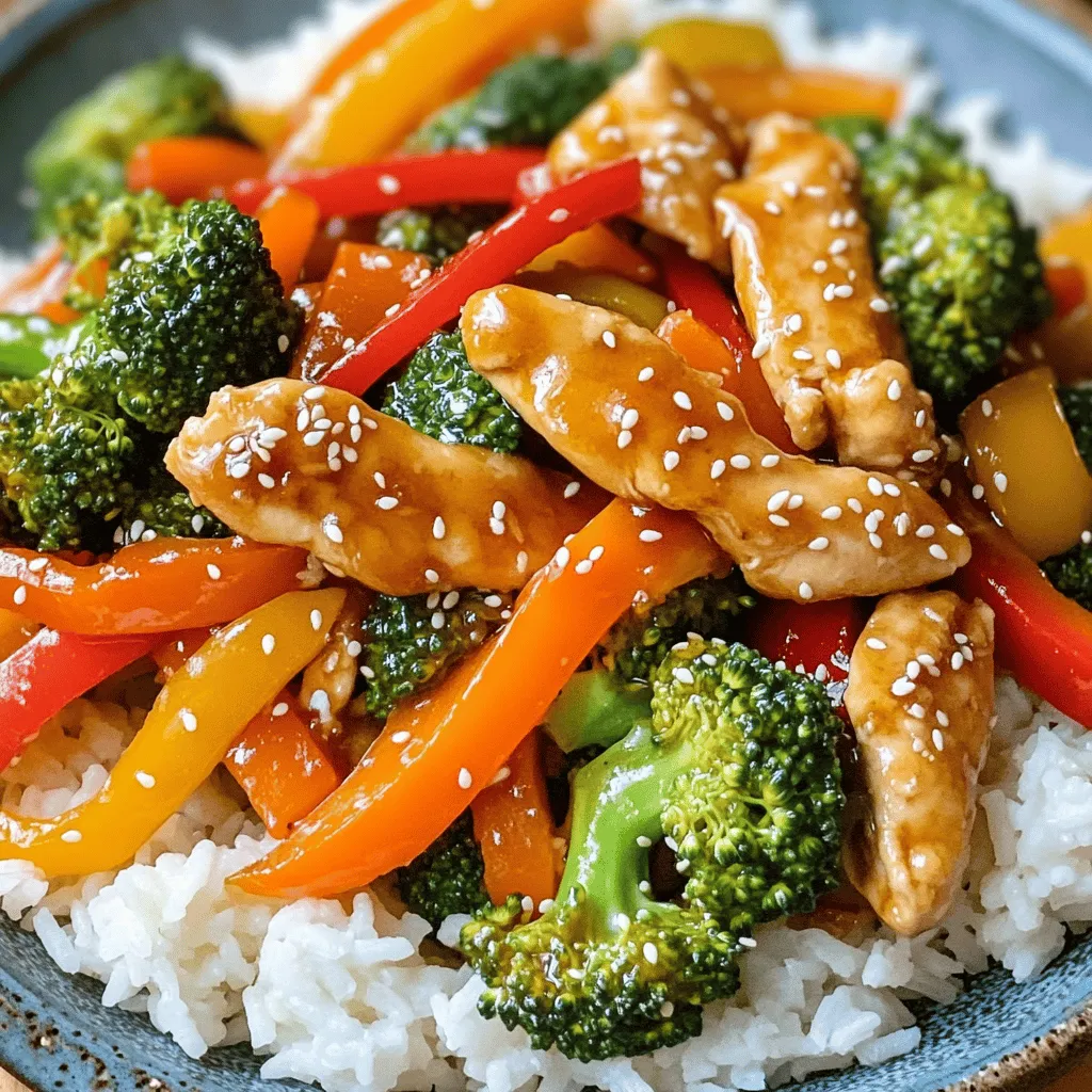 - 1 pound boneless, skinless chicken breast, sliced into thin strips - 2 tablespoons low-sodium soy sauce - 1 tablespoon cornstarch - 2 tablespoons vegetable oil (divided) - 1 bell pepper (your choice of color), sliced into thin strips - 1 cup fresh broccoli florets - 1 carrot, cut into thin julienne strips - 2 cloves garlic, finely minced - 1-inch piece of fresh ginger, grated - 1 tablespoon sesame oil - Salt and pepper, to taste - Steamed rice or cooked noodles, for serving - Sesame seeds - Chopped green onions When making a quick and easy chicken stir fry, you want fresh and bright flavors. The main ingredients start with chicken breast. I prefer boneless and skinless for easy prep. Slice it into thin strips for even cooking. Next, grab some fresh vegetables. I often use bell peppers, broccoli, and carrots. They add great color and crunch. You can switch these out for your favorites, too. For seasoning, low-sodium soy sauce gives that savory kick. The cornstarch helps the chicken stay tender. Don’t forget the garlic and ginger! They add a lovely aroma and depth to the dish. Finally, some vegetable oil and sesame oil round out the flavors. The vegetable oil is for cooking, while the sesame oil adds a nutty finish. For a fun touch, sprinkle sesame seeds or chopped green onions on top when serving. These garnishes add a little flair and flavor. This dish is not just tasty; it’s also colorful and inviting! Start by marinating the chicken. In a bowl, mix the sliced chicken breast with soy sauce and cornstarch. This mix helps tenderize the meat and adds flavor. Let it sit for about 10 minutes. This waiting time gives the chicken a chance to absorb those tasty flavors. Next, heat a skillet over medium-high heat. Add one tablespoon of vegetable oil. Once the oil is hot, add the marinated chicken. Stir-fry it for about 5 to 7 minutes. You want the chicken to turn golden brown and be fully cooked. Once done, take the chicken out and set it aside on a plate. Now, it’s time to get those veggies in the skillet. Add the remaining tablespoon of vegetable oil to the same skillet. Start with the bell pepper, broccoli, and carrot. Stir-fry these for about 3 to 4 minutes. You want them to be bright and a bit tender but still crisp. To keep the veggies crisp, don’t overcook them. Stir them quickly and keep an eye on the color. Now it’s time to add your flavor boost. Toss in the minced garlic and grated ginger. Stir for another minute until they smell great. Now, return the cooked chicken to the skillet with the veggies. This is where all the magic happens! Drizzle some sesame oil over everything. Add salt and pepper to taste. Stir it all together for about 1 to 2 minutes. This helps all the flavors blend. Serve your chicken stir fry over steamed rice or noodles. For a final touch, sprinkle some sesame seeds or chopped green onions on top. This dish is colorful, tasty, and packed with goodness. Don't forget to check out the Full Recipe for more details! To get the best texture and flavor in your stir fry, keep these tips in mind: - Cut chicken thin: Thin strips cook fast and stay tender. - High heat: Use medium-high heat to sear the chicken and veggies quickly. - Don't crowd the pan: Cook in batches if needed. This helps achieve a nice sear. Even heat makes all the difference. When you stir fry, shake the pan often. This ensures all pieces get direct heat. For a lovely char, let each side sit for a moment before stirring again. Prepping in advance will save you time and stress. Here’s how to speed things up: - Prep your veggies: Wash and cut them the night before. Store them in the fridge. - Use frozen veggies: Frozen bell peppers and broccoli save time and are still tasty. These tricks help you get dinner on the table fast. You can enjoy a delicious meal without the hassle. For the full recipe, check out the details above. {{image_4}} You can easily swap chicken for other proteins. Tofu is a great choice for a vegetarian meal. It soaks up flavors well and adds a nice texture. Shrimp cooks quickly and gives a fresh taste. If you use shrimp, make sure to cook it just until pink. This way, it stays tender and juicy. When switching proteins, think about the flavor. Tofu has a mild taste, so you may want to add more soy sauce or ginger. Shrimp carries its own flavor, but a hint of lemon can brighten the dish. Each protein change brings a new twist to your stir fry. Don’t feel stuck on just broccoli and bell peppers. Many veggies work well in stir fry. You can use snap peas, zucchini, or mushrooms. Each one adds its own flavor and crunch. For a colorful mix, try adding carrots and red cabbage. They look great and taste delicious. Seasonal ingredients can make your stir fry fresh and vibrant. In summer, use fresh corn or green beans. In the fall, add squash or kale for a hearty meal. Feel free to mix and match what you have. This way, your stir fry stays exciting and tasty. For the full recipe, check out the Zippy Chicken Veggie Stir Fry. To keep your chicken stir fry fresh, store it in an airtight container. Let it cool at room temperature before sealing. This helps prevent moisture buildup. Place the container in the fridge right after it cools. Your stir fry will stay fresh for 3 to 4 days. After that, it may lose its taste and texture. Reheating your stir fry can be quick and easy. You can use two main methods: the microwave or the stovetop. - Microwave: Place your stir fry in a microwave-safe dish. Cover it loosely to allow steam to escape. Heat in 1-minute bursts, stirring in between. This keeps the chicken and veggies moist. - Stovetop: Heat a non-stick skillet over medium heat. Add a splash of water or broth to keep it juicy. Stir constantly until it’s heated through. This method helps preserve texture better than the microwave. For the best results, choose the stovetop method when you can. It gives you that fresh taste and texture, just like when you first made it. Enjoy your meal! For a full recipe, check out the detailed instructions above. To make your chicken stir fry pop with flavor, try these tips: - Use fresh herbs like basil or cilantro. - Add a splash of lime juice for brightness. - Experiment with different oils, like peanut or avocado oil. - Mix in a pinch of sugar to balance flavors. - Add chili flakes for a spicy kick. These enhancements really bring out the taste in your dish. Fresh ingredients matter a lot. They add depth and richness. Yes, you can use pre-cooked chicken. It saves time and effort. When using leftovers, cut the chicken into bite-sized pieces. Heat the chicken in the skillet first. This helps to warm it through. Then, add your veggies and sauce. Just be careful not to overcook it. You want the chicken to stay moist and tender. The best sauce for chicken stir fry can vary. Soy sauce is a classic choice. It gives a salty and savory flavor. You can also try teriyaki sauce for a sweeter taste. Another option is oyster sauce, which adds richness. If you want a kick, try a spicy chili sauce. Mix and match sauces until you find your perfect blend. For a full recipe that combines all these tips and more, check out the Full Recipe. In this post, we covered how to make a tasty chicken stir fry. We discussed the key ingredients like chicken, fresh veggies, and seasonings. I shared step-by-step instructions for cooking, tips for perfecting texture, and quick prep ideas. You can try different proteins and vegetables too. Remember to store leftovers properly and reheat them to keep their yummy texture. With these tips, a great stir fry is within easy reach. Enjoy creating your own delicious meals!