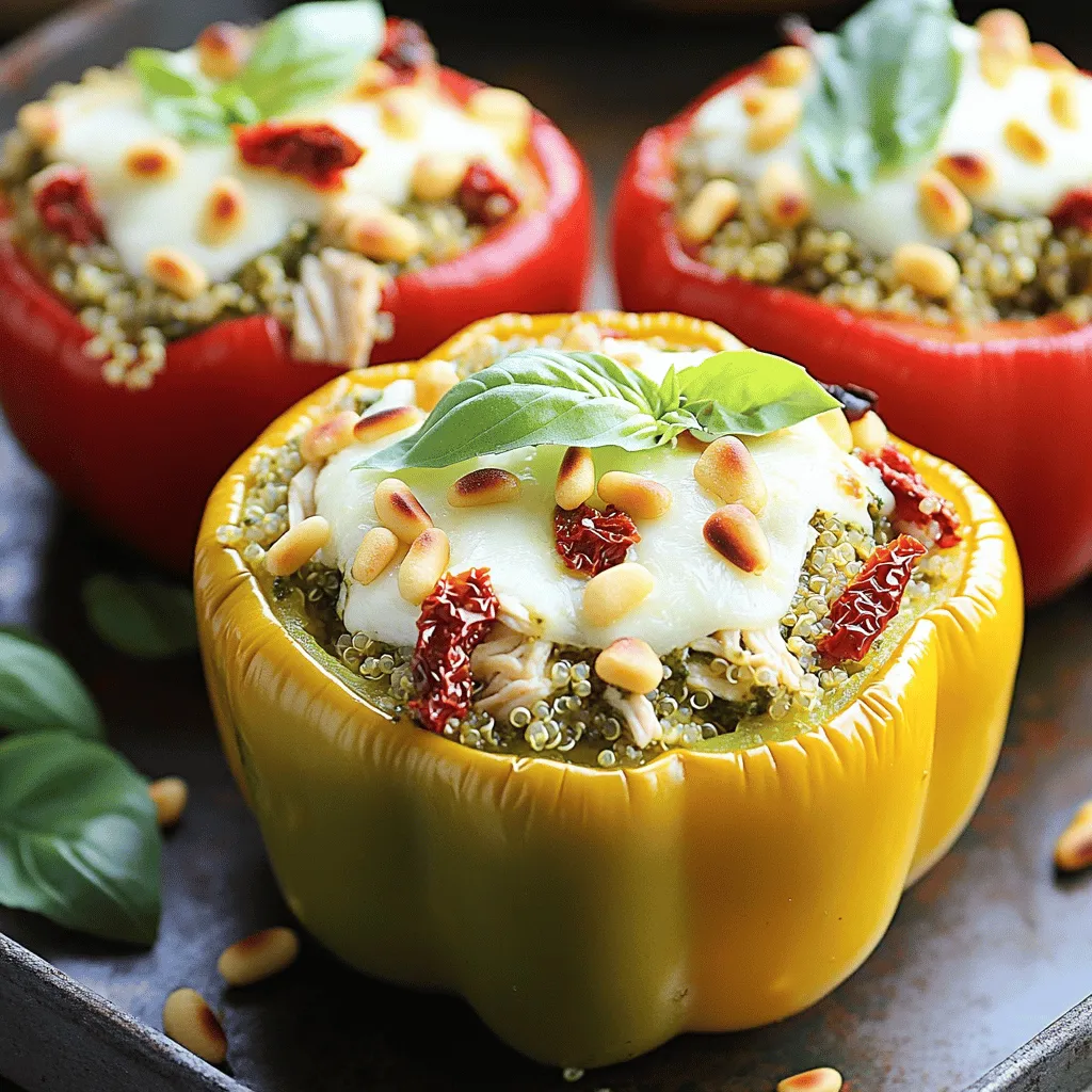 To create my delicious pesto chicken stuffed peppers, you need the following: - 4 large bell peppers (any vibrant color you like) - 2 cups cooked chicken, shredded (rotisserie chicken works great) - 1/2 cup basil pesto (store-bought or homemade) - 1 cup quinoa, thoroughly cooked and cooled - 1/2 cup mozzarella cheese, freshly shredded - 1/4 cup sun-dried tomatoes, finely chopped - 1/4 cup pine nuts, lightly toasted - Salt and black pepper, to taste - Fresh basil leaves for garnish (optional, but adds nice color) You can add these ingredients if you want to boost the taste: - Garlic powder or minced garlic for extra flavor - Red pepper flakes for a little heat - Parmesan cheese for a cheesy topping - Olives, chopped, for a tangy twist - Fresh spinach, chopped, for added nutrition If you have dietary needs, here are some swaps: - Use cauliflower rice instead of quinoa for a low-carb option. - Replace chicken with chickpeas or black beans for a vegetarian dish. - Swap mozzarella for a dairy-free cheese alternative. - Use almond or sunflower seeds instead of pine nuts for nut-free diets. These ingredients make your pesto chicken stuffed peppers easy and full of flavor. For the full recipe, check the details above. Enjoy cooking! First, preheat your oven to 375°F (190°C). This step is key for even cooking. Next, take your bell peppers and cut the tops off. Carefully remove the seeds and membranes inside. Keep the peppers whole so you can fill them later. Set the tops aside or toss them if you don’t need them. In a large bowl, combine the shredded chicken, basil pesto, cooked quinoa, mozzarella cheese, sun-dried tomatoes, and toasted pine nuts. Stir the mixture gently until everything is well-coated with the pesto. This blend brings the flavors together. Add salt and black pepper to taste. Make sure it’s tasty! Now, it’s time to fill the peppers. Use a spoon to pack the chicken mixture into each pepper. Fill them to the top for maximum flavor. Place the stuffed peppers upright in a baking dish. If any peppers wobble, trim the bottom slightly to help them stand firm. Cover your baking dish tightly with aluminum foil. This helps keep the moisture in. Bake for 25 minutes in your preheated oven. After that, remove the foil and bake for another 10 to 15 minutes. Watch for the peppers to become tender and the tops to get a nice golden color. For the full recipe, check out the details above! To make your peppers tender, start by choosing the right ones. Look for large, fresh bell peppers with smooth skin. When you cut the tops off, make sure you remove all seeds and membranes. This helps the peppers cook evenly. Baking them covered with foil at first traps steam, softening the peppers. After 25 minutes, remove the foil to allow the tops to brown nicely. You can boost flavor easily! Try adding garlic powder or onion powder to the chicken mixture. A sprinkle of Italian herbs can add depth. If you like a bit of heat, add crushed red pepper flakes. Experiment with different cheeses, like feta or gouda, too. These small changes can elevate your dish. Using the right tools can make cooking easier. A sharp knife helps you cut the peppers cleanly. A sturdy baking dish is essential to hold the peppers upright. I recommend using a large mixing bowl for combining your filling. A spoon or spatula works well for mixing. Finally, don’t forget oven mitts for safe handling! For the complete recipe, check out the Full Recipe. {{image_4}} You can easily make these stuffed peppers vegetarian. Instead of chicken, use cooked lentils or black beans. They add protein and taste great. You can also use diced mushrooms for a meaty texture. If you want more flavor, add extra spices like cumin or paprika. Mix in more veggies like zucchini or spinach for added health benefits. If you want to switch up the protein, try ground turkey, beef, or tofu. Each protein adds a unique flavor. Ground turkey is light and healthy. Beef gives a rich taste. Tofu soaks up flavors well and is great for a plant-based option. Just make sure to season each protein well with salt and black pepper. Toppings can change the whole dish. Try adding sliced olives or jalapeños on top for a kick. A sprinkle of feta cheese or goat cheese adds creaminess. You can also drizzle balsamic reduction for a sweet touch. Fresh herbs like parsley or cilantro make it look pretty and fresh. Experiment with your favorite toppings to make it your own. For the full recipe, refer to the Pesto Chicken Stuffed Peppers section above. To store your pesto chicken stuffed peppers, first let them cool down. Once cool, wrap each pepper in plastic wrap or place them in an airtight container. This keeps them fresh and prevents any drying out. Store them in the fridge. They can last up to three days if stored properly. When you're ready to eat leftovers, preheat your oven to 350°F (175°C). Place the stuffed peppers in a baking dish. Add a splash of water to keep them moist. Cover the dish with foil to help them heat evenly. Bake for about 20-25 minutes, until they are hot throughout. You can also use a microwave. Heat them for about 2-3 minutes, checking often to avoid overcooking. If you want to freeze your stuffed peppers, do it before baking. Wrap each one tightly in plastic wrap and then place them in a freezer bag. They can stay frozen for up to three months. When you're ready to cook them, bake straight from the freezer. Just add about 10 extra minutes to the baking time. This way, you can enjoy a tasty meal anytime! For the full recipe, check back to make cooking these delicious stuffed peppers easy and fun. No, you should not use raw chicken. Raw chicken needs to cook fully. Stuffed peppers bake for a short time. Using raw chicken can lead to undercooked meat. Always use cooked chicken for safety and flavor. Stuffed peppers pair well with many sides. A simple salad adds freshness. Garlic bread can also complement the meal. You might try roasted vegetables for a healthy option. These sides enhance your dining experience. Stuffed peppers last about 3 to 5 days in the fridge. Store them in an airtight container for best results. Always check for any signs of spoilage before eating. Enjoy them within this time for fresh flavor. If you prefer a different grain, try brown rice or couscous. Both options work well in stuffed peppers. They provide a nice texture and flavor. Choose what fits your taste and diet. Yes, you can prepare the peppers in advance. Stuff them and store in the fridge. Bake them the next day for a quick meal. This makes dinner easy and convenient. Try it for busy weeknights. For the full recipe, visit the [Full Recipe]. We explored how to make delicious pesto chicken stuffed peppers. You learned about key ingredients, options for flavor, and smart substitutions for diets. The step-by-step guide gave clear instructions, while tips helped ensure perfect results. We even discussed fun variations and how to store leftovers. Now you have all the tools to make stuffed peppers your own. Get creative in the kitchen and enjoy each bite!