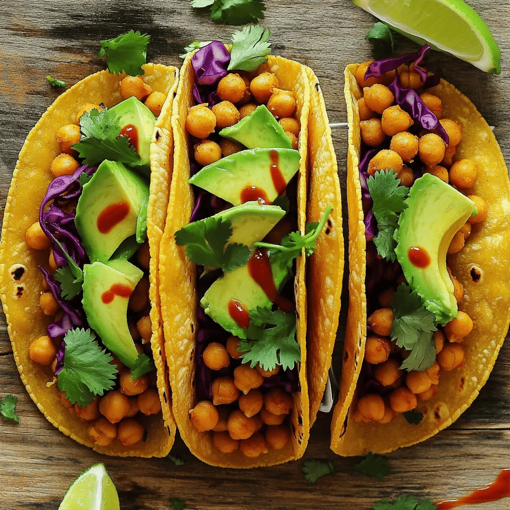 For these spicy chickpea tacos, gather the following items: - 1 can (15 oz) chickpeas, thoroughly drained and rinsed - 2 tablespoons extra virgin olive oil - 1 teaspoon chili powder - 1/2 teaspoon ground cumin - 1/2 teaspoon smoked paprika - 1/4 teaspoon cayenne pepper (adjust according to your spice preference) - Sea salt and freshly cracked black pepper, to taste - 8 small corn or flour tortillas - 1 ripe avocado, sliced into thin wedges - 1 cup purple cabbage, finely shredded for crunch - 1/4 cup fresh cilantro, roughly chopped - 1 lime, cut into wedges for zesty flavor - Optional: hot sauce, to spice things up Chickpeas are not just tasty; they are also packed with nutrition. They are high in protein and fiber, making them great for full meals. Protein helps build muscles, while fiber aids digestion. Chickpeas also contain important vitamins and minerals, such as iron and magnesium. Eating chickpeas may help you feel full longer, which can aid in weight management. The toppings can take your tacos to the next level. Here are my favorites: - Sliced avocado adds creaminess and healthy fats. - Shredded purple cabbage gives a nice crunch and color. - Fresh cilantro lifts the flavors with its bright notes. - Lime wedges bring a zesty kick that brightens each bite. - Hot sauce can add extra heat for those who love spice. For the full recipe, check out the cooking steps to make these delightful tacos. Start by rinsing the chickpeas. Use a can of chickpeas, about 15 ounces. Drain them well to remove excess liquid. Place them in a medium mixing bowl. Add 2 tablespoons of extra virgin olive oil to the bowl. Then, sprinkle in the spices: 1 teaspoon of chili powder, 1/2 teaspoon of ground cumin, 1/2 teaspoon of smoked paprika, and 1/4 teaspoon of cayenne pepper. Adjust the cayenne to your spice level. Season with sea salt and black pepper to taste. Toss the chickpeas until they are well coated in the oil and spices. Next, heat a non-stick skillet over medium heat. Once hot, add the seasoned chickpeas to the skillet. Cook for 5 to 7 minutes, stirring occasionally. You want them to get slightly crispy on the outside and heated through. The heat will enhance their flavors and texture. This step is key for a great taco experience. While the chickpeas cook, warm your tortillas. You can do this in another skillet or quickly in the microwave for 15-20 seconds. Once warm, take a tortilla and place a generous spoonful of the spicy chickpeas in the center. Add toppings like sliced avocado, shredded purple cabbage for crunch, and chopped cilantro. Squeeze fresh lime juice over the top for a zesty kick. If you like it hot, drizzle your favorite hot sauce over the tacos. Enjoy these flavorful bites! For the full recipe, check out the complete guide. To season chickpeas well, start with a good mix of spices. Use chili powder, cumin, and smoked paprika for depth. Adjust the cayenne pepper to match your spice level. Always taste the mix. Add salt and pepper to enhance the flavor. Make sure every chickpea gets coated. This will give each bite a burst of flavor. Warming tortillas makes them soft and easy to fold. You can heat them in a skillet for about 30 seconds on each side. This method helps bring out their flavor. If you're in a hurry, microwave them for 15 to 20 seconds. Wrap them in a clean kitchen towel to keep them warm and pliable. Serve your tacos on a bright platter. This adds color and makes them look tempting. Use fresh cilantro and lime wedges as garnishes. These not only look nice but also add flavor. For extra fun, offer hot sauce on the side. This allows guests to add spice to their liking. Presenting food well makes it taste better. Enjoy your colorful and tasty Spicy Chickpea Tacos! {{image_4}} You can change the protein in your Spicy Chickpea Tacos. Try black beans for a different flavor. Lentils also work well. They add a nice texture. You can even use shredded chicken or beef for a heartier meal. Just cook them with the same spices for a tasty twist. These tacos shine as vegan and gluten-free. Use corn tortillas if you want to avoid gluten. You can also add plant-based cheese for creaminess. If you love more veggies, add grilled zucchini or bell peppers. They add color and flavor. This keeps your meal light and fresh. Adjust the heat to your taste. If you prefer mild tacos, skip the cayenne pepper. You can use extra smoked paprika instead. This adds flavor without too much heat. For spicy lovers, add more cayenne or hot sauce. You can even try jalapeños for an extra kick. This lets you customize your meal to suit anyone’s taste. Check out the Full Recipe for all the details! To store leftover chickpeas, place them in an airtight container. Make sure the chickpeas are completely cool before sealing. They can last in the fridge for about three to four days. If you want them to stay fresh longer, consider freezing them. Remember to label the container with the date. When you're ready to eat your tacos again, reheating is easy. You can use a skillet on medium heat. Heat the tacos for a few minutes until warm. If you prefer, you can also microwave them. Just wrap them in a damp paper towel. Heat for 30 seconds to one minute. This keeps the tortillas soft. For meal prep, freezing is a great option. First, let the chickpeas cool completely. Place them in a freezer-safe bag or container. Press out any extra air to prevent freezer burn. They can last in the freezer for up to three months. When you’re ready to use them, thaw in the fridge overnight. Then, you can reheat and enjoy your Spicy Chickpea Tacos from the [Full Recipe]. If you want to swap out chickpeas, use black beans or lentils. Both choices add protein and fiber. They also bring a different taste. You can mash the beans for a creamy texture. Cooked lentils can also work well in tacos. Adjust the spices to match your preference. Yes, you can prepare these tacos in advance. Cook the chickpeas and store them in the fridge. They stay fresh for up to three days. Warm them up before serving. You can also prepare the toppings ahead. Just store them separately to keep them fresh. Absolutely! Spicy Chickpea Tacos are packed with nutrients. Chickpeas are rich in protein and fiber. They help keep you full longer. The toppings, like avocado and cabbage, add healthy fats and vitamins. This meal is great for balanced nutrition. You can enjoy it guilt-free. For the full recipe, check the earlier section! In this article, we explored the ingredients for spicy chickpea tacos and their benefits. We covered how to prepare, cook, and assemble these tasty tacos. I shared tips on seasoning and serving to make your meal shine. We also looked at variations for every taste and storage options for leftovers. Overall, spicy chickpea tacos are fun, healthy, and easy to make. Experiment with flavors and enjoy every bite!