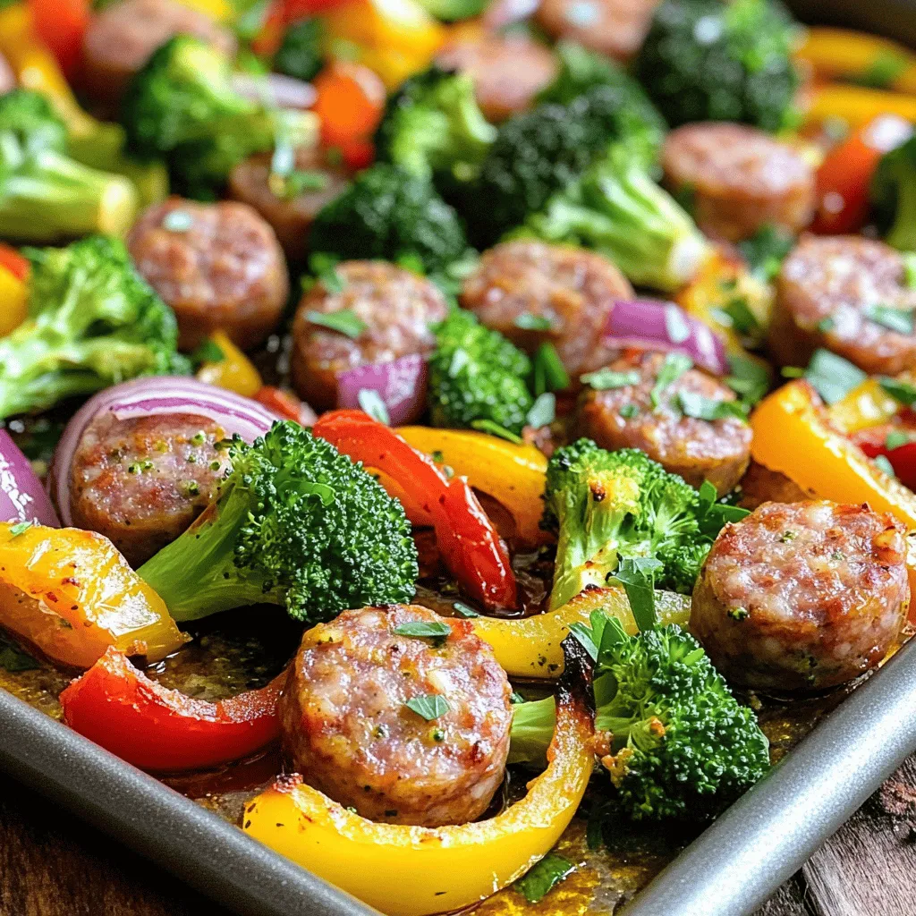 - 1 pound Italian sausage - 2 cups broccoli florets - 1 red bell pepper - 1 yellow bell pepper - 1 medium red onion - 3 cloves garlic - 3 tablespoons extra virgin olive oil - 1 teaspoon dried oregano - 1 teaspoon smoked paprika - Salt and black pepper - Fresh parsley for garnish - Optional: crusty bread or rice Choosing the right ingredients makes this dish shine. Italian sausage brings flavor and heartiness. You can pick mild or spicy sausage based on your taste. Broccoli florets add crunch and color. The red and yellow bell peppers give sweetness. A medium red onion adds a deep, rich flavor. Finally, garlic gives a wonderful aroma. When it comes to seasoning, use olive oil for richness. Dried oregano and smoked paprika add depth. Salt and black pepper enhance all the flavors. This simple mix makes the dish pop. For garnish, fresh parsley adds a bright touch. It makes your meal look and taste fresh. You can serve it with crusty bread or fluffy rice. Both options soak up the juices well. You can find the Full Recipe for step-by-step cooking instructions. Enjoy your cooking adventure! - Preheat oven to 425°F (220°C). - Line a large baking sheet with parchment paper. - In a large bowl, combine broccoli, red and yellow peppers, onion, and garlic. - Drizzle 2 tablespoons of olive oil over the vegetables. - Sprinkle in oregano, smoked paprika, salt, and pepper. - Toss until the veggies are well coated. - Spread the seasoned veggies on one side of the baking sheet. - Cut the Italian sausages into 1-inch pieces. Place them on the other side of the baking sheet. - Drizzle the last tablespoon of olive oil over the sausages. Season with a pinch of salt and pepper. - Roast for 25-30 minutes. Stir halfway to ensure even cooking. When making a sausage and veggie sheet pan dinner, do not overcrowd the baking sheet. If you pile too many veggies and sausages together, they will steam instead of roast. Roasting allows for that nice browning and flavor. To achieve perfect caramelization, space out the veggies. Caramelization occurs when the sugars in the veggies cook and turn golden. This gives a sweet, rich flavor that makes the dish more enjoyable. Spices and herbs can take your dish to the next level. Try adding a pinch of red pepper flakes for some heat, or fresh rosemary for a fragrant touch. These small changes can make a big difference. A squeeze of lemon juice before serving brightens the dish. The acidity balances the richness of the sausage. It adds freshness and makes the meal taste even better. For easy cleanup, use parchment paper to line the baking sheet. This prevents food from sticking and makes washing up a breeze. After dinner, just toss the paper away. To avoid sticking on the baking sheet, make sure to coat your veggies and sausage with olive oil. This helps them cook well and makes cleanup easier. Enjoy your meal without the hassle! {{image_4}} If you want to swap out Italian sausage, you have great options. Chicken sausage works well. It gives you a lighter taste but still packs flavor. You can also try turkey sausage or a plant-based sausage. These options are tasty and can cater to different diets. You can mix in other veggies, too. Zucchini, asparagus, or carrots add a nice twist. Cauliflower is another great choice. It roasts well and has a mild taste. You can also think about seasonal veggies. In spring, use fresh peas or asparagus. In fall, add butternut squash or sweet potatoes for a sweet touch. If you need a gluten-free meal, choose gluten-free sausage. Many brands offer this option. For vegan-friendly choices, skip the sausage entirely. Try chickpeas or lentils for protein. You can also add more veggies to fill out the meal. This way, everyone can enjoy the dish! To store leftovers, let the dish cool first. Place it in an airtight container. You can keep it in the fridge for up to three days. When you want to eat it, just reheat in the microwave or oven. This keeps the flavors fresh and tasty. To freeze, first, let the dish cool completely. Then, divide it into portions. Use freezer-safe containers or bags. Remove as much air as possible to prevent freezer burn. You can freeze the meal for up to three months. When ready to eat, thaw it overnight in the fridge. Reheat fully in the oven or microwave until hot. For the best taste, eat your leftovers within three days if refrigerated. If frozen, try to eat them within three months for great flavor. It’s important to check for any changes in smell or texture before you enjoy your meal. Keeping it safe ensures a delicious experience every time! Cook your Sausage and Veggie Sheet Pan Dinner for about 25 to 30 minutes. This time gives the sausage a nice brown color and makes the veggies tender. Make sure to stir everything halfway through cooking. This step helps all the food cook evenly. Yes, you can use frozen vegetables! They save time and are easy to use. Just add them straight to the pan without thawing. They may need a minute or two longer to cook, so check for tenderness. I love serving this dish with crusty bread or a side of rice. The bread is great for soaking up flavors. A light salad can also add freshness. You could even add a squeeze of lemon juice for a zesty touch. Yes, this dish can fit a keto diet! Italian sausage and veggies are low in carbs. If you want to make it even more keto-friendly, skip any starchy sides. Focus on additional low-carb veggies if you like. You can check the "Full Recipe" for complete cooking instructions and details. This will guide you through each step for making this tasty meal. This article gives you a simple guide for making a tasty sausage and veggie dish. You learned about the key ingredients, step-by-step cooking instructions, and helpful tips. Remember to choose seasonal veggies for the best flavor and to adjust it to fit your diet. Don't forget to experiment with different proteins and spices to make it your own. With these ideas, you can create a meal that's easy and enjoyable. Happy cooking!