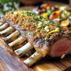 - 1 rack of lamb (approximately 8 ribs, frenched) - 1 cup fresh mixed herbs (parsley, rosemary, thyme), finely chopped - 2 tablespoons Dijon mustard (for coating) - 1 cup breadcrumbs (panko preferred for extra crunch) - 1/4 cup freshly grated Parmesan cheese - 2 cloves garlic, minced - 2 tablespoons high-quality olive oil - Zest of 1 fresh lemon - Salt and freshly cracked black pepper, to taste When preparing an herb-crusted rack of lamb, you want quality ingredients. The lamb should be fresh and tender. Look for a rack with a nice layer of fat. This fat will add flavor and moisture to your dish. Fresh mixed herbs bring vibrant flavors. I love using parsley, rosemary, and thyme for a well-rounded taste. You can mix and match herbs based on what you have. Dijon mustard acts as a glue to hold the herbs in place. It adds a subtle tang that enhances the lamb's flavor. The breadcrumbs and Parmesan give a crunchy crust. This texture contrasts nicely with the tender meat. Garlic adds depth to the dish. It infuses the lamb with warmth and aroma. Olive oil helps everything stick and adds richness. Don’t forget lemon zest! It brightens the dish and balances the richness of the lamb. Seasoning is key, so use salt and pepper generously. For a special touch, consider drizzling balsamic glaze before serving. It adds sweetness and acidity, making every bite a delight. For the full recipe and detailed instructions, check out the [Full Recipe]. 1. Preheat your oven to 400°F (200°C). This step is key to roasting well. 2. Season the rack of lamb with salt and freshly cracked black pepper. Coat it with 2 tablespoons of Dijon mustard for flavor and to help the herbs stick. 1. In a bowl, mix the fresh herbs, minced garlic, breadcrumbs, grated Parmesan cheese, and lemon zest. Add a pinch of salt and black pepper to bring out the flavors. 2. Drizzle olive oil over the herb mixture. Stir until everything is moist. The texture should feel like wet sand. 3. Press the herb and breadcrumb mix onto the mustard-coated lamb. Make sure to cover it well for the best flavor. 1. Place the herb-crusted rack of lamb bone-side down in a roasting pan. Roast it for 20-25 minutes. Aim for a medium-rare finish. 2. Use a meat thermometer to check the temperature. It should reach 130°F (54°C). 3. Let the lamb rest for 10 minutes after roasting. This helps keep it juicy and tender. 4. Cut the rack into individual chops. Serve them on a platter. A splash of balsamic glaze adds a nice touch. For a complete recipe, check out the Full Recipe. Achieving the perfect crust To get a great crust, use fresh herbs. Mix them with breadcrumbs and cheese. Press the mixture firmly onto the lamb. The mustard helps it stick well. This creates a tasty crust that adds flavor. Using a meat thermometer for doneness A meat thermometer helps you cook the lamb just right. Insert it into the thickest part. Aim for 130°F (54°C) for medium-rare. This ensures your lamb is juicy and tender. Plating the dish attractively For a lovely presentation, slice the rack into chops. Fan them out on a big plate. This makes the dish look elegant and inviting. Garnishes for added visual appeal Add fresh herbs on top for color. A wedge of lemon adds brightness. You might drizzle balsamic glaze for a shiny finish. These small touches make a big difference. Recommended spices and herbs Besides the main herbs, consider adding mint or dill. These spices can brighten the dish. You could also use a pinch of red pepper flakes for heat. Optional ingredient variations Try different crusts to mix things up. Use crushed nuts for crunch. You can even add grated cheese for a richer flavor. These changes keep the dish exciting. For more details, check the [Full Recipe]. {{image_4}} You can cook herb-crusted rack of lamb using different methods. Grilling gives the lamb a smoky flavor. It also adds nice grill marks. Roasting, on the other hand, allows the meat to cook evenly. It also lets the crust get nice and crispy. Both methods work well, but choose based on your taste. Sous vide is another great option. This method cooks the lamb slowly in a water bath. It keeps the meat juicy and tender. After sous vide cooking, you can finish it on the grill or in the oven. This gives you a perfect crust without losing moisture. Try different herb mixes to change the flavor. You can use herbs like mint, dill, or tarragon. These herbs add unique tastes to the lamb. Seasonal herbs can also change the dish. In spring, use fresh parsley and chives. In fall, rosemary and sage work great. Mixing herbs can create a lovely flavor profile. Don’t be afraid to experiment! Use what you have on hand. You may discover a new favorite combination. The right side dishes can elevate your meal. Roasted seasonal vegetables are a great choice. They add color and flavor. Creamy mashed potatoes also pair well. Their richness complements the herb crust. Wine can enhance the dining experience too. A nice red wine, like Cabernet Sauvignon, works well. Its bold flavors match the lamb. For a lighter option, try a Pinot Noir. It has a fruity note that balances the dish. For more tips, check the Full Recipe for herb-crusted rack of lamb. After you enjoy your herb-crusted rack of lamb, store any leftovers properly. The best way to keep them fresh is to place them in an airtight container. Make sure the container is clean and dry. This helps prevent moisture loss and keeps the meat juicy. You can store it in the fridge for up to three days. If you want to keep it longer, think about freezing the lamb. When reheating the lamb, you want to keep that delicious crust crispy. The best method is to use an oven. Preheat your oven to 350°F (175°C). Place the lamb on a baking sheet and cover it loosely with foil. This keeps the moisture in while allowing the crust to crisp up. Heat it for about 10-15 minutes or until warmed through. You can also use an air fryer for a quick reheat. To freeze your herb-crusted lamb, first let it cool down completely. Wrap each piece tightly in plastic wrap. Then, place the wrapped lamb in a freezer-safe bag. Label the bag with the date. You can freeze it for up to three months. When you're ready to eat, move the lamb to the fridge to thaw overnight. For best results, reheat it in the oven to revive that tasty crust. How do I know when my rack of lamb is done? You can know your rack of lamb is done by using a meat thermometer. For medium-rare, aim for an internal temperature of 130°F (54°C). Insert the thermometer into the thickest part of the meat. If you don’t have one, cut into the meat. Look for a rosy pink center. Can I prepare the crust in advance? Yes, you can prepare the crust in advance. Mix the herbs, breadcrumbs, and cheese, then store it in the fridge. Coat the lamb with mustard just before cooking. This keeps the crust fresh and flavorful. Can I use a different cut of lamb? Yes, you can use different cuts. Lamb chops or loin can work well. Adjust cooking times based on the thickness. Remember that cooking times may vary. What's the best way to marinate lamb before cooking? Marinate lamb in olive oil, garlic, and herbs. Let it sit for at least one hour. For best results, marinate overnight in the fridge. This adds flavor and tenderizes the meat. How to make this dish gluten-free? To make this dish gluten-free, substitute regular breadcrumbs with gluten-free breadcrumbs. You can also use crushed gluten-free crackers or nuts. Check all labels to ensure they are gluten-free. Can I substitute the herbs with dried versions? Yes, you can use dried herbs. Use about one-third of the amount when substituting. Dried herbs are more potent than fresh ones. Crush them in your hand for better release of flavor. For the full recipe, check out the Herb-Crusted Rack of Lamb with a Zesty Twist. In this post, we covered how to make a perfect herb-crusted rack of lamb. You learned about the main ingredients, preparation steps, and roasting techniques. I shared tips on achieving the best crust and creative presentation ideas. We also explored variations, storage info, and answered common questions. Remember, with a little care, you can impress anyone at your dinner table. Enjoy making this dish your own, and savor every bite!