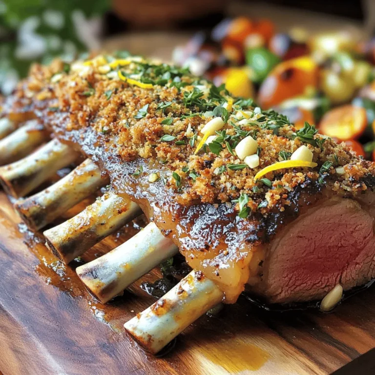 - 1 rack of lamb (approximately 8 ribs, frenched) - 1 cup fresh mixed herbs (parsley, rosemary, thyme), finely chopped - 2 tablespoons Dijon mustard (for coating) - 1 cup breadcrumbs (panko preferred for extra crunch) - 1/4 cup freshly grated Parmesan cheese - 2 cloves garlic, minced - 2 tablespoons high-quality olive oil - Zest of 1 fresh lemon - Salt and freshly cracked black pepper, to taste When preparing an herb-crusted rack of lamb, you want quality ingredients. The lamb should be fresh and tender. Look for a rack with a nice layer of fat. This fat will add flavor and moisture to your dish. Fresh mixed herbs bring vibrant flavors. I love using parsley, rosemary, and thyme for a well-rounded taste. You can mix and match herbs based on what you have. Dijon mustard acts as a glue to hold the herbs in place. It adds a subtle tang that enhances the lamb's flavor. The breadcrumbs and Parmesan give a crunchy crust. This texture contrasts nicely with the tender meat. Garlic adds depth to the dish. It infuses the lamb with warmth and aroma. Olive oil helps everything stick and adds richness. Don’t forget lemon zest! It brightens the dish and balances the richness of the lamb. Seasoning is key, so use salt and pepper generously. For a special touch, consider drizzling balsamic glaze before serving. It adds sweetness and acidity, making every bite a delight. For the full recipe and detailed instructions, check out the [Full Recipe]. 1. Preheat your oven to 400°F (200°C). This step is key to roasting well. 2. Season the rack of lamb with salt and freshly cracked black pepper. Coat it with 2 tablespoons of Dijon mustard for flavor and to help the herbs stick. 1. In a bowl, mix the fresh herbs, minced garlic, breadcrumbs, grated Parmesan cheese, and lemon zest. Add a pinch of salt and black pepper to bring out the flavors. 2. Drizzle olive oil over the herb mixture. Stir until everything is moist. The texture should feel like wet sand. 3. Press the herb and breadcrumb mix onto the mustard-coated lamb. Make sure to cover it well for the best flavor. 1. Place the herb-crusted rack of lamb bone-side down in a roasting pan. Roast it for 20-25 minutes. Aim for a medium-rare finish. 2. Use a meat thermometer to check the temperature. It should reach 130°F (54°C). 3. Let the lamb rest for 10 minutes after roasting. This helps keep it juicy and tender. 4. Cut the rack into individual chops. Serve them on a platter. A splash of balsamic glaze adds a nice touch. For a complete recipe, check out the Full Recipe. Achieving the perfect crust To get a great crust, use fresh herbs. Mix them with breadcrumbs and cheese. Press the mixture firmly onto the lamb. The mustard helps it stick well. This creates a tasty crust that adds flavor. Using a meat thermometer for doneness A meat thermometer helps you cook the lamb just right. Insert it into the thickest part. Aim for 130°F (54°C) for medium-rare. This ensures your lamb is juicy and tender. Plating the dish attractively For a lovely presentation, slice the rack into chops. Fan them out on a big plate. This makes the dish look elegant and inviting. Garnishes for added visual appeal Add fresh herbs on top for color. A wedge of lemon adds brightness. You might drizzle balsamic glaze for a shiny finish. These small touches make a big difference. Recommended spices and herbs Besides the main herbs, consider adding mint or dill. These spices can brighten the dish. You could also use a pinch of red pepper flakes for heat. Optional ingredient variations Try different crusts to mix things up. Use crushed nuts for crunch. You can even add grated cheese for a richer flavor. These changes keep the dish exciting. For more details, check the [Full Recipe]. {{image_4}} You can cook herb-crusted rack of lamb using different methods. Grilling gives the lamb a smoky flavor. It also adds nice grill marks. Roasting, on the other hand, allows the meat to cook evenly. It also lets the crust get nice and crispy. Both methods work well, but choose based on your taste. Sous vide is another great option. This method cooks the lamb slowly in a water bath. It keeps the meat juicy and tender. After sous vide cooking, you can finish it on the grill or in the oven. This gives you a perfect crust without losing moisture. Try different herb mixes to change the flavor. You can use herbs like mint, dill, or tarragon. These herbs add unique tastes to the lamb. Seasonal herbs can also change the dish. In spring, use fresh parsley and chives. In fall, rosemary and sage work great. Mixing herbs can create a lovely flavor profile. Don’t be afraid to experiment! Use what you have on hand. You may discover a new favorite combination. The right side dishes can elevate your meal. Roasted seasonal vegetables are a great choice. They add color and flavor. Creamy mashed potatoes also pair well. Their richness complements the herb crust. Wine can enhance the dining experience too. A nice red wine, like Cabernet Sauvignon, works well. Its bold flavors match the lamb. For a lighter option, try a Pinot Noir. It has a fruity note that balances the dish. For more tips, check the Full Recipe for herb-crusted rack of lamb. After you enjoy your herb-crusted rack of lamb, store any leftovers properly. The best way to keep them fresh is to place them in an airtight container. Make sure the container is clean and dry. This helps prevent moisture loss and keeps the meat juicy. You can store it in the fridge for up to three days. If you want to keep it longer, think about freezing the lamb. When reheating the lamb, you want to keep that delicious crust crispy. The best method is to use an oven. Preheat your oven to 350°F (175°C). Place the lamb on a baking sheet and cover it loosely with foil. This keeps the moisture in while allowing the crust to crisp up. Heat it for about 10-15 minutes or until warmed through. You can also use an air fryer for a quick reheat. To freeze your herb-crusted lamb, first let it cool down completely. Wrap each piece tightly in plastic wrap. Then, place the wrapped lamb in a freezer-safe bag. Label the bag with the date. You can freeze it for up to three months. When you're ready to eat, move the lamb to the fridge to thaw overnight. For best results, reheat it in the oven to revive that tasty crust. How do I know when my rack of lamb is done? You can know your rack of lamb is done by using a meat thermometer. For medium-rare, aim for an internal temperature of 130°F (54°C). Insert the thermometer into the thickest part of the meat. If you don’t have one, cut into the meat. Look for a rosy pink center. Can I prepare the crust in advance? Yes, you can prepare the crust in advance. Mix the herbs, breadcrumbs, and cheese, then store it in the fridge. Coat the lamb with mustard just before cooking. This keeps the crust fresh and flavorful. Can I use a different cut of lamb? Yes, you can use different cuts. Lamb chops or loin can work well. Adjust cooking times based on the thickness. Remember that cooking times may vary. What's the best way to marinate lamb before cooking? Marinate lamb in olive oil, garlic, and herbs. Let it sit for at least one hour. For best results, marinate overnight in the fridge. This adds flavor and tenderizes the meat. How to make this dish gluten-free? To make this dish gluten-free, substitute regular breadcrumbs with gluten-free breadcrumbs. You can also use crushed gluten-free crackers or nuts. Check all labels to ensure they are gluten-free. Can I substitute the herbs with dried versions? Yes, you can use dried herbs. Use about one-third of the amount when substituting. Dried herbs are more potent than fresh ones. Crush them in your hand for better release of flavor. For the full recipe, check out the Herb-Crusted Rack of Lamb with a Zesty Twist. In this post, we covered how to make a perfect herb-crusted rack of lamb. You learned about the main ingredients, preparation steps, and roasting techniques. I shared tips on achieving the best crust and creative presentation ideas. We also explored variations, storage info, and answered common questions. Remember, with a little care, you can impress anyone at your dinner table. Enjoy making this dish your own, and savor every bite!