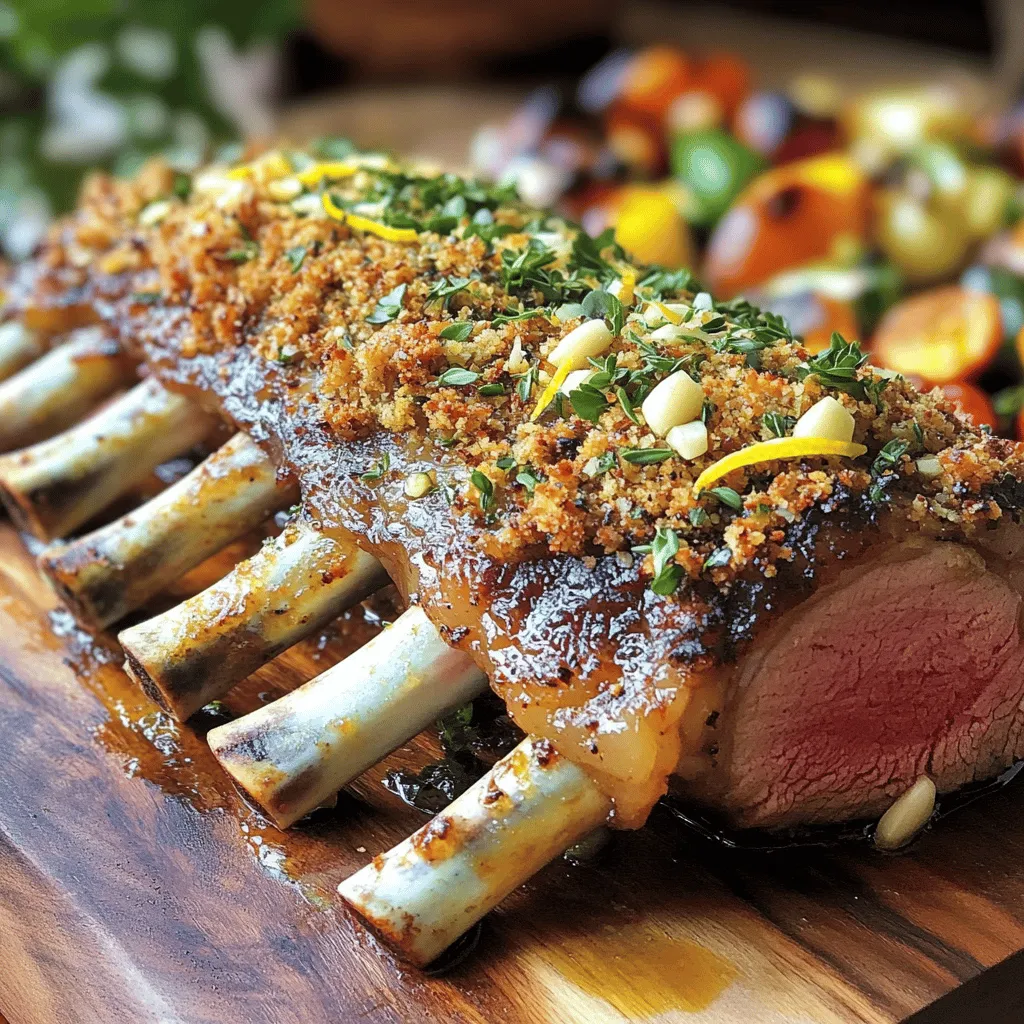 - 1 rack of lamb (approximately 8 ribs, frenched) - 1 cup fresh mixed herbs (parsley, rosemary, thyme), finely chopped - 2 tablespoons Dijon mustard (for coating) - 1 cup breadcrumbs (panko preferred for extra crunch) - 1/4 cup freshly grated Parmesan cheese - 2 cloves garlic, minced - 2 tablespoons high-quality olive oil - Zest of 1 fresh lemon - Salt and freshly cracked black pepper, to taste When preparing an herb-crusted rack of lamb, you want quality ingredients. The lamb should be fresh and tender. Look for a rack with a nice layer of fat. This fat will add flavor and moisture to your dish. Fresh mixed herbs bring vibrant flavors. I love using parsley, rosemary, and thyme for a well-rounded taste. You can mix and match herbs based on what you have. Dijon mustard acts as a glue to hold the herbs in place. It adds a subtle tang that enhances the lamb's flavor. The breadcrumbs and Parmesan give a crunchy crust. This texture contrasts nicely with the tender meat. Garlic adds depth to the dish. It infuses the lamb with warmth and aroma. Olive oil helps everything stick and adds richness. Don’t forget lemon zest! It brightens the dish and balances the richness of the lamb. Seasoning is key, so use salt and pepper generously. For a special touch, consider drizzling balsamic glaze before serving. It adds sweetness and acidity, making every bite a delight. For the full recipe and detailed instructions, check out the [Full Recipe]. 1. Preheat your oven to 400°F (200°C). This step is key to roasting well. 2. Season the rack of lamb with salt and freshly cracked black pepper. Coat it with 2 tablespoons of Dijon mustard for flavor and to help the herbs stick. 1. In a bowl, mix the fresh herbs, minced garlic, breadcrumbs, grated Parmesan cheese, and lemon zest. Add a pinch of salt and black pepper to bring out the flavors. 2. Drizzle olive oil over the herb mixture. Stir until everything is moist. The texture should feel like wet sand. 3. Press the herb and breadcrumb mix onto the mustard-coated lamb. Make sure to cover it well for the best flavor. 1. Place the herb-crusted rack of lamb bone-side down in a roasting pan. Roast it for 20-25 minutes. Aim for a medium-rare finish. 2. Use a meat thermometer to check the temperature. It should reach 130°F (54°C). 3. Let the lamb rest for 10 minutes after roasting. This helps keep it juicy and tender. 4. Cut the rack into individual chops. Serve them on a platter. A splash of balsamic glaze adds a nice touch. For a complete recipe, check out the Full Recipe. Achieving the perfect crust To get a great crust, use fresh herbs. Mix them with breadcrumbs and cheese. Press the mixture firmly onto the lamb. The mustard helps it stick well. This creates a tasty crust that adds flavor. Using a meat thermometer for doneness A meat thermometer helps you cook the lamb just right. Insert it into the thickest part. Aim for 130°F (54°C) for medium-rare. This ensures your lamb is juicy and tender. Plating the dish attractively For a lovely presentation, slice the rack into chops. Fan them out on a big plate. This makes the dish look elegant and inviting. Garnishes for added visual appeal Add fresh herbs on top for color. A wedge of lemon adds brightness. You might drizzle balsamic glaze for a shiny finish. These small touches make a big difference. Recommended spices and herbs Besides the main herbs, consider adding mint or dill. These spices can brighten the dish. You could also use a pinch of red pepper flakes for heat. Optional ingredient variations Try different crusts to mix things up. Use crushed nuts for crunch. You can even add grated cheese for a richer flavor. These changes keep the dish exciting. For more details, check the [Full Recipe]. {{image_4}} You can cook herb-crusted rack of lamb using different methods. Grilling gives the lamb a smoky flavor. It also adds nice grill marks. Roasting, on the other hand, allows the meat to cook evenly. It also lets the crust get nice and crispy. Both methods work well, but choose based on your taste. Sous vide is another great option. This method cooks the lamb slowly in a water bath. It keeps the meat juicy and tender. After sous vide cooking, you can finish it on the grill or in the oven. This gives you a perfect crust without losing moisture. Try different herb mixes to change the flavor. You can use herbs like mint, dill, or tarragon. These herbs add unique tastes to the lamb. Seasonal herbs can also change the dish. In spring, use fresh parsley and chives. In fall, rosemary and sage work great. Mixing herbs can create a lovely flavor profile. Don’t be afraid to experiment! Use what you have on hand. You may discover a new favorite combination. The right side dishes can elevate your meal. Roasted seasonal vegetables are a great choice. They add color and flavor. Creamy mashed potatoes also pair well. Their richness complements the herb crust. Wine can enhance the dining experience too. A nice red wine, like Cabernet Sauvignon, works well. Its bold flavors match the lamb. For a lighter option, try a Pinot Noir. It has a fruity note that balances the dish. For more tips, check the Full Recipe for herb-crusted rack of lamb. After you enjoy your herb-crusted rack of lamb, store any leftovers properly. The best way to keep them fresh is to place them in an airtight container. Make sure the container is clean and dry. This helps prevent moisture loss and keeps the meat juicy. You can store it in the fridge for up to three days. If you want to keep it longer, think about freezing the lamb. When reheating the lamb, you want to keep that delicious crust crispy. The best method is to use an oven. Preheat your oven to 350°F (175°C). Place the lamb on a baking sheet and cover it loosely with foil. This keeps the moisture in while allowing the crust to crisp up. Heat it for about 10-15 minutes or until warmed through. You can also use an air fryer for a quick reheat. To freeze your herb-crusted lamb, first let it cool down completely. Wrap each piece tightly in plastic wrap. Then, place the wrapped lamb in a freezer-safe bag. Label the bag with the date. You can freeze it for up to three months. When you're ready to eat, move the lamb to the fridge to thaw overnight. For best results, reheat it in the oven to revive that tasty crust. How do I know when my rack of lamb is done? You can know your rack of lamb is done by using a meat thermometer. For medium-rare, aim for an internal temperature of 130°F (54°C). Insert the thermometer into the thickest part of the meat. If you don’t have one, cut into the meat. Look for a rosy pink center. Can I prepare the crust in advance? Yes, you can prepare the crust in advance. Mix the herbs, breadcrumbs, and cheese, then store it in the fridge. Coat the lamb with mustard just before cooking. This keeps the crust fresh and flavorful. Can I use a different cut of lamb? Yes, you can use different cuts. Lamb chops or loin can work well. Adjust cooking times based on the thickness. Remember that cooking times may vary. What's the best way to marinate lamb before cooking? Marinate lamb in olive oil, garlic, and herbs. Let it sit for at least one hour. For best results, marinate overnight in the fridge. This adds flavor and tenderizes the meat. How to make this dish gluten-free? To make this dish gluten-free, substitute regular breadcrumbs with gluten-free breadcrumbs. You can also use crushed gluten-free crackers or nuts. Check all labels to ensure they are gluten-free. Can I substitute the herbs with dried versions? Yes, you can use dried herbs. Use about one-third of the amount when substituting. Dried herbs are more potent than fresh ones. Crush them in your hand for better release of flavor. For the full recipe, check out the Herb-Crusted Rack of Lamb with a Zesty Twist. In this post, we covered how to make a perfect herb-crusted rack of lamb. You learned about the main ingredients, preparation steps, and roasting techniques. I shared tips on achieving the best crust and creative presentation ideas. We also explored variations, storage info, and answered common questions. Remember, with a little care, you can impress anyone at your dinner table. Enjoy making this dish your own, and savor every bite!