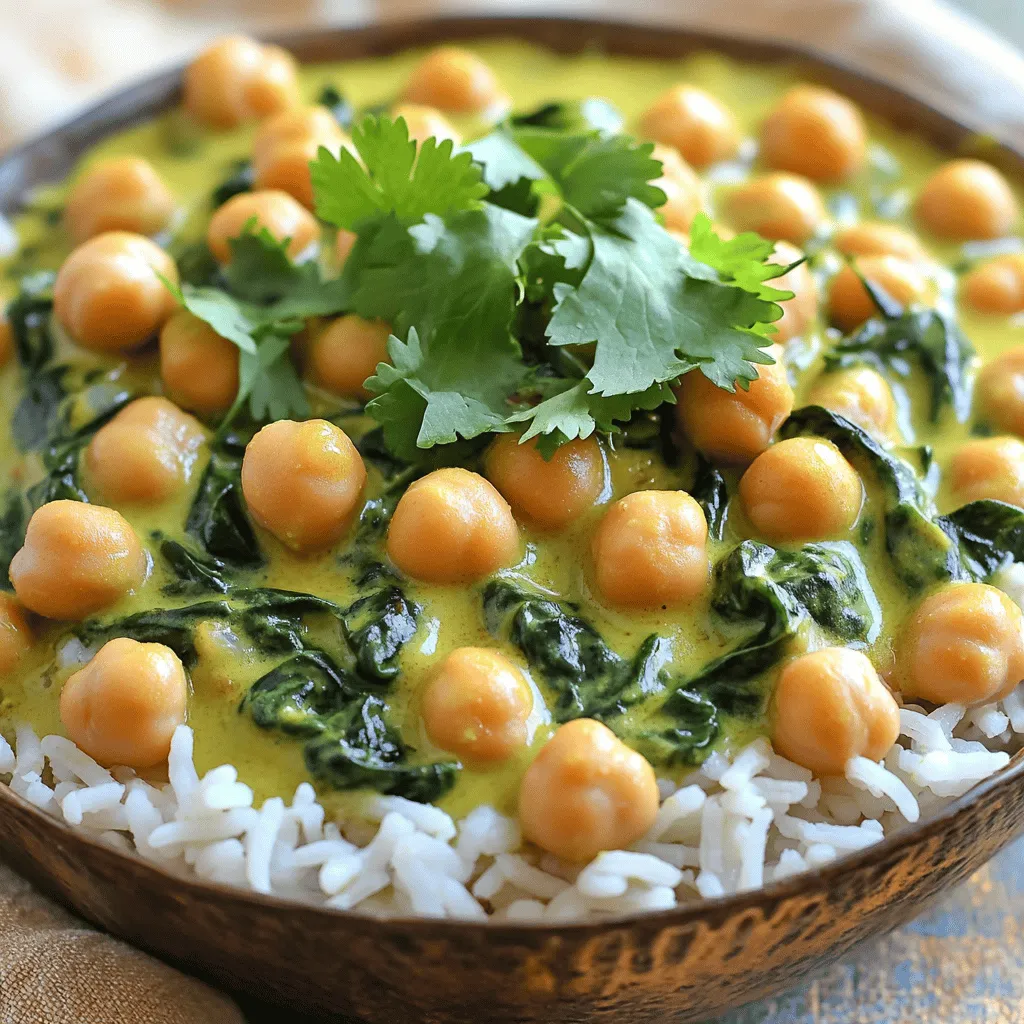 To make this easy chickpea spinach curry, you need these ingredients: - 1 can (15 oz) chickpeas, fully drained and rinsed - 2 cups fresh spinach, roughly chopped - 1 medium onion, finely diced - 3 cloves garlic, minced - 1-inch piece of fresh ginger, finely grated - 1 can (14 oz) creamy coconut milk - 1 tablespoon curry powder (adjust for spice preference) - 1 teaspoon ground cumin - 1 teaspoon ground turmeric - 1 tablespoon cold-pressed olive oil - Sea salt and freshly cracked black pepper, to taste - Fresh cilantro leaves for garnish (optional) You can add some fun garnishes to make your dish pop: - Fresh cilantro leaves - A squeeze of lime juice - Sliced green onions - Chopped peanuts or cashews You can switch out some ingredients if you want. Here are a few ideas: - Use frozen spinach instead of fresh. Just thaw and drain it first. - Swap chickpeas with black beans for a different taste. - Coconut milk can be replaced with almond milk for a lighter version. - If you don’t have curry powder, use a mix of paprika and cumin. These options help you customize your curry while keeping it delicious. You can find the full recipe in the cooking guide. Start by chopping your onion. Dice it finely so it cooks evenly. Heat the olive oil in a large skillet over medium heat. Add the onion once the oil is hot. Sauté the onion for about five minutes. You want it to be soft and clear. Next, mince the garlic and grate the ginger. After five minutes, add them to the skillet. Cook for two more minutes while stirring. This step helps release all the wonderful smells from the garlic and ginger. Now, it's time to add the spices. Sprinkle in the curry powder, cumin, and turmeric. Stir the mix for one minute. This helps the spices bloom and fill your kitchen with a warm aroma. Pour in the creamy coconut milk next. Make sure to scrape the bottom of the pan. This helps lift all the tasty bits. Bring the mix to a gentle simmer. You will see small bubbles forming, which is perfect. Once it simmers, add the chickpeas and chopped spinach. Stir everything together gently. The spinach will wilt down and add a lovely green color. Let it all simmer for about ten minutes. If the curry looks too thick, add a splash of water. This makes it just how you like it. Taste your curry and add sea salt and black pepper to your liking. Simmer for another minute to blend the flavors. Serve your hearty chickpea spinach curry hot. If you like, garnish it with fresh cilantro. Enjoy this quick and delicious meal! For the full recipe, check out the details above. You can change the spice levels easily. If you like it mild, use less curry powder. Start with half a tablespoon. Taste the curry as you cook. You can always add more spice later. If you want it hot, add chili powder or fresh chili. Just a pinch can bring heat. To boost flavors, use fresh herbs. Adding fresh cilantro gives a nice lift. You can also try lime juice for a zesty touch. A dash of soy sauce adds depth too. If you love garlic, add more cloves. Each tweak can change the taste in fun ways. If your curry is too thick, don’t worry. Add a splash of water or broth. Stir it in slowly until you reach the right thickness. For a creamier dish, add more coconut milk. If it’s too runny, let it simmer longer. This helps to thicken the sauce naturally. You can find the full recipe for this dish to get started! {{image_4}} You can boost your chickpea spinach curry with protein. Tofu is a great choice for a plant-based meal. Use firm tofu, cut it into cubes, and sauté it with the onions. This adds a nice texture. If you prefer chicken, diced chicken breast works well too. Cook it until golden before adding spices. Both options make the dish more filling and satisfying. Adding more veggies is a smart way to enhance nutrition. Carrots, bell peppers, or peas mix well with the curry. You can sauté them right after the onions. This method gives your dish a colorful look and extra crunch. Broccoli florets or sweet potatoes are also fantastic choices. They add flavor and nutrients. Feel free to get creative with your vegetable mix! You can switch up the flavor profile between Indian and Thai styles. For Indian flavors, stick with curry powder, cumin, and turmeric. These spices create warmth and depth. To make a Thai version, replace the curry powder with red curry paste. You can add lime juice and fresh basil for a zesty twist. Both styles are delicious and offer unique tastes. Choose the one that suits your mood! For the full recipe, check out the ingredients and instructions above. Store leftover chickpea spinach curry in an airtight container. Make sure it cools down first. Place it in the fridge. It will stay fresh for up to three days. When ready to eat, check for any off smells or changes in texture. You can freeze chickpea spinach curry for up to three months. Use a freezer-safe container or bag. Leave some space at the top, as it may expand when frozen. Label it with the date. When you want to enjoy it again, simply thaw it in the fridge overnight. Reheat the curry on the stove over medium heat. Stir it often to heat evenly. If it's too thick, add a bit of water or coconut milk. You can also use the microwave. Heat it in short bursts, stirring in between, until it's hot. Enjoy your meal just like the first time! You can serve this curry with several tasty sides. Basmati rice is a great choice. It soaks up the sauce well and adds a nice touch. Naan bread is another favorite. You can use it to scoop up the curry. For a fresh bite, add a side of cucumber salad. The coolness of the cucumber balances the warmth of the curry perfectly. If you want extra flavor, consider a squeeze of lime. This simple addition can brighten every bite. Yes, you can make this curry ahead of time. It tastes even better the next day. The flavors deepen and mix well as it sits. Just prepare it as normal, let it cool, and store it in the fridge. When you're ready to eat, simply heat it up on the stove. If it looks too thick, add a splash of water. Stir it well, and it will be ready to serve. Yes, this dish is already vegan-friendly! It uses chickpeas and coconut milk, both plant-based. You can enjoy it guilt-free. If you want a little twist, try adding more veggies. Bell peppers, carrots, or even sweet potatoes work well. These additions will keep the curry vibrant and nutritious. You learned about the key ingredients and step-by-step instructions for an Easy Chickpea Spinach Curry. Adjusting spice levels and flavors can make each dish unique. You can also switch up proteins and veggies for added nutrition. Storing leftovers and reheating tips ensure you enjoy this meal later. Remember, this curry fits many diets, including vegan. Explore the variations to find your favorite style. Enjoy cooking and savoring this healthy dish.