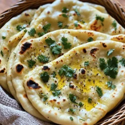 - 2 cups all-purpose flour - 1 teaspoon baking powder - 1/2 teaspoon salt - 1/2 cup warm water - 1/2 cup plain yogurt - 3 tablespoons unsalted butter, melted - 3-4 cloves garlic, minced - 2 tablespoons fresh cilantro, for garnish - 1 teaspoon nigella seeds or sesame seeds (optional) Why is room temperature yogurt important? Using room temperature yogurt helps the dough rise better. It mixes well with warm water. This makes the naan soft and fluffy. What are some alternatives for all-purpose flour? You can use whole wheat flour for a healthier option. For gluten-free naan, try using almond flour or chickpea flour. Each will change the taste and texture, so adjust as needed. These tips ensure you create the best garlic butter naan. Follow these guidelines, and you’ll enjoy a tasty homemade delight. For complete cooking steps, check the Full Recipe. 1. Start by mixing the dry ingredients. In a large bowl, sift together: - 2 cups all-purpose flour - 1 teaspoon baking powder - 1/2 teaspoon salt This helps to make the naan light and fluffy. 2. Now, prepare the wet ingredients. In another bowl, whisk together: - 1/2 cup warm water - 1/2 cup plain yogurt Make sure the yogurt is at room temperature for easy mixing. 3. Gradually pour the yogurt mix into the flour mix. Stir continuously with a wooden spoon. You want a soft and sticky dough to form. 1. Transfer the dough to a floured surface. Knead the dough for about 5 minutes. You want it smooth and elastic. Add more flour if it sticks. 2. Place the kneaded dough in a greased bowl. Cover it with a clean kitchen towel. Let it rest for 1 hour. This resting time is key for tender naan as it helps develop gluten. 1. After resting, divide the dough into 6 equal pieces. Roll each piece into a smooth ball. 2. Use a rolling pin to flatten each ball. Aim for a thickness of about 1/4 inch. Keeping it uniform helps in even cooking. 3. Heat a skillet over medium-high heat until it slightly smokes. 4. In a small bowl, mix melted butter with minced garlic. This will create your garlic butter. 5. Place one rolled naan on the hot skillet. Cook for 1-2 minutes until bubbles form. It should be golden on the bottom. 6. Flip the naan and brush it with garlic butter. Cook for another 1-2 minutes until fully cooked and golden. 7. Remove the naan and keep it warm in a towel. Repeat this for all dough pieces. 8. Just before serving, sprinkle with cilantro and nigella seeds for extra flavor. For detailed cooking steps, refer to the Full Recipe. To get the best garlic butter flavor, start with fresh garlic. Mince it finely for great taste. Heat your butter gently before adding the garlic. This helps the garlic release its strong flavor. If you want a milder taste, use less garlic. You can also roast the garlic for a sweeter flavor. When cooking naan, heat your skillet over medium-high heat. You want it hot enough to create bubbles on the naan. If the naan sticks to the skillet, use a little more butter. You can also sprinkle some flour on the skillet to help. This keeps the naan from sticking and helps it cook evenly. Serve your naan warm in a woven basket with a cloth. This keeps it soft and adds a nice touch. You can also sprinkle some extra cilantro on top for color and freshness. Pair your naan with dips like hummus or curries. This makes a perfect meal. For more detailed cooking steps, refer to the Full Recipe. {{image_4}} You can make garlic butter naan even better by adding herbs and spices. Try mixing in chopped fresh herbs like parsley or basil into the dough. This adds a nice twist. You might also consider spices such as cumin or paprika for depth. Stuffed naan is another fun option. You can fill it with cheese, potatoes, or spiced vegetables. To do this, roll out the dough, add the filling, and then seal it up. Roll it gently again to make sure the filling stays inside. This creates a delicious surprise in each bite. For those with gluten sensitivities, you can make a gluten-free naan. Use almond flour or a gluten-free flour blend. Just be aware that the texture may change slightly, but it will still be tasty. If you want a vegan version, replace yogurt with plant-based yogurt. You can also swap butter for coconut oil or a vegan butter substitute. This will keep the naan soft and flavorful without any dairy products. Garlic butter naan may look different around the world. In India, some add yogurt to the dough for extra softness. In other cultures, naan might be stuffed with meats or lentils. You might find people enjoy naan with various extras. Some like to sprinkle sesame seeds or nigella seeds on top. Others might serve it with a side of spicy chutney or yogurt dip. Each region has its own special twist, making this dish unique and diverse. For more detailed cooking steps, refer to the Full Recipe. To keep leftover naan fresh, wrap it in foil or plastic wrap. This keeps it soft and prevents it from drying out. You can also place it in an airtight container. Store it at room temperature for up to two days. If you want to save it longer, freezing is a great option. To freeze naan, let it cool completely first. Then, stack the naan with parchment paper between each piece. This prevents them from sticking together. Place the stack in a freezer bag, and remove as much air as possible. Naan can last up to three months in the freezer. When it's time to enjoy your naan again, you have a few options to reheat it. The best way is to use a skillet or frying pan. Heat the skillet over medium heat, then add the naan. Cook for about one minute on each side. This keeps the naan warm and soft. You can also wrap naan in a damp paper towel and microwave it for about 10-15 seconds. This method works well for quick reheating. Be careful not to overheat it, as this can make the naan tough. No matter how you reheat it, always check that the naan remains soft and flavorful. Enjoying your garlic butter naan again can be just as delightful as the first bite. For detailed cooking steps, refer to the Full Recipe. To store leftover garlic butter naan, first let it cool completely. Then, place the naan in an airtight container or wrap it tightly in plastic wrap. You can also use aluminum foil for better protection. Keep it in the fridge for up to three days. If you want to save it longer, freeze it. Wrap each naan in plastic wrap, then put them in a freezer bag. This way, they can last for up to three months. Yes! You can make naan without yeast. In this recipe, we use baking powder instead. Baking powder helps the naan rise and stay soft. This method is quick and easy. You still get a delicious naan with a nice texture. Just follow the steps in the recipe, and you'll be pleased with the result. Garlic butter naan pairs well with many dishes. You can enjoy it with rich curries, like butter chicken or paneer tikka masala. It also goes great with lentil soup or chickpea curry. For a lighter meal, try it with yogurt dip or salad. The naan soaks up flavors and adds a tasty element to your meal. Homemade naan lasts for about three days when stored properly in the fridge. If you freeze it, it can last up to three months. Just remember to wrap it well to keep it fresh. When you're ready to eat, thaw it in the fridge overnight or reheat it directly from the freezer. Absolutely! You can customize your naan with various toppings. Try adding herbs like rosemary or thyme for extra flavor. You can also sprinkle cheese on top or try adding spices like cumin seeds. If you want a spicy kick, drizzle some chili oil or add chopped jalapeños. The options are endless! For more detailed cooking steps, refer to the Full Recipe. You learned how to make garlic butter naan, from ingredients to cooking tips. Using warm yogurt helps the dough rise well. You can add herbs for extra flavor or try gluten-free options. Storing and reheating naan correctly keeps it soft. With these steps and tricks, you'll enjoy delicious naan any time. Enjoy experimenting with flavors and serving it up in new ways!