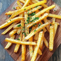 - 4 large russet potatoes - 2 tablespoons extra virgin olive oil - 1 teaspoon garlic powder - 1 teaspoon onion powder - 1 teaspoon smoked paprika - Sea salt and freshly ground black pepper to taste - Fresh parsley, finely chopped (for garnish) Using the right ingredients is key to making crispy air fryer French fries. I love russet potatoes for their starchy goodness. They make fries that are soft inside and crunchy outside. You will also need some extra virgin olive oil, which adds flavor and helps the fries crisp up nicely. The seasonings are where the magic happens. Garlic powder and onion powder bring a savory taste. Smoked paprika adds a hint of smokiness. A sprinkle of sea salt and black pepper ties everything together. Finally, a touch of fresh parsley on top brightens the dish and makes it look appealing. You can find the full recipe at the end of this article. This dish is simple and full of flavor. Enjoy making these crispy fries! Start by peeling the russet potatoes. If you like, you can also scrub them clean. This keeps the skin for extra taste. Cut the potatoes into uniform sticks, about 1/4 inch thick. This helps them cook evenly and get crispy. Soaking the potato sticks in cold water is key. This step removes excess starch, which makes your fries crispier. Aim to soak for at least 30 minutes. The longer they soak, the better the crispiness. After soaking, drain the potatoes and pat them dry with a towel. In a bowl, mix the potato sticks with 2 tablespoons of extra virgin olive oil. Add 1 teaspoon each of garlic powder, onion powder, and smoked paprika. Sprinkle in sea salt and black pepper to taste. Toss everything well until each stick gets coated. Preheat your air fryer to 400°F (200°C) for about 5 minutes. Once preheated, arrange the potato sticks in the air fryer basket. Make sure they are in a single layer for even cooking. If you have too many, cook them in batches. Air fry the fries for 15-20 minutes. Shake the basket halfway through. This helps them cook evenly and turn golden brown. When they are crispy and golden, take them out and place them on a paper towel. This step absorbs any extra oil, making them lighter. Serve the fries hot, and garnish with finely chopped fresh parsley. This adds a nice touch and flavor to your dish. For the complete cooking guide, refer to the Full Recipe. To get crispy air fryer French fries, moisture removal is key. When you soak your potato sticks, you help pull out extra starch. This is why soaking them for at least 30 minutes is so important. After soaking, dry them well with a towel. Any water left on the fries will turn to steam, making them soggy instead of crispy. Cooking at the right temperature also matters. Preheat your air fryer to 400°F (200°C). This high temperature helps the fries crisp up quickly. Cooking in batches is a smart move. If you overcrowd the basket, the fries won’t cook evenly. Instead, spread them out in a single layer. This allows hot air to circulate around each fry, ensuring they cook perfectly. Don’t rush this step; take your time. Cooking in small batches makes a big difference in the final result. You can mix things up with different spices. Try adding chili powder for some heat or parmesan cheese for a cheesy touch. You can also use herbs like rosemary or thyme for a fragrant twist. Feel free to customize the recipe to your taste. This way, every batch of fries can be a new adventure. For more ideas, check out the full recipe! {{image_4}} You can swap russet potatoes for sweet potatoes. Sweet potatoes add a nice sweetness. They also provide more vitamins and minerals. Air frying without oil is another great choice. It cuts calories and keeps the fries light. Just season your potatoes before cooking. You still get that crispy, tasty result! Want to make your fries special? Add herbs or spices! Try rosemary or thyme for a fresh twist. You can also sprinkle some chili powder for heat. If you love cheese, mix in some grated parmesan. Nutritional yeast gives a cheesy flavor too. These options make your fries unique and fun! Fries taste great on their own, but you can elevate them! Pair them with dips like ketchup, ranch, or aioli. For a complete meal, add toppings like chili or cheese sauce. You can even serve them alongside a burger or salad. These ideas make your crispy air fryer French fries a hit at any meal! After enjoying your crispy air fryer French fries, you might have some left. To keep them fresh, follow these best practices: - Let the fries cool completely. - Store them in an airtight container. - Use a container that prevents moisture buildup. The ideal containers are glass or hard plastic. These keep the fries safe and tasting fresh. Avoid using bags, as they can trap moisture and make the fries soggy. When you're ready to enjoy your leftover fries, reheating is key. Here are some recommended methods: - Air Fryer: This method keeps the fries crispy. Heat at 350°F (175°C) for 5-7 minutes. - Oven: Preheat your oven to 400°F (200°C). Bake the fries for about 10 minutes. Both methods restore the fries' texture. Avoid microwaving, as it makes them soft. Enjoy your fries just like the first time! For the full recipe, click here. Soak the potatoes for at least 30 minutes. This step is key for crispiness. Soaking removes extra starch, which helps fries get crunchy. If you skip this, your fries might turn out soft. Yes, you can use other potatoes. While russet potatoes work well, Yukon Golds and sweet potatoes are great too. Each type gives a different flavor and texture. Experiment to find your favorite! You can serve fries with many dips and sides. Ketchup is a classic choice. Try ranch dressing, garlic aioli, or spicy mayo for a twist. Serving them with a burger or salad makes a complete meal. To prevent soggy fries, follow these tips: - Soak the potatoes as mentioned. - Dry them well after soaking to remove moisture. - Don't overcrowd the air fryer basket. This lets hot air circulate and keeps fries crispy. - Shake the basket halfway through cooking for even crispiness. In this article, we covered how to make perfect air fryer French fries. You learned about the right ingredients, soaking techniques, and cooking tips. We also explored variations and how to store leftovers. Air frying is an easy way to enjoy crispy fries. Remember to soak your potatoes and not crowd the basket for the best results. With these steps, you can create delicious fries every time. Enjoy customizing with your favorite flavors and dips for a tasty meal.