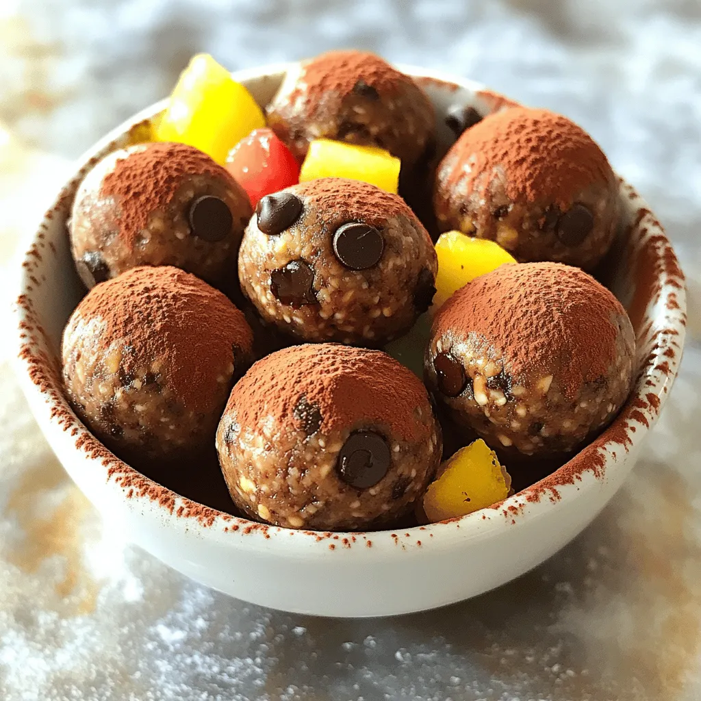 To make these tasty energy balls, you need simple ingredients. Here’s what you will use: - 1 cup rolled oats - 1/2 cup natural peanut butter (creamy or crunchy) - 1/3 cup honey or maple syrup (for a vegan option) - 1/4 cup unsweetened cocoa powder - 1/4 cup dark chocolate chips (or mini chips for more sweetness) - 1/4 cup ground flaxseed - 1 teaspoon pure vanilla extract - A pinch of sea salt These ingredients blend together to create a sweet and satisfying treat. The oats give a nice texture. The peanut butter adds creaminess and protein. Cocoa powder gives a rich chocolate flavor. You can play with the recipe to fit your taste. Here are some fun options: - Chopped nuts (like almonds or walnuts) - Dried fruits (like raisins or cranberries) - Seeds (like chia or sunflower seeds) - Coconut flakes for a tropical twist Adding these ingredients can change the taste and texture. Feel free to mix and match to find your favorite combination! Each ingredient brings its own health perks. Here’s how they help: - Rolled oats: Great for energy and fiber, keeping you full longer. - Peanut butter: Packed with protein and healthy fats for strong muscles. - Honey or maple syrup: Natural sweeteners that give a quick energy boost. - Cocoa powder: Full of antioxidants, helping to keep you healthy. - Dark chocolate chips: A sweet treat with added benefits for your heart. - Ground flaxseed: Rich in omega-3s, good for your brain and heart. - Vanilla extract: Adds flavor and may help reduce stress. - Sea salt: Balances flavors and helps with hydration. Using these ingredients in your energy balls makes them not just tasty but also good for you. For the full recipe, check out the details above! First, gather your dry ingredients. You will need rolled oats, ground flaxseed, unsweetened cocoa powder, and a pinch of sea salt. In a large bowl, mix the rolled oats with the ground flaxseed. Next, add the cocoa powder and sea salt. Stir everything well until it looks even and combined. This step ensures the flavors blend nicely. Now, let’s make the wet mixture. In a separate bowl, add natural peanut butter, honey (or maple syrup), and pure vanilla extract. Use a fork or a whisk to blend until smooth. This mixture should be creamy without any lumps. It gives the energy balls their sweet and nutty flavor. Once the wet and dry ingredients are ready, it’s time to combine them. Pour the wet mixture into the bowl with the dry ingredients. Use a spatula to stir until you see a dough form. This is where the fun begins! Gently fold in the dark chocolate chips. Next, take about one tablespoon of the mixture and roll it into a ball with your hands. Place each ball on a parchment-lined baking sheet. Repeat this until you’ve used all the mixture. Now, put the baking sheet in the fridge, allowing the energy balls to chill for about 30 minutes. This helps them firm up, making them easier to eat. You can find the full recipe for detailed steps at the end. Using the right tools makes preparing energy balls a breeze. Here's what I recommend: - Mixing Bowl: A large bowl helps combine the ingredients well. - Spatula: A sturdy spatula works best to mix wet and dry ingredients. - Measuring Cups: Accurate measurements ensure the right taste and texture. - Parchment Paper: Lining your baking sheet keeps the balls from sticking. - Refrigerator: This tool helps firm up the energy balls for easier handling. To get that perfect bite, keep these tips in mind: - Oats: Use rolled oats for a chewy texture. Instant oats may make the balls too soft. - Peanut Butter: Choose natural peanut butter for a creamy base. It adds rich flavor. - Sweetness: Adjust the honey or maple syrup to suit your taste. More sweetener makes a sweeter ball. - Cocoa Powder: Use unsweetened cocoa for a rich chocolate taste without added sugar. - Chill Time: Don’t skip chilling! This step helps the energy balls hold their shape. Avoid these common pitfalls when making your energy balls: - Too Dry: If the mixture feels dry, add a little more peanut butter or honey. This helps bind the ingredients. - Too Wet: If the mixture is too sticky, add a bit of oats or ground flaxseed. This will help absorb excess moisture. - Not Rolling Properly: Make sure your hands are clean and slightly damp. This prevents sticking and helps form nice balls. - Skipping the Chill: If you skip refrigerating the balls, they may not hold up well. Always chill for at least 30 minutes. With these tips and tricks, you’ll make great chocolate peanut butter energy balls every time! For the full recipe, check out the section above. {{image_4}} I love making these energy balls nut-free for those with allergies. You can swap peanut butter with sunflower seed butter. This swap keeps the texture creamy and delicious. You might also try soy nut butter or pumpkin seed butter. Both options give you that nutty taste without the nuts. These energy balls are a blank canvas for flavors. You can add shredded coconut for a tropical twist. A teaspoon of cinnamon or a pinch of nutmeg can spice things up. Cocoa nibs or dried fruits like cranberries add sweetness and chewiness. Mix and match to find your favorite combo! Making these energy balls vegan is easy. Just use maple syrup instead of honey. For gluten-free energy balls, choose certified gluten-free oats. This way, everyone can enjoy them without worry. You can also add protein powder for an extra health boost. These small changes keep the flavor while meeting dietary needs. For the full recipe, click here. To keep your Chocolate Peanut Butter Energy Balls fresh, store them in an airtight container. Place them in the fridge right after they chill. This way, they stay firm and tasty. You can enjoy them for up to one week. Always check the container for any moisture. If it seems damp, it can spoil the balls. If you want to keep your energy balls longer, freezing is a great option. First, let them chill in the fridge. Then, place them in a freezer-safe bag or container. Make sure to remove as much air as possible to prevent freezer burn. They can stay good for up to three months. When you're ready to eat, let them thaw in the fridge or at room temperature. It's easy to tell if your energy balls have gone bad. Look for any signs of mold or an off smell. If they feel slimy or sticky, it’s best to toss them. Fresh energy balls should smell like chocolate and peanut butter. Trust your senses; if something seems off, don’t eat them. Keeping an eye on storage can help ensure your treats stay delicious and safe to eat. Chocolate peanut butter energy balls stay fresh for about one week in the fridge. Keep them in an airtight container. If you want to save them longer, freeze them. They can last up to three months in the freezer. Just make sure to thaw them in the fridge before eating. Yes, you can use other nut butters. Almond butter and cashew butter work well. Each nut butter gives a different flavor. Choose one you like best. Just ensure it is natural, without added sugars or oils, to keep the taste right. These energy balls pack a punch of nutrition. They offer a good mix of protein, fiber, and healthy fats. The oats provide fiber, which helps with digestion. Peanut butter adds protein and healthy fats, keeping you full. Flaxseed gives omega-3 fatty acids, which are great for heart health. Dark chocolate chips add antioxidants, making these treats both tasty and healthy. In this post, we explored how to make Chocolate Peanut Butter Energy Balls. We discussed key ingredients, tips for smooth preparation, and helpful storage methods. You learned how to adjust flavors and create nut-free or vegan options. These energy balls are a tasty and healthy snack. They’re easy to customize and store for later. Keep these ideas in mind to enjoy a great treat anytime. With practice, you’ll master this recipe and share it with friends. Enjoy your energy boost!