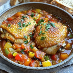 To make Easy Chicken Cacciatore, you need these main ingredients: - 4 chicken thighs (bone-in, skin-on) - 1 medium onion, diced - 3 garlic cloves, minced - 1 bell pepper (any color), sliced into strips - 1 zucchini, sliced into half-moons - 1 can (14 oz) diced tomatoes with juice - 1 cup low-sodium chicken broth These ingredients create a rich and savory base for your dish. The chicken thighs bring moisture and flavor, while the fresh vegetables boost the taste and texture. For seasoning, gather these key items: - 1 teaspoon dried oregano - 1 teaspoon dried basil - Salt and freshly ground black pepper, to taste - Fresh parsley, chopped (for garnish) The herbs add depth and aroma to the dish. Salt and pepper enhance the flavors of the chicken and vegetables. Finally, the fresh parsley gives a bright touch, making it visually appealing. For the full recipe, check out the detailed steps and enjoy your cooking adventure! 1. Preheat your skillet or Dutch oven over medium-high heat. Add 2 tablespoons of extra virgin olive oil and let it warm until it shimmers. 2. Season 4 chicken thighs on both sides with salt and freshly ground black pepper. Carefully place them in the skillet, skin-side down. 3. Sear the chicken for 5-7 minutes. The skin should turn crispy and golden brown. Flip the chicken over gently and brown the other side for another 5 minutes. 4. Once done, remove the chicken from the skillet and set it aside on a plate. 1. In the same skillet, add 1 medium onion, diced, and 3 minced garlic cloves. Sauté for about 2-3 minutes until fragrant and the onion softens. 2. Next, add 1 sliced bell pepper and 1 sliced zucchini to the mix. Cook for another 3-4 minutes, stirring frequently. The veggies should be tender yet crisp. 1. Pour in 1 can of diced tomatoes with their juice and 1 cup of low-sodium chicken broth. Stir in 1 teaspoon of dried oregano and 1 teaspoon of dried basil. 2. Mix well to combine all the flavors. Return the browned chicken thighs to the skillet, nestling them into the vegetable mixture. 1. Cover the skillet with a lid and reduce the heat to low. Let it simmer gently for about 30 minutes. The chicken should reach an internal temperature of 165°F and be tender. 2. After cooking, taste the sauce and adjust the seasoning with more salt and black pepper as needed. Enjoy your savory Chicken Cacciatore! For the full details on ingredients and cooking time, check the Full Recipe. To get a crispy skin on your chicken thighs, start by patting them dry. Moisture will keep them from browning. Season the chicken well with salt and pepper before searing. Heat your olive oil until it shimmers, then place the chicken skin-side down. Cook for 5-7 minutes without moving them. This allows the skin to crisp up nicely. Flip the thighs and brown the other side for about 5 minutes. For the sauce thickness, you can adjust it based on your preference. If you want a thicker sauce, let it simmer uncovered for a bit longer. This will allow excess liquid to evaporate. If the sauce is too thick, add a bit more chicken broth. Stir well and let it cook until it reaches your desired consistency. Pair your chicken cacciatore with pasta or crusty bread. Both options soak up the flavorful sauce. For pasta, I recommend a long noodle like spaghetti. It twirls nicely with the sauce and chicken. If you choose bread, go for a rustic loaf. This adds a delightful crunch. For garnish, sprinkle freshly chopped parsley on top. It adds a pop of color and freshness to your dish. You can also add some grated Parmesan cheese for extra flavor. Serve the chicken cacciatore in deep, rustic bowls. Spoon the sauce and vegetables generously over the chicken. This makes for a beautiful presentation that will impress your guests. For the full recipe, check out the detailed instructions shared earlier. {{image_4}} You can switch up the chicken cuts in your cacciatore. Chicken breasts work well if you prefer lean meat. They will cook faster than thighs, so adjust your cooking time. If you want to add more veggies, consider using mushrooms or carrots. These will add a nice touch and extra nutrients. To spice things up, add red pepper flakes for heat. This will give your cacciatore a nice kick. You might also try adding olives for briny flavor. They add depth and richness. Mushrooms can bring a hearty texture that complements the dish. These small changes can make a big difference in taste. For the full recipe, check out the Easy Chicken Cacciatore section. To keep your chicken cacciatore fresh in the fridge, let it cool first. Place it in an airtight container. Store it for up to three days. For best taste, eat it within this time. If you have more leftovers, freezing is a great option. Use a freezer-safe container or heavy-duty freezer bags. Make sure to remove as much air as possible. You can freeze it for up to three months. Label your containers with the date for easy tracking. When it's time to enjoy your leftovers, you can reheat them safely. The microwave works well. Place the chicken cacciatore in a microwave-safe dish. Cover it with a lid or damp paper towel. Heat it for 1-2 minutes, checking often to avoid overcooking. If you prefer the stovetop, this method helps keep the texture. Pour the cacciatore into a skillet over medium heat. Stir gently as you warm it up. Add a splash of chicken broth or water to keep it moist. This helps maintain the rich flavors! How long does Easy Chicken Cacciatore last in the fridge? Easy Chicken Cacciatore can last about 3 to 4 days in the fridge. Store it in an airtight container to keep it fresh. For best flavor, eat it within this time frame. Can I make Chicken Cacciatore in advance? Yes, you can make Chicken Cacciatore in advance. It tastes great when reheated. Just cook it fully, let it cool, and then store it in the fridge. This way, you have a tasty meal ready to go. What's the difference between Chicken Cacciatore and Chicken Marsala? The main difference lies in the sauce. Chicken Cacciatore uses tomatoes, peppers, and herbs. Chicken Marsala, on the other hand, uses Marsala wine and mushrooms. Each dish has its own unique flavor profile. You can enjoy both for their distinct tastes. If you're eager to try this dish, check out the Full Recipe for all the delicious details. In summary, we covered the essential ingredients for Easy Chicken Cacciatore, the step-by-step cooking process, and useful tips to enhance your dish. You can choose different chicken cuts and veggies to fit your taste. Remember to adjust the sauce thickness for the best results. With proper storage and reheating, you can enjoy this meal multiple times. By following these steps, you can impress friends and family with a hearty and flavorful dish. Enjoy your cooking adventure!