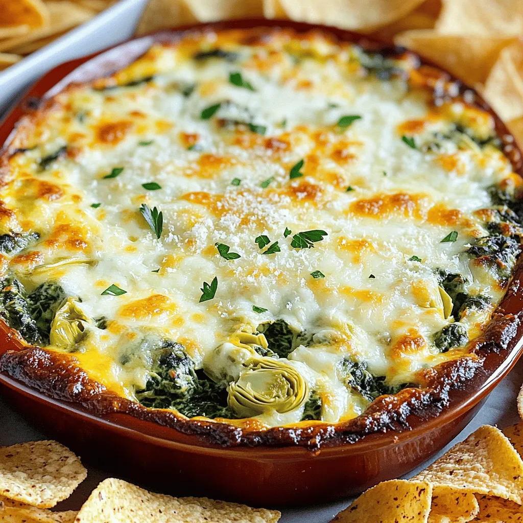 The magic of Cheesy Spinach Artichoke Dip starts with the right ingredients. Each one plays a role in making this dish creamy, flavorful, and oh-so-satisfying. Here’s what you need: - Spinach and Artichokes - 1 cup frozen spinach, thoroughly thawed and excess moisture squeezed out - 1 can (14 oz) artichoke hearts, well-drained and coarsely chopped - Creamy Base Ingredients - 1 cup cream cheese, left at room temperature to soften - 1/2 cup sour cream - 1 cup mayonnaise - Cheese Varieties - 1 cup shredded mozzarella cheese, divided into two portions - 1/2 cup grated Parmesan cheese, divided into two portions - Seasonings and Extras - 2 cloves garlic, finely minced - 1 teaspoon fresh lemon juice - 1/2 teaspoon crushed red pepper flakes (optional, for added heat) - Salt and freshly cracked black pepper, to taste - Tortilla chips, toasted bread slices, or vegetable sticks for serving These ingredients blend together to create a dip that is creamy and cheesy. The spinach and artichokes add a nice touch of flavor and texture. You can find the full recipe with step-by-step instructions to make this dip easy. Ready to enjoy some cheesy goodness? Preheating the Oven Start by preheating your oven to 350°F (175°C). This temperature ensures the dip cooks evenly and becomes bubbly. Preparing the Baking Dish Next, grab a suitable baking dish. I recommend using a medium-sized dish. Lightly grease the dish with cooking spray or a little oil. This helps with easy serving later. Combining Cream Ingredients In a large mixing bowl, combine the softened cream cheese, sour cream, and mayonnaise. Use a hand mixer or a wooden spoon to blend until smooth. This creamy base is key to a great dip. Adding Spinach and Artichokes Now, add the thawed spinach, chopped artichoke hearts, minced garlic, and lemon juice to the bowl. Sprinkle in half of the mozzarella and Parmesan cheese. Mix everything together until well blended. Taste the mixture and add salt and pepper for flavor. Spreading the Mixture Pour the dip mixture into your prepared baking dish. Spread it evenly across the surface. Make sure it’s nice and smooth on top. Baking Time and Temperature Sprinkle the remaining mozzarella and Parmesan cheese over the top. Place the dish in the preheated oven. Bake for 25-30 minutes until bubbly and golden brown. Let it cool slightly before serving. Enjoy with tortilla chips or toasted bread slices! Achieving Creaminess To get a smooth dip, use room temperature cream cheese. This helps it mix well. Blend the cream cheese, sour cream, and mayonnaise until smooth. For extra creaminess, fold in some extra mozzarella before baking. Baking for the Right Time Bake your dip at 350°F (175°C) for 25-30 minutes. This time allows the dip to bubble and the top to brown. Keep an eye on it to avoid burning. Balancing Flavors Taste your dip before baking. Add salt and black pepper to enhance the flavor. A splash of fresh lemon juice adds brightness. It balances the creaminess and makes the dip more vibrant. Adding Spiciness For a kick, mix in crushed red pepper flakes. Start with 1/2 teaspoon. Adjust based on your heat preference. This adds a nice contrast to the creamy dip. Garnishing Options Make your dip visually appealing by adding fresh herbs. Chopped parsley or cilantro sprinkles look great. You can also add thin lemon slices for color. Serving Suggestions Serve the dip warm with crispy tortilla chips or toasted bread slices. Vegetable sticks work well too. Place everything on a colorful platter for a fun presentation. Check out the Full Recipe for more details! {{image_4}} You can switch up the cheeses for a new flavor. Try using sharp cheddar for a bolder taste. Goat cheese adds creaminess and tang. If you want a twist, mix in some cream cheese with herbs. This will make your dip even richer. Adding creamier elements can take your dip to the next level. A bit of ricotta cheese will give it a fluffy texture. You can also fold in some heavy cream for extra smoothness. This way, each bite will be heavenly and satisfying. If you need dairy-free options, use vegan cream cheese and sour cream. Many brands offer great substitutes that taste good. You could also use cashew cream for a nutty flavor. This way, everyone can enjoy the dip without worry. For gluten-free serving ideas, skip the chips and serve with veggie sticks. Carrots, celery, and bell peppers are great choices. You can also use gluten-free crackers for an extra crunch. This keeps the dip tasty and safe for all. Herbs and spices can make your dip pop with flavor. Fresh parsley, basil, or dill will brighten it up. If you like some heat, add a pinch of cayenne or smoked paprika. This will create a dip that packs a punch. Incorporating protein elements can make your dip heartier. Add cooked chicken or crumbled bacon for a meaty bite. You can also mix in canned tuna for a quick protein boost. This turns your dip into a filling snack that everyone will love. For the full recipe, check out the details above! After enjoying your Cheesy Spinach Artichoke Dip, you may have some leftovers. Here’s how to store them properly. - Refrigeration Tips: Place the dip in an airtight container. It will stay fresh in the fridge for about 3 to 5 days. Make sure to let it cool before sealing the container. This helps keep it creamy and tasty. - Freezing the Dip: If you have more dip than you can eat, freezing is a great option. Use a freezer-safe container, leaving some space at the top for expansion. The dip can last for up to 3 months in the freezer. Thaw it in the fridge before reheating. When you’re ready to enjoy your leftovers, you can heat them up easily. - Oven vs. Microwave: The oven gives the best results. Preheat it to 350°F (175°C). Transfer the dip to an oven-safe dish and bake for about 15-20 minutes. This method keeps the dip creamy and melty. If you’re in a rush, the microwave works too. Heat it in short bursts of 30 seconds, stirring in between, until warm. Just watch it closely to avoid overheating. With these tips, your dip will taste just as good as the first time! For the full recipe, check out the details above. You can prepare Cheesy Spinach Artichoke Dip a day in advance. Just follow the recipe steps until you’re ready to bake. Place the dip in the baking dish and cover it tightly with plastic wrap. Store it in the fridge until you’re ready to bake. When it’s time to enjoy, remove the wrap and bake as usual. This method saves time and adds flavor. Yes, you can freeze Cheesy Spinach Artichoke Dip. After mixing all the ingredients, place the dip in an airtight container. Make sure to leave some space at the top for expansion. You can freeze it for up to three months. When you're ready to eat, thaw it overnight in the fridge. Then, bake it until warm and bubbly. Cheesy Spinach Artichoke Dip pairs well with many items. Some great options include: - Tortilla chips - Toasted bread slices - Fresh vegetable sticks like carrots or celery - Pita chips These sides add crunch and balance to the creamy dip. They also make it fun to eat! Once prepared, Cheesy Spinach Artichoke Dip can last in the fridge for about three to four days. Make sure to store it in an airtight container. Reheat it in the oven or microwave before serving for the best taste. Always check for any signs of spoilage before eating. Cheesy Spinach Artichoke Dip is easy to make and share. We covered the key ingredients needed, from fresh veggies to creamy bases and cheeses. I shared step-by-step instructions for mixing and baking. You now know tips to perfect the texture and spice things up. Remember, you can adjust this recipe for different diets or add fun flavors. Store leftovers properly for later enjoyment. Enjoy your cheesy dip with friends, or make it for a cozy night in! Dive into this tasty dish and get creative. The possibilities are endless!