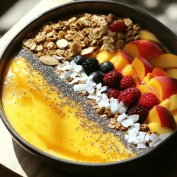 To make a peach smoothie bowl, you need fresh and tasty items. Here’s what you will need: - 2 ripe peaches, pitted and sliced - 1 frozen banana - 1/2 cup Greek yogurt - 1/2 cup almond milk (or any milk of your choice) - 1 tablespoon honey or maple syrup (to taste) - 1/4 teaspoon pure vanilla extract These key ingredients provide a sweet and creamy base. The peaches add a juicy flavor, while the frozen banana gives a nice chill. Greek yogurt adds protein, and almond milk keeps it light. You can switch up the recipe with optional ingredients. Here are a few ideas: - Spinach or kale for a green boost - Avocado for extra creaminess - Protein powder for a nutritional kick Feel free to mix and match. This way, you can create a bowl that you truly enjoy. Toppings bring your smoothie bowl to life. Here are some great options: - Granola for crunch - Sliced almonds for texture - Chia seeds for nutrition - Coconut flakes for tropical flair - Fresh berries like strawberries, blueberries, or raspberries These toppings not only add flavor but also make your bowl look amazing. You can get creative with how you arrange them. For the full recipe, check out the details above. Start by gathering your ingredients. You need ripe peaches, a frozen banana, Greek yogurt, almond milk, honey or maple syrup, and vanilla extract. Slice the peaches and set them aside. This will help you mix them easily later. Next, add all your ingredients into a blender. Place the sliced peaches, frozen banana, Greek yogurt, almond milk, honey, and vanilla in the blender. This mix gives the smoothie bowl its creamy base. Blend your mix on high speed. Keep blending until the mixture turns smooth and creamy. If it feels too thick, add more almond milk. Just a bit at a time! Scrape down the sides of the blender if needed. This ensures everything blends well. Once you reach the right consistency, the fun begins. Pour the smoothie into a shallow bowl. Use a spoon to spread it evenly. This makes it look nice and inviting. Now, it’s time to make your bowl beautiful. Start with a layer of granola for a crunchy texture. Then, add sliced almonds for an extra bite. Sprinkle some chia seeds on top for added nutrition. Next, arrange fresh berries on your bowl. Strawberries, blueberries, or raspberries make it colorful and fun. Finally, dust the top with coconut flakes to enhance that tropical vibe. For the best look, use a wide, shallow bowl. This allows your toppings to shine. You can add a mint leaf or extra slice of peach on the side for a nice touch. Enjoy your Peach Paradise Smoothie Bowl! For the complete recipe, check out the Full Recipe. To make the best peach smoothie bowl, choose ripe peaches. Look for peaches that feel slightly soft when you squeeze them. Their skin should be bright and have a sweet, fruity smell. If you find hard peaches, let them sit at room temperature for a few days. This helps them ripen fully. Fresh peaches bring great flavor and nutrition to your bowl. Sweetness is key to a good smoothie bowl. Start with the natural sweetness of ripe peaches. You can add honey or maple syrup to boost this. Always add a little at a time, tasting as you go. If your smoothie is too sweet, add a bit of Greek yogurt to balance it. This keeps the flavor bright without overpowering it. The right texture makes your smoothie bowl enjoyable. Start with a frozen banana for a creamy base. Use Greek yogurt for extra richness. If your mixture is too thick, add almond milk slowly. Blend until you reach your preferred creaminess. You want it smooth but not watery. A thicker base will hold your toppings well and make every bite satisfying. {{image_4}} You can easily make a vegan peach smoothie bowl. Just swap Greek yogurt for a plant-based option. Use almond yogurt or coconut yogurt. These alternatives keep the bowl creamy and rich. You still get that delicious peach flavor. Follow the same recipe steps as before. Blend everything until smooth, and enjoy! Want to sneak in some greens? Spinach or kale works great in your peach smoothie bowl. They add nutrients without changing the taste much. Start with a small handful. Blend it in with your peaches and banana. If you like the taste, you can add more next time. This way, you can boost your vitamins and minerals easily! You can make your peach smoothie bowl even more exciting with flavors. Add spices like cinnamon or nutmeg for warmth. A pinch of ginger gives a nice kick, too. You can also try different extracts. Almond or coconut extract adds a new twist. Just use a little, as these flavors are strong. Experiment until you find the mix you love! Feel free to check out the Full Recipe for more details! If you have leftover smoothie bowl, store it in a sealed container. Use an airtight jar or bowl to keep it fresh. Place it in the fridge and eat it within one day. The longer it sits, the more it loses flavor and texture. You can freeze your smoothie ingredients for quick prep later. Cut up ripe peaches and slice bananas. Place them in freezer bags or containers. Make sure to remove excess air to avoid freezer burn. When you're ready to blend, just pull them out and add to your blender. This saves time and keeps your fruits fresh. For serving smoothie bowls later, keep toppings separate. If you add toppings early, they may get soggy. Store granola, nuts, and fruits in small containers. When you're ready to eat, just add your toppings on top. This keeps your bowl looking great and tasting fresh. For more detailed steps, check out the Full Recipe. If you need a substitute for Greek yogurt, there are many options. You can use regular yogurt, but it may be thinner. If you want a dairy-free option, try coconut yogurt or almond yogurt. Silken tofu is another great choice for a creamy base. Just blend it well to ensure smoothness. Each option brings its own flavor, so choose what you like best. To make your smoothie bowl thicker, add more frozen fruit. Frozen bananas or peaches work great. You can also add chia seeds or oats for extra thickness. Start with a small amount, then blend and check the texture. Adjust as needed until you reach your desired consistency. Less liquid helps too, so use less almond milk if you want it thick. A peach smoothie bowl is packed with nutrients. Each bowl has vitamins A and C, which help your skin and eyes. You also get fiber from the fruit, which is good for digestion. The Greek yogurt adds protein, helping you feel full. The nuts and seeds provide healthy fats, giving you energy. Overall, it's a tasty way to enjoy a healthy meal or snack. For the full recipe, check out the Peach Paradise Smoothie Bowl section. You've learned how to make a delicious peach smoothie bowl. We covered key ingredients, blending tips, and fun variations. You can customize it with your favorite fruits and toppings. Remember to pick ripe peaches for the best taste. Store any leftovers properly for later enjoyment. I hope you feel excited to try this easy recipe. Enjoy your smoothie bowl adventure!