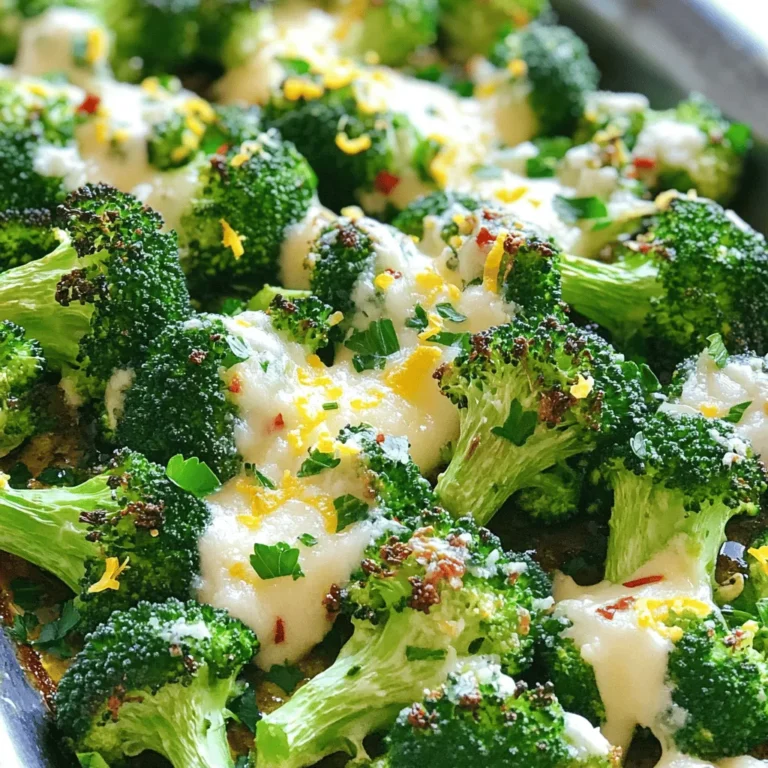 To make Lemon Garlic Roasted Broccoli, gather these simple ingredients: - 1 large head of broccoli, cut into bite-sized florets - 4 cloves of garlic, finely minced - 2 tablespoons extra virgin olive oil - Zest of 1 medium lemon - 2 tablespoons fresh lemon juice - 1 teaspoon red pepper flakes - Salt and freshly ground black pepper, to taste - ¼ cup grated Parmesan cheese (optional) - Fresh parsley, finely chopped, for garnish These ingredients create a bright and savory dish. The broccoli provides crunch and nutrition. Garlic adds depth, while lemon brightens the flavors. Red pepper flakes give a hint of heat. If you love cheese, add Parmesan for richness. Fresh parsley is the perfect finishing touch. You can find the Full Recipe to get started on this delicious dish! - Preheat the oven to 425°F (220°C). - Line a large baking sheet with parchment paper for easy cleanup. - In a big bowl, combine broccoli, garlic, olive oil, lemon zest, lemon juice, and red pepper flakes. - Use your hands or a spatula to mix well. Make sure every floret gets coated. - Spread the coated broccoli on the baking sheet. Season it with salt and pepper. - Roast in the oven for 20-25 minutes. Stir halfway through to ensure even cooking. - If you want a cheesy finish, add Parmesan during the last 5 minutes of roasting. - After roasting, let it cool for a few minutes. Garnish with parsley before serving. For the full recipe, check out the complete details above. Enjoy this dish as a healthy side or a tasty snack! Even coating makes a big difference. When you mix the broccoli with oil and spices, ensure every floret gets its share. This helps each piece roast evenly. Stirring halfway through cooking is key, too. It allows flavors to blend and gives the broccoli a nice char. This little step boosts both taste and texture. To take your dish up a notch, think about adding herbs. Fresh thyme or rosemary works well. You can also use spices like cumin or paprika for a different twist. For that bright lemon taste, zest the lemon before juicing it. The zest packs a punch and adds a lovely aroma. Lemon garlic roasted broccoli pairs great with many main dishes. Try it alongside grilled chicken or fish for a tasty meal. You can also serve it with pasta for a fresh side. For presentation, garnish with chopped parsley. This adds color and a fresh flavor that makes the dish pop. For the full recipe, check out the section above. {{image_4}} You can switch up the cheese to change the taste. Parmesan is great, but try other cheeses like feta or cheddar. Feta gives a salty kick, while cheddar adds creaminess. If you want a vegan option, use nutritional yeast. It gives a cheesy flavor without dairy. You can sprinkle it on before roasting to get that cheesy taste without the fuss. Want it spicier? Add more red pepper flakes! If you prefer it milder, use less. You can also try other spices. Garlic powder or smoked paprika can give a nice twist. Experiment with cumin for a warm flavor. Each spice changes the dish, making it fun to try new things. Mix in other veggies for a colorful roast. Carrots, bell peppers, or cauliflower work well. Just cut them into similar sizes so they cook evenly. If you add more veggies, adjust cooking time. They may need a bit more time to get tender. Keep an eye on them to avoid burning. This way, you create a tasty veggie medley that everyone will love. For the full recipe, check out the detailed instructions and enjoy making this dish! To keep your Lemon Garlic Roasted Broccoli fresh, store leftovers properly. First, let the broccoli cool. Then, place it in an airtight container. This will help prevent moisture loss and keep flavors intact. You can store it in the fridge for up to three days. Reheating is simple. Use the oven or a skillet. If using the oven, preheat to 350°F (175°C). Spread the broccoli on a baking sheet. Heat for about 10 minutes. If using a skillet, add a splash of olive oil and heat over medium. Stir gently to avoid sogginess. This method keeps the broccoli crisp and delicious. Freezing roasted broccoli is easy. First, let it cool completely. Then, spread the broccoli on a baking sheet in a single layer. Freeze for about two hours. Once frozen, transfer the broccoli to a freezer bag. Remove as much air as possible before sealing. To thaw, place it in the fridge overnight or use the microwave. This process helps maintain its texture and taste. To make Lemon Garlic Roasted Broccoli, follow these simple steps: - Preheat your oven to 425°F (220°C). - Line a large baking sheet with parchment paper. - In a bowl, add broccoli florets, minced garlic, olive oil, lemon zest, lemon juice, and red pepper flakes. - Toss until the broccoli is well coated. - Spread the broccoli on the baking sheet and season with salt and pepper. - Roast for 20-25 minutes, stirring halfway through. - Add Parmesan cheese in the last 5 minutes if you like. - Garnish with fresh parsley and serve. For the complete recipe, refer to the [Full Recipe]. Yes, you can use frozen broccoli, but it will change the texture and flavor. Frozen broccoli may become softer and less crispy than fresh. Fresh broccoli has a better bite and retains more flavor when roasted. If you use frozen, make sure to thaw it first and pat it dry to remove excess moisture. Lemon Garlic Roasted Broccoli pairs well with many dishes. Here are some ideas: - Serve it with grilled chicken or fish for protein. - Pair it with quinoa or brown rice for a healthy grain. - Add it to a salad for extra crunch and flavor. - It also goes great with pasta dishes, adding a veggie boost. Leftover roasted broccoli can last in the fridge for about 3-4 days. Store it in an airtight container to keep it fresh. The quality may decline over time, so try to eat it sooner for the best taste. If you want to keep it longer, consider freezing it. Lemon Garlic Roasted Broccoli is easy to make and packed with flavor. You learned how to select ingredients and followed simple steps to achieve tasty results. Remember to try different cheeses or spices for variety. Proper storage keeps leftovers fresh for later. Enjoy this dish with your favorite meals, and don’t hesitate to mix in other veggies. Trust me, with these tips, you'll create the perfect roasted broccoli every time!
