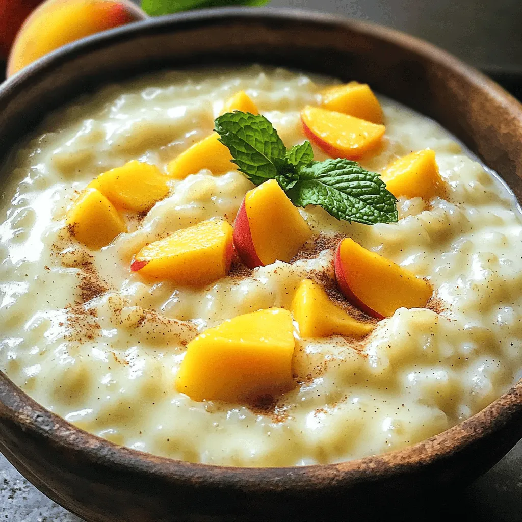 For this creamy and delicious dessert, you will need: - 1 cup arborio rice - 4 cups whole milk - 1 cup fresh peaches, diced into small pieces - 1/2 cup granulated sugar (adjust based on sweetness preference) - 1 teaspoon pure vanilla extract - 1/2 teaspoon ground cinnamon - Pinch of sea salt - 2 tablespoons unsalted butter - Fresh peach slices and mint leaves for garnish You can make this recipe your own by substituting some ingredients. Try these options: - Use almond milk or coconut milk for a dairy-free version. - Swap fresh peaches with canned peaches if they are not in season. - Replace granulated sugar with honey or maple syrup for a different flavor. - Use jasmine or basmati rice if you cannot find arborio rice. To make Peach Rice Pudding, gather these kitchen tools: - Medium-sized saucepan - Fine-mesh strainer - Stirring spoon - Measuring cups and spoons - Dessert bowls for serving - Optional: knife and cutting board for dicing peaches These tools will help you create a perfect and tasty Peach Rice Pudding. For the full recipe, refer to the earlier details. Enjoy cooking! To make peach rice pudding, start by rinsing your arborio rice. Use a fine-mesh strainer. Rinse until the water runs clear. This step helps remove extra starch. It keeps the pudding from being too gummy. Next, grab a medium saucepan. Combine the rinsed rice, whole milk, granulated sugar, and a pinch of sea salt. Set the saucepan on medium heat. Stir occasionally as it warms. You want to bring this mixture to a gentle simmer. Once it starts to simmer, lower the heat. Cook uncovered for about 20 to 25 minutes. Stir it frequently. You’ll know it’s ready when the rice is tender and the pudding thickens. A spoon should leave a trail when you drag it through. After cooking, stir in the pure vanilla extract and ground cinnamon. Add the unsalted butter next. Mix until the butter melts into the pudding. Now, gently fold in the diced peaches. Save a few pieces for garnish later. Cook for another 2 to 3 minutes. This lets the peaches soften a bit but still keep their shape. Once done, take the saucepan off the heat. Let the pudding cool for a few minutes. Remember, it will thicken more as it cools. To get the perfect pudding, keep an eye on the cooking time. Stir regularly to prevent sticking. If your pudding is too thick, add a splash of milk. If it's too thin, cook it longer. Make sure you use arborio rice. It has the right starch content. This rice creates that creamy texture we love in pudding. When serving, you can enjoy the pudding warm or chill it for later. Use dessert bowls or glasses for a nice look. Top with extra peach slices and fresh mint leaves. This adds color and freshness to your dish. For a special touch, consider drizzling honey or maple syrup over the pudding. This enhances the flavor and makes it even more delightful. Enjoy your peach rice pudding! You can find the full recipe to guide you through each step. When making rice pudding, avoid these common mistakes: - Not rinsing the rice: Rinsing removes excess starch. This helps prevent a gummy texture. - Cooking at high heat: High heat can burn the rice. Keep it at a gentle simmer. - Stirring too little: Stir often to keep the rice from sticking. This helps achieve a creamy pudding. - Skipping the resting time: Letting the pudding sit allows it to thicken. This makes for a better texture. To boost flavor, try these tips: - Add almond extract: A splash brings a lovely nutty tone to the dish. - Use fresh herbs: Mint or basil adds a refreshing twist. - Mix in coconut milk: This gives a tropical taste and a rich texture. - Sprinkle with nutmeg: A small amount enhances the warmth of the cinnamon. You can serve peach rice pudding in different ways: - Warm: A comforting choice, especially on colder days. - Chilled: Great for hot summer nights. It’s refreshing and light. - Room temperature: A nice middle ground that works for any occasion. Try serving with extra peach slices or mint for a pop of color. For the full recipe, check out the detailed instructions. {{image_4}} You can make Peach Rice Pudding dairy-free by using coconut milk or almond milk. Both options add a nice flavor. For a vegan version, skip the butter and use a plant-based alternative. You can also use a vegan sweetener, like maple syrup, instead of sugar. This way, everyone can enjoy this creamy dessert! Peach Rice Pudding is great with other fruits too! You can try adding blueberries, strawberries, or mango. Each fruit gives the pudding a unique taste. Chopped bananas can also work well, adding a nice creaminess. Mix and match your favorites for a fun twist! If you want a healthier Peach Rice Pudding, consider using honey or agave syrup. These natural sweeteners add flavor without refined sugar. You may also use stevia or monk fruit for a low-calorie option. Just remember to adjust the amount since they are sweeter than sugar. Enjoy making this dessert your own! For the complete recipe, check out the [Full Recipe]. To keep your Peach Rice Pudding fresh, place it in an airtight container. Make sure the pudding cools to room temperature first. Cover it tightly. It will stay good for up to three days in the fridge. Remember to label your container with the date made. This way, you won't forget it! You can freeze Peach Rice Pudding for later enjoyment. Use a freezer-safe container or a heavy-duty freezer bag. Leave some space at the top, as the pudding may expand when frozen. It’s best to eat frozen pudding within two months. When you're ready to eat, just pull it out and thaw it in the fridge overnight. To reheat the pudding, place it in a saucepan over low heat. Stir often to avoid sticking. If it seems too thick, add a splash of milk to loosen it up. You can also use the microwave; just heat in short bursts, stirring in between. This helps keep the creamy texture intact. Enjoy your dessert warm for the best flavor! Peach rice pudding will last about three to four days in the fridge. Store it in a sealed container to keep it fresh. The pudding may thicken as it cools. You can add a splash of milk when reheating to restore creaminess. Yes, you can use canned peaches! Just make sure to drain them well. Canned peaches are softer than fresh, so they’ll break down more in the pudding. This can make it sweeter, so adjust the sugar if needed. I recommend using arborio rice for rice pudding. Arborio rice has a high starch content, which gives the pudding its creamy texture. You can also use other short-grain rice, but arborio is my favorite for the best results. For the full recipe, check out the Peachy Creamy Rice Pudding. In this blog post, we covered how to make delicious peach rice pudding. You learned about ingredients, tools, and step-by-step cooking methods. I shared tips to avoid common mistakes and offered fun variations, such as vegan options. We also discussed how to store leftovers and answered key questions about the recipe. Peach rice pudding is easy to make and fun to enjoy. Remember to try new flavors and share with friends!