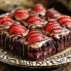 - 1 cup unsalted butter, melted - 1 ½ cups granulated sugar - 1 cup brown sugar, packed - 4 large eggs - 1 teaspoon vanilla extract - 1 cup all-purpose flour - ½ cup cocoa powder - 1 teaspoon baking powder - ½ teaspoon salt - 1 cup dark chocolate chips - 1 cup fresh strawberries, hulled and sliced - 1 cup milk chocolate chips (for drizzling) - Unsalted butter: Use one cup, melted. This adds richness. - Granulated sugar: One and a half cups create sweetness. - Brown sugar: One cup, packed, gives a nice depth. - Large eggs: Four eggs bind and add moisture. - Vanilla extract: One teaspoon boosts flavor. - All-purpose flour: One cup provides structure. - Cocoa powder: Half a cup adds chocolatey goodness. - Baking powder: One teaspoon helps brownies rise. - Salt: Half a teaspoon enhances all the flavors. - Dark chocolate chips: One cup adds extra chocolate flavor. - Fresh strawberries: One cup, sliced, brings freshness. - Milk chocolate chips: One cup for drizzling adds sweetness. - Nuts: Add chopped walnuts or pecans for crunch. - Sea salt: A sprinkle enhances the chocolate taste. - Mint extract: A drop gives a refreshing twist. - Caramel sauce: Drizzle for extra sweetness and flavor. With these ingredients, you create a delightful treat that blends chocolate and strawberries beautifully. Feel free to mix and match for your perfect brownie! For the full recipe, check the detailed instructions above. Start by preheating your oven to 350°F (175°C). Grease a 9x13 inch baking pan. This step helps the brownies come out easily later. In a large bowl, mix melted butter, granulated sugar, and brown sugar. Whisk until smooth. Next, add the eggs, one at a time, mixing well after each addition. Stir in the vanilla extract for extra flavor. In another bowl, sift the flour, cocoa powder, baking powder, and salt. Slowly add this dry mix to the wet ingredients. Stir gently until just combined. Overmixing can make the brownies tough. Now, fold in dark chocolate chips, spreading them evenly in the batter. Pour half of your brownie batter into the prepared pan. Spread it evenly. Now it's time for the strawberries. Place sliced strawberries over the batter. Make sure to cover the surface well. This adds a fresh burst of flavor. Then, spoon the rest of the brownie batter over the strawberries. Ensure they are completely covered. This helps achieve a fudgy texture. Bake the brownies in the preheated oven for 30-35 minutes. Check if they’re done by inserting a toothpick into the center. It should come out with a few moist crumbs, not wet batter. Once baked, let the brownies cool for about 15 minutes in the pan. For the chocolate drizzle, melt milk chocolate chips in a microwave-safe bowl. Heat in 30-second intervals, stirring between each. When smooth, drizzle the melted chocolate over the brownies in a fun zigzag pattern. Finally, let them cool completely before cutting into squares. You can find the complete recipe and more tips in the Full Recipe section. To make these brownies shine, follow these tips: - Use fresh strawberries: Fresh strawberries bring great flavor and moisture. Choose ripe ones for the best taste. - Check your oven temperature: Ovens can vary. Use an oven thermometer to ensure the right heat. - Don't overmix: When combining wet and dry ingredients, mix just until combined. This keeps them fudgy. Avoid these errors for the best results: - Skipping the cooling step: Let the brownies cool before cutting. This helps them set and stay together. - Overbaking: Keep a close eye as they bake. Remove them when a toothpick has a few moist crumbs. - Using cold ingredients: Always use room temperature eggs. This helps the batter mix better. For a perfect drizzle, try these steps: - Melt chocolate slowly: Use a microwave on low power. Heat in short bursts to avoid burning. - Use a piping bag: Fill a small piping bag with melted chocolate. This gives you more control when drizzling. - Practice your technique: Zigzag patterns look great! Have fun and experiment with different designs. The full recipe gives you all you need to make these brownies a hit! {{image_4}} You can swap strawberries for other fruits. Ripe bananas add a sweet twist. Blueberries bring a burst of flavor and color. Cherries are tart and delicious. You can even mix fruits for a fun variety. Try different fruits based on the season. Each fruit will change the taste and look of your brownies. The chocolate you choose matters. Dark chocolate gives a rich taste. Milk chocolate is sweeter and creamier. White chocolate adds a unique touch, but it lacks the cocoa flavor. You can mix chocolates for a balanced taste. For a fun twist, try flavored chocolates like mint or orange. Each chocolate type will enhance the overall flavor of your brownies. Want to make these brownies gluten-free? Simply replace all-purpose flour with gluten-free flour. Almond flour or oat flour works well, too. Be sure to check the labels to avoid gluten. You can also use a gluten-free baking mix. This way, everyone can enjoy your tasty brownies without worry. To keep your brownies fresh, store them in an airtight container. Place a layer of parchment paper between layers to avoid sticking. This method helps maintain that rich, fudgy texture. If you keep them at room temperature, enjoy them within four days. For longer storage, consider freezing them. Freezing these brownies is a great way to save them for later. First, let the brownies cool completely. Once cool, cut them into squares. Wrap each square in plastic wrap, then place them in a freezer-safe bag. They will stay fresh for up to three months. When ready to enjoy, simply thaw them at room temperature. For best results, use a glass or plastic container with a tight seal. Avoid metal containers, as they can affect the taste. Keep the container in a cool, dry place. If you have leftover chocolate drizzle, store it separately. This keeps your brownies looking and tasting their best. You can find the full recipe for these delicious brownies above. You can tell the brownies are done when a toothpick comes out with a few moist crumbs. If the toothpick has wet batter, they need more time. Bake them for 30 to 35 minutes. Keep an eye on them towards the end. The edges should look set, but the center may still look soft. Yes, you can make these brownies ahead of time! They taste great when made a day before. Just store them in an airtight container at room temperature. If you want to keep them fresh longer, place them in the fridge. Allow them to come to room temp before serving for the best taste. You can buy chocolate-covered strawberry brownies at many bakeries and cafes. Some grocery stores may also have them in their baked goods section. If you want a special treat, look for local shops that focus on gourmet desserts. They might have unique versions of this classic treat. You learned how to make chocolate covered strawberry brownies. We covered all ingredients, from the brownie base to toppings. I shared tips to avoid mistakes and variations to keep things fun. Storing your brownies properly helps them stay fresh for longer. These brownies stand out for taste and texture. Enjoy them anytime or share with friends. With this recipe, you can create a treat everyone will love. Happy baking!