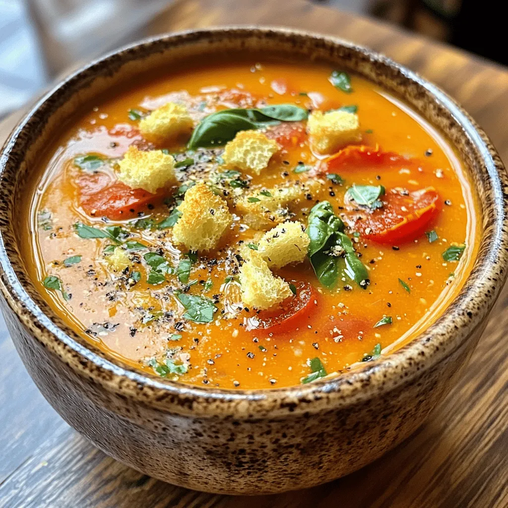 - 2 tablespoons extra virgin olive oil - 1 medium onion, finely chopped - 3 cloves garlic, minced - 2 cans (14 oz each) diced tomatoes, preferably with herbs or garlic - 1 cup vegetable broth (low-sodium recommended) - 1 teaspoon granulated sugar - 1 teaspoon dried oregano - Sea salt and freshly cracked black pepper, to taste - 1 cup heavy cream (or coconut cream for a delightful dairy-free version) - 1/2 cup fresh basil leaves, roughly chopped - Croutons for garnish - Extra basil leaves for presentation - Dairy-free alternatives like coconut cream In this recipe, I focus on simple yet fresh ingredients. Olive oil, onion, and garlic form a tasty base. The diced tomatoes and vegetable broth bring depth and richness. I add sugar and oregano for a hint of sweetness and herbal notes. Cream, whether dairy or coconut, adds a lovely smoothness. Fresh basil at the end brightens every bite. For garnishes, croutons add a fun crunch. A few extra basil leaves make the soup look even better. If you want a dairy-free version, use coconut cream. This soup is not just tasty; it feels like a warm hug on a cold day. Check out the Full Recipe for more details on how to bring this dish to life! Start by chopping your onion and garlic. I like to use a sharp knife for quick cuts. Aim for small pieces, so they cook evenly. Next, measure out your canned tomatoes and vegetable broth. Using two cans of diced tomatoes gives a rich base. Make sure you have the broth ready for adding later. Heat olive oil in a large pot over medium heat. Once it shimmers, add the chopped onion. Sauté it for about five minutes. You want it to be soft and a bit clear. Then, toss in the minced garlic for one more minute. It should smell great! Carefully pour in the diced tomatoes along with their juices. Add the broth next. Stir everything well to combine. Now it’s time to let those flavors blend. Add sugar, oregano, salt, and pepper. Bring the soup to a boil, then lower the heat. Let it simmer uncovered for about 20 minutes. This step is key for deepening the flavors. After simmering, turn off the heat. Use an immersion blender to puree the soup until smooth. If you don’t have one, use a standard blender in batches. Just be careful while transferring the hot soup. Return the pot to low heat and stir in the heavy cream. Warm it gently for about five minutes. Do not let it boil again! Finally, fold in the fresh basil. Taste it and adjust the seasoning if needed. Serve hot with croutons and extra basil on top for a beautiful finish. Enjoy your creamy tomato basil soup! For the full recipe, check the [Full Recipe]. Using fresh herbs adds a bright taste to your soup. Fresh basil gives a sweet and peppery kick. You can also mix in thyme or oregano for added depth. Adjusting seasoning is key to your enjoyment. Taste as you go, and add sea salt or pepper to make it just right. Blending your soup is vital for a smooth finish. An immersion blender works best, but a standard blender can do the job too. Just be careful when transferring hot soup. To thicken, add more cream or let it simmer longer. If it's too thick, add a splash of broth or water to thin it out. Pair your creamy tomato basil soup with crusty bread or a fresh salad. A side of grilled cheese makes it feel extra special. For a nice presentation, serve in a wide bowl. Top with croutons and extra basil for color. This simple touch makes it look gourmet! {{image_4}} If you want a dairy-free soup, use coconut cream instead of heavy cream. Coconut cream gives your soup a rich and creamy texture. It also adds a hint of sweetness that pairs well with tomatoes. You can also try nut-based products like cashew cream. Soak cashews in water, blend them, and stir into your soup for creaminess. Both options keep the soup tasty and smooth. Want to spice things up? Add red pepper flakes to your soup. Just a pinch gives a nice heat that brightens the flavor. You can also roast garlic or bell peppers before adding them to the pot. Roasting brings out the sweetness in these ingredients. This adds depth and complexity to your creamy tomato basil soup. This soup is not just for bowls! You can transform it into a pasta sauce. Just cook your favorite pasta, then mix the soup in. It creates a cozy, comforting dish. Another fun idea is to make a cheesy tomato basil dip. Add cream cheese or mozzarella to the soup, warm it up, and serve it with bread. This gives you a fun twist on the classic recipe. Check out the Full Recipe for more ideas! To store leftover creamy tomato basil soup, let it cool first. Place it in an airtight container. This helps keep the soup fresh. You can store it in the refrigerator for up to 4 days. Always reheat only what you need to keep the rest safe. You can freeze creamy tomato basil soup for longer storage. Pour the cooled soup into freezer-safe bags or containers. Make sure to leave some space at the top for expansion. It will stay good in the freezer for up to 3 months. When you’re ready to eat, thaw it overnight in the fridge. Reheat it gently on the stove. Stir often, and don’t let it boil, to keep that creamy texture. If you have leftover soup, get creative! Use it as a base for pasta dishes or add it to rice. You can also pour it over baked chicken for a tasty meal. Another idea is to blend it with some extra veggies for a new soup. This way, you reduce waste and enjoy new flavors! You can enjoy creamy tomato basil soup with many tasty sides. Here are some great options: - Grilled cheese sandwiches for a classic combo - Freshly baked bread to soak up the soup - A crisp green salad for a light touch - Crunchy croutons for added texture - Garlic bread for a rich, buttery flavor These pairings enhance the soup's flavors and make your meal even more satisfying. Making this soup vegetarian or vegan is easy. Here are some simple swaps: - Use vegetable broth instead of meat-based broth - Replace heavy cream with coconut cream or cashew cream - Ensure all canned tomatoes and spices are vegan-friendly These changes keep the soup delicious while meeting your dietary needs. Yes, you can make creamy tomato basil soup ahead of time. Here are some best practices: - Prepare the soup and let it cool completely. - Store it in an airtight container in the fridge for up to three days. - When you're ready to eat, reheat it gently on the stove. You can also freeze the soup for up to three months. Just thaw it in the fridge overnight before reheating. Enjoy this cozy soup anytime! This blog post shared a simple and delicious creamy tomato basil soup recipe. You learned about main ingredients and helpful tips for flavor and texture. We explored variations, like dairy-free options, and how to store leftovers effectively. You now have ideas for serving and pairing the soup, too. Cooking should be fun, not stressful. Use this recipe as a guide, and make it your own. Enjoy your cooking journey!