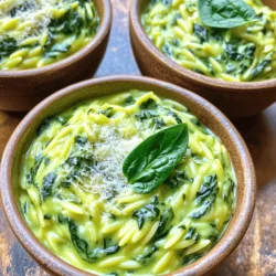 - 1 cup orzo pasta - 2 cups fresh spinach, roughly chopped - 1 cup heavy cream - 1 tablespoon olive oil - 3 cloves garlic, minced - 1/2 cup freshly grated Parmesan cheese - 1/4 teaspoon freshly grated nutmeg - Salt and freshly ground black pepper to taste - Optional: red chili flakes for an added kick Using quality ingredients makes a big difference in flavor. Fresh spinach adds a bright taste. Heavy cream creates a rich and smooth texture. Parmesan cheese gives a salty and nutty flavor. Each ingredient plays a key role in the dish. When you choose fresh, high-quality items, you elevate your meal. This dish is simple, but great ingredients make it special. You can make this dish your own by changing a few ingredients. If you don’t have orzo, use rice or couscous. For a lighter option, try half-and-half instead of heavy cream. You can swap spinach for kale or Swiss chard. If you want a non-dairy version, use coconut cream and a dairy-free cheese. The dish will still taste amazing with these changes. Just be sure to adjust the cooking times as needed. For the full recipe, check out the entire guide. To start, bring a large pot of salted water to a boil. This step is key for tasty orzo. Once boiling, add 1 cup of orzo pasta. Cook it according to the package instructions. Aim for an al dente texture, which means it should be firm yet tender. This usually takes about 8 to 10 minutes. When done, drain the orzo in a colander and set it aside for later. Next, we create the creamy base that makes this dish shine. In the same pot, add 1 tablespoon of olive oil over medium heat. Once hot, toss in 3 cloves of minced garlic. Sauté it for 1-2 minutes until fragrant. Be careful not to let it brown; we want the garlic's flavor, not a burnt taste. Now, add 2 cups of roughly chopped fresh spinach. Stir it in well. Cook for about 2-3 minutes until the spinach wilts and turns a bright green. Now comes the fun part—combining everything! Gradually pour in 1 cup of heavy cream while stirring. This helps create a smooth, creamy mixture. Let it warm up, but don’t boil. Next, fold in the cooked orzo, along with 1/2 cup of freshly grated Parmesan cheese and 1/4 teaspoon of freshly grated nutmeg. Stir until the cheese melts and everything blends nicely. Season with salt, freshly ground black pepper, and if you like some heat, sprinkle in red chili flakes. Let the dish sit for a couple of minutes to thicken up. For the full recipe, check the earlier section. To cook orzo perfectly, timing is key. Start with a large pot of salted water. Bring it to a strong boil before adding the orzo. Cook according to the package directions, usually around 8 to 10 minutes. Test it for doneness a minute early. You want it to be al dente, firm yet tender. Drain the orzo right away to avoid mushiness. Rinsing it under cold water helps stop the cooking process. Spices and herbs can take your creamy spinach orzo to new heights. I suggest adding a pinch of red pepper flakes for heat. Try fresh herbs like basil or thyme for a burst of flavor. A squeeze of lemon juice brightens the dish. You can also use garlic powder for extra depth if you love garlic. Experiment and find what excites your taste buds! Serving creamy spinach orzo can be an art. For a touch of elegance, use individual bowls. Serve it hot from the pot. Top each bowl with more grated Parmesan and a few fresh spinach leaves. A sprinkle of black pepper adds a nice contrast. You can also add a drizzle of olive oil for a glossy finish. This will make your dish look as good as it tastes! For the complete recipe, check out Full Recipe. {{image_4}} You can easily change up creamy spinach orzo by adding proteins. Chicken, shrimp, or plant-based proteins are great choices. If you love chicken, grill or sauté it first. Then, chop it into bite-sized pieces. Add it to the pot when you mix in the orzo. For shrimp, cook them in the same pot after the garlic. This will give them a nice flavor. Plant-based options like chickpeas or tofu also work well. Just make sure to season them for extra taste. To make your dish even more vibrant, add seasonal vegetables. Bell peppers, zucchini, or cherry tomatoes can enhance the flavor. Chop your veggies and sauté them with the garlic. This adds color and nutrition to your meal. You can also use peas or asparagus for a fresh twist. Mix in these veggies right before you add the spinach. This way, they stay crisp and enjoyable. If you need gluten-free options, swap out orzo for rice or gluten-free pasta. Quinoa is another healthy alternative. For a vegan version, replace heavy cream with coconut milk or cashew cream. Nutritional yeast can replace Parmesan for a cheesy flavor. Make sure to check labels for all products if you follow specific diets. These changes will keep the dish delicious and satisfying. To keep your creamy spinach orzo fresh, store it in an airtight container. Place the cooled orzo in the container and seal it tightly. You can refrigerate it for up to three days. If you want to keep it longer, freeze it. Divide the orzo into smaller portions for easy thawing. Use freezer-safe bags or containers. Remember to label them with the date. When reheating, you want to maintain that creamy texture. The best method is to use the stove. Add a splash of milk or cream while warming it up. Stir often to prevent sticking. Heat on low to avoid burning. If using a microwave, cover the dish and heat in short bursts. Stir in between to ensure even warming. Creamy spinach orzo lasts about three days in the fridge. If frozen, it can keep for up to three months. However, the creaminess may change slightly after freezing. For the best taste, aim to eat it within a month. Always check for any signs of spoilage before enjoying your leftovers. Orzo pasta is a small, rice-shaped pasta. It is made from wheat and cooks quickly. This pasta works well in soups, salads, or as a side dish. Its shape helps it absorb sauces and flavors nicely. You can find it in most grocery stores. Yes, you can make creamy spinach orzo ahead of time. Prepare it and let it cool. Store it in an airtight container in the fridge. It will stay fresh for up to three days. Just reheat it before serving. You can add a splash of cream to keep it creamy. To change the creaminess, you can adjust the amount of heavy cream. Use less cream for a lighter dish. Add more if you want it richer. You can also mix in some vegetable or chicken broth for a less creamy option. Absolutely! Creamy spinach orzo is perfect for meal prep. It holds up well in the fridge. You can portion it out for easy lunches or dinners. Just remember to reheat it gently to keep the creaminess intact. Check out the Full Recipe for detailed steps! In this post, we explored how to make creamy spinach orzo. We covered essential ingredients, cooking steps, and tips for great flavor and texture. Quality ingredients make a big difference, and substitutes can keep it flexible. Whether you want protein or vegetarian options, variations are easy. Remember, storing leftovers properly ensures your dish stays delicious. With these insights, you can enjoy creamy spinach orzo any time. Dive into this recipe and make it your own!