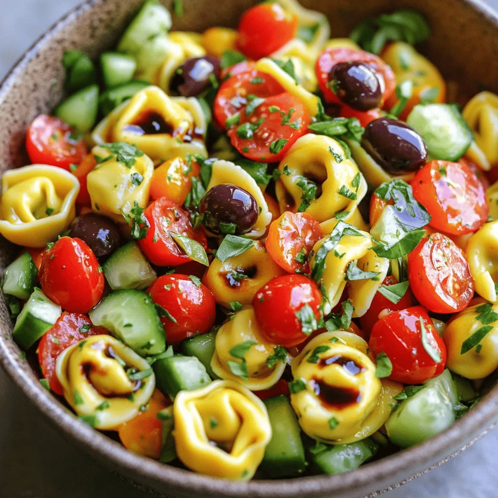 - 2 cups cheese tortellini - 1 cup cherry tomatoes, halved - 1 cup cucumber, diced - 1/2 cup red bell pepper, diced - 1/4 cup red onion, finely chopped - 1/2 cup kalamata olives, pitted and sliced - 1/4 cup fresh basil, chopped - 1 tablespoon lemon zest - 3 tablespoons olive oil - 2 tablespoons balsamic vinegar - 1 teaspoon Dijon mustard - Salt and black pepper to taste The ingredients in this zesty tortellini salad make it colorful and tasty. You have the cheese tortellini as the star. It brings a nice bite and cheesy flavor. The cherry tomatoes add sweetness, while the cucumber gives crunch. Red bell pepper offers a mild taste, and red onion adds a bit of sharpness. Kalamata olives bring a salty touch, and fresh basil adds a fragrant note. If you want to change things up, you can use whole grain or gluten-free tortellini. For vegetables, feel free to swap based on what’s fresh. Try using zucchini or bell peppers in place of cucumbers. Seasonal veggies can keep the salad exciting all year long. To make this salad, you will need a few tools: - Large pot for boiling - Mixing bowls - Colander for draining - Whisk or fork for dressing Having these tools ready makes cooking simple. A large pot helps you boil the tortellini well. Mixing bowls keep your ingredients organized. A colander drains the pasta quickly, and a whisk or fork blends the dressing smoothly. For the full recipe, check out the detailed instructions on how to combine all these fresh flavors into a delightful dish! To cook the tortellini, start by boiling a large pot of salted water. When the water boils, add 2 cups of cheese tortellini. Cook them according to the package instructions. You want the tortellini to be al dente, which means firm but not hard. Once they are cooked, drain them in a colander. Rinse the tortellini under cold running water. This rinsing stops the cooking process and cools them down. Next, let's prepare the vegetables. Take a sharp knife and chop the cherry tomatoes in half. For the cucumber, slice it lengthwise and remove the seeds with a spoon. Then, dice it into small pieces for even bites. Dice the red bell pepper and finely chop the red onion. Add all these veggies to a big mixing bowl. Make sure to mix them well for a uniform salad. Now, we will make the dressing. In a small bowl, whisk together 1 tablespoon of lemon zest, 3 tablespoons of olive oil, 2 tablespoons of balsamic vinegar, and 1 teaspoon of Dijon mustard. Continue whisking until the dressing is smooth and well mixed. Taste it to see if you need more salt or pepper. Adjust the seasoning if you like. Once the dressing is ready, drizzle it over the prepared salad. Toss everything gently to coat the tortellini and vegetables with the zesty dressing. Let the salad chill in the fridge for about 30 minutes. This time helps the flavors blend together nicely. You can find the full recipe for more details. To boost the taste of your zesty tortellini salad, try adding fresh herbs. Fresh parsley, dill, or chives work great. They add a bright kick. If you prefer dried herbs, remember they are stronger. Use less than you would of fresh. Fresh ingredients always shine in this salad. Fresh tomatoes and cucumbers bring crunch and flavor. The taste difference between fresh and dried is huge. Always choose fresh when you can. Presentation matters! Serve your salad in a large, colorful bowl. It looks inviting and fresh. For a special touch, add extra fresh basil on top. You can also sprinkle feta cheese for creaminess. It adds a nice contrast and flavor. You can serve this salad chilled or at room temperature. Both ways taste great. Try adding a few lemon slices on the side. It looks pretty and adds a burst of flavor. Making the salad ahead of time can save you stress. Prepare it up to a day in advance. Just store it in the fridge. This way, the flavors blend nicely. For the best freshness, keep the dressing separate if you can. This helps prevent the salad from getting soggy. When you are ready to serve, just mix the dressing in. Enjoy your fresh, tasty salad! Try the Full Recipe for all the steps and tips to make this dish shine. {{image_4}} You can make this salad vegetarian by adding chickpeas or black beans. They add protein and fiber. These beans mix well with the tortellini and veggies. You can also use tofu or tempeh for a meat-like texture. This keeps the dish filling and healthy. Try different dressings to change the flavor. An Italian dressing adds a zesty kick. A yogurt-based dressing gives a creamy feel. You can also use a simple vinaigrette or a creamy dressing. Just whisk together your choice of oil, vinegar, and seasonings for a quick mix. Use seasonal vegetables for added freshness. In summer, add corn or zucchini. In fall, try roasted squash or beets. For holidays, you can add festive ingredients like pomegranate seeds or nuts. These small changes keep the salad exciting and fun throughout the year. Check out the Full Recipe for more ideas! To keep your zesty tortellini salad fresh, store it in the fridge. The best temperature for storage is around 40°F (4°C). Use airtight containers to prevent any air from drying out the salad. Glass or BPA-free plastic containers work great. Make sure to seal the lids tightly to keep flavors in and odors out. You can freeze tortellini salads, but it has some rules. Freezing may change the texture of the veggies. To keep the salad at its best, freeze the tortellini separately. You can also freeze the dressing in ice cube trays. This way, you can add fresh veggies later when you’re ready to eat. In the fridge, your salad will last about 3 to 5 days. Always check for signs of spoilage. If the salad smells off, or the veggies look mushy, it’s best to toss it. Fresh ingredients will keep your salad tasting bright and zesty, so use it up quickly! You can keep tortellini salad in the fridge for about 3 to 5 days. To keep it fresh, store it in an airtight container. Make sure to check for any signs of spoilage, like off smells or discoloration, before eating. Yes, adding protein is a great idea! You can include grilled chicken, shrimp, or even diced turkey. For a vegetarian option, try adding tofu or chickpeas. These additions boost the salad's flavor and make it more filling. You can easily customize the zesty tortellini salad. Swap cheese tortellini for whole grain or gluten-free options. Feel free to change the veggies too! Use seasonal ingredients like asparagus in spring or roasted squash in fall. A light white wine, like Pinot Grigio, pairs well with this salad. If you prefer non-alcoholic drinks, try sparkling water with lemon. Herbal iced tea also complements the fresh flavors nicely. You can find the full recipe for zesty tortellini salad in the "Full Recipe" section. This will give you detailed steps to make this delightful dish. This blog post covered a tasty tortellini salad and its key ingredients. We explored ingredient swaps, essential tools, and step-by-step cooking. I also shared tips to boost flavor and ways to customize your salad. Storing leftovers correctly can extend shelf life. Remember, you can get creative with proteins and dressings to suit your tastes. Enjoy this simple, fresh dish at any gathering or meal. Dive into the full recipe for all the details and start making it today!