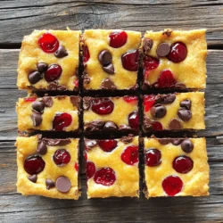 To make Cherry Chocolate Chip Cookie Dough Bars, you need some basic ingredients. Here's what you'll need: - 1 cup unsalted butter, softened to room temperature - 1 cup packed brown sugar - ½ cup granulated sugar - 2 teaspoons pure vanilla extract - 2 large eggs, at room temperature - 2 ½ cups all-purpose flour - 1 teaspoon baking soda - ½ teaspoon fine sea salt - 1 cup semi-sweet chocolate chips - 1 cup maraschino cherries, well-drained and finely chopped - ½ cup pecans or walnuts, chopped (optional) These ingredients create a rich and sweet flavor that pairs well with the tartness of cherries. Using high-quality ingredients makes a big difference. Fresh butter and pure vanilla extract enhance the taste. Good chocolate chips melt perfectly and add richness. Maraschino cherries should be bright and flavorful. When your ingredients shine, your bars will too. Feel free to get creative! You can add different nuts like almonds or hazelnuts. Dried cherries or cranberries can replace maraschino cherries for a twist. If you want, substitute half the flour with almond flour for a nutty flavor. These options let you customize the bars to your liking. For the complete recipe, check out the Full Recipe. To start, grab your 9x13-inch baking pan. Line it with parchment paper. Make sure the paper hangs over the sides a bit. This will help you lift out the bars later. Preheat your oven to 350°F (175°C). This warm-up step is key for even baking. In a large bowl, place your softened butter. Add the brown sugar and granulated sugar. Use an electric mixer on medium speed. Beat until the mixture is light and fluffy. This should take about three minutes. Next, mix in the vanilla extract. Add the eggs one at a time. Make sure to mix well after each egg. This helps create a smooth batter. In another bowl, whisk together the flour, baking soda, and salt. Slowly add this dry mix to your wet ingredients. Stir gently until just combined. Don’t overmix! This is important to keep the bars soft and chewy. Now, fold in the chocolate chips, chopped maraschino cherries, and nuts if you want them. Spread the dough evenly in the pan. Place your pan in the preheated oven. Bake for 25 to 30 minutes. Look for golden edges and a toothpick test to check for doneness. Insert a toothpick in the center. If it comes out with a few moist crumbs, they are ready! Once baked, let the bars cool in the pan for about 15 minutes. Then, use the parchment paper to lift them out. Move them to a wire rack for full cooling. Once cool, slice them into squares and enjoy. For the full recipe, check the details above. To get the best texture in your Cherry Chocolate Chip Cookie Dough Bars, focus on your mixing. Cream the butter and sugars well. This step adds air, making your bars light and chewy. Don't overmix after adding the flour. Mix until just combined for a soft bite. Also, use room temperature ingredients. This helps everything blend smoothly. One common mistake is using cold butter. Always soften it first. Cold butter can lead to dense bars. Another mistake is overbaking. Check the bars a little early. They should be golden around the edges, but still soft in the middle. Lastly, drain the cherries well. Too much moisture can make the bars soggy. For extra flavor, try adding almond extract. It pairs well with cherries and chocolate. You can also mix in some spices like cinnamon or nutmeg for warmth. If you like a crunch, consider adding crushed pretzels. They add a salty balance to the sweet. You can find the Full Recipe for more ideas and tips. {{image_4}} You can change the nuts in your bars. Pecans and walnuts add a nice crunch. If you want a different taste, try almonds or hazelnuts. Simply chop them up and fold them into the dough. Each nut gives a unique flavor and texture. If cherries are not your favorite, you can swap them out. Diced strawberries or raspberries work well. They add a fruity burst without losing the cookie dough feel. Dried fruits like cranberries or apricots also fit nicely. Just make sure they are chopped small to mix well. You can make these bars gluten-free easily. Use a gluten-free flour blend instead of regular flour. For a dairy-free version, substitute the butter with coconut oil or a dairy-free spread. These changes will still keep your bars tasty and chewy. You won't miss out on flavor or texture. For the complete experience, check the Full Recipe above! To keep your Cherry Chocolate Chip Cookie Dough Bars fresh, store them in an airtight container. Place parchment paper between layers to prevent sticking. These bars stay fresh for up to five days at room temperature. If you want to keep them longer, consider freezing them. To freeze your bars, first, allow them to cool completely. Then, wrap them in plastic wrap and place them in a freezer bag. They can last up to three months in the freezer. When you want to enjoy them, pull them from the freezer. Leave them at room temperature for about an hour to thaw. For the best taste, reheat your bars before eating. Just pop them in the microwave for about 10-15 seconds. This will make them warm and gooey, enhancing the chocolate and cherry flavors. You can also use an oven at 350°F for about five minutes if you prefer. Enjoy the deliciousness! You can tell when the cookie bars are done by looking at the edges. They should turn golden brown. Insert a toothpick in the center. If it comes out with a few moist crumbs, they are ready. This means you have a soft and chewy texture inside. Yes, you can make these bars ahead of time. They stay fresh for several days. Just cover them well and keep them at room temperature. You can also make the dough and chill it in the fridge. Bake them later when you want a warm treat. If you want a different flavor, you can use fresh cherries instead. Just pit and chop them well. Dried cherries or cranberries also work. They add a nice chewiness and tartness to the bars. You can switch up the nuts or chocolate types. Use dark chocolate for a richer flavor. Add spices like cinnamon or nutmeg for warmth. You can also mix in different fruits to find your favorite combo. You can find the full recipe for Cherry Chocolate Chip Cookie Dough Bars in this article. It includes all the ingredients and easy steps to make them. In this blog post, we explored the tasty world of Cherry Chocolate Chip Cookie Dough Bars. We looked at key ingredients and why quality matters. The step-by-step guide helped you prepare and bake like a pro. You learned tips to avoid mistakes and ways to enhance flavor. We also discussed fun variations and storage tips. Enjoy experimenting with this recipe. Happy baking!
