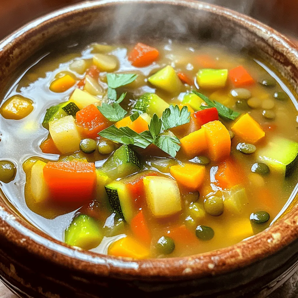 - 1 cup green or brown lentils - 2 tablespoons extra virgin olive oil - 1 medium onion, finely diced - 2 cloves garlic, minced - 2 medium carrots, diced - 2 stalks celery, diced - 1 red bell pepper, diced - 1 medium zucchini, diced - 1 can (14 oz) diced tomatoes, with their juices - 6 cups vegetable broth, low-sodium preferred - 1 teaspoon ground cumin - 1 teaspoon dried thyme - 1 teaspoon smoked paprika - Sea salt and freshly cracked black pepper to taste - Fresh parsley or cilantro When I make this soup, I love using fresh ingredients. Green or brown lentils work best here. They keep their shape and add great texture. The extra virgin olive oil gives a nice flavor and helps cook the veggies. For vegetables, I use a mix, like onion, garlic, carrots, celery, bell pepper, and zucchini. Each adds its own taste and color. The diced tomatoes are key for a rich base. Don’t forget the vegetable broth! It brings everything together. Spices like cumin, thyme, and smoked paprika add depth. Salt and pepper round it out, so every bite is tasty. If you want to make it pop, add fresh parsley or cilantro on top. This gives a bright finish and looks beautiful in the bowl. For the full recipe, check [Full Recipe]. Healthy lentil veggie soup is easy to make and packed with nutrients. You learned about essential ingredients, preparation, and cooking steps. We discussed tips to enhance flavor and variations for dietary needs. Remember, this soup is versatile and can fit many tastes. Store leftovers properly to enjoy later. Adjust spices and veggies to keep it fresh. I hope you feel inspired to create this healthy dish for yourself and loved ones. Enjoy the warmth and health in every bowl.
