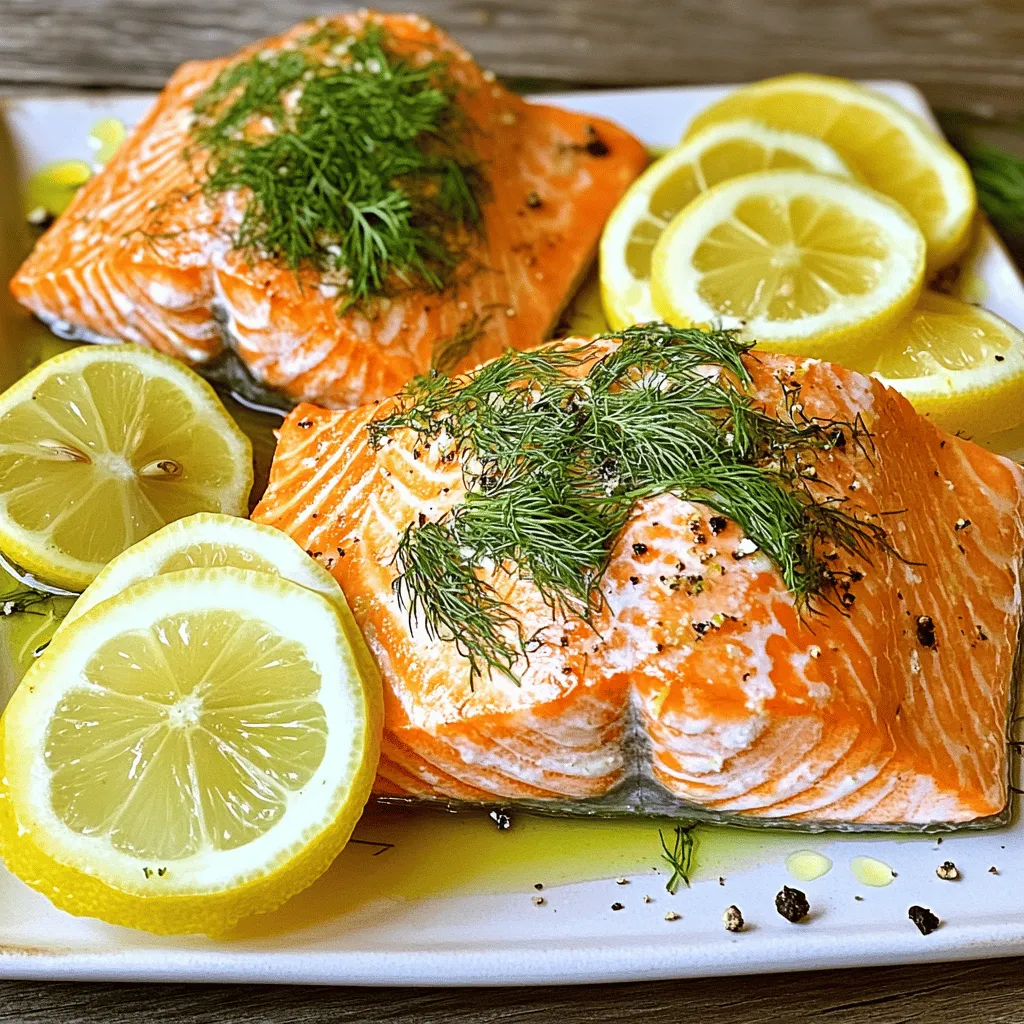 To make Lemon Dill Roasted Salmon, gather these items: - 4 salmon fillets (approximately 6 oz each) - 2 tablespoons olive oil - 2 tablespoons freshly squeezed lemon juice - 2 teaspoons fresh lemon zest - 3 tablespoons fresh dill, finely chopped (or 1 tablespoon dried dill) - 2 cloves garlic, finely minced - Salt and freshly cracked black pepper, to taste - Lemon slices, for garnish - Fresh dill sprigs, for garnish These ingredients come together to create a fresh and zesty dish that is easy to prepare. If you don’t have fresh dill, you can use dried dill. Just use one-third of the amount. For this recipe, replace three tablespoons of fresh dill with one tablespoon of dried dill. You can also swap olive oil with avocado oil or melted butter. Each option will still give you a tasty dish. If you want a stronger lemon flavor, add more lemon juice or zest. Fresh dill brings a bright and vibrant taste that adds life to your salmon. It gives a fresh aroma that dried dill can’t match. Fresh dill is best for this recipe due to its bold flavor. On the other hand, dried dill is handy when fresh isn’t available. It still offers good flavor, but it won’t be as strong. When using dried dill, remember to use less to avoid overpowering the dish. First, preheat your oven to 400°F (200°C). This heat is key for roasting. While the oven warms, gather your ingredients. You will need salmon fillets, olive oil, lemon juice, lemon zest, dill, garlic, salt, and pepper. Having everything ready makes cooking easier. Next, take a small bowl and mix the marinade. Add 2 tablespoons of olive oil and 2 tablespoons of fresh lemon juice. Include 2 teaspoons of lemon zest and 3 tablespoons of chopped dill. Don’t forget 2 minced garlic cloves. Season with salt and pepper. Whisk until smooth. This blend gives the salmon its fresh flavor. Now, place the salmon fillets on a lined baking sheet. Ensure the skin side is down. Use a brush or spoon to coat the fillets with your lemon dill mix. Make sure they are well covered. Let the salmon sit for 10-15 minutes. This allows the flavors to soak in. Once the oven is ready, roast the salmon for 12-15 minutes. Watch for it to turn opaque and flake easily with a fork. When done, let it rest for 2 minutes. Garnish with lemon slices and dill sprigs before serving. Enjoy your meal! To cook salmon just right, use a meat thermometer. Aim for a temperature of 145°F (63°C). This ensures the fish is safe and flaky. If you don't have a thermometer, look for the fish to turn opaque and flake easily with a fork. Keep a close eye on your salmon in the oven. Every oven is different, and cooking time may vary. Generally, it takes about 12-15 minutes to roast salmon at 400°F (200°C). To make your lemon dill roasted salmon shine, use fresh ingredients. Fresh lemon juice and zest give a bright flavor that dried options cannot match. For dill, fresh is best, but dried can work in a pinch. Mix your marinade well and let the salmon sit for 10-15 minutes before cooking. This helps the flavors soak in. You can also add a pinch of red pepper flakes for a hint of heat. Plating is just as important as cooking. For a beautiful look, use a white plate. Place the salmon in the center and add a bed of arugula or spinach. This adds a pop of color and freshness. Garnish with lemon slices and dill sprigs for a vibrant finish. A drizzle of extra olive oil can add shine and flavor. For a fun touch, serve with a small bowl of extra lemon wedges on the side. For the full recipe, check out the details above. {{image_4}} You can change the flavor by adding spices. Try paprika for a smoky touch. Cumin adds warmth, while coriander gives a nice citrus note. Fresh herbs like parsley or thyme also work well. Mix and match to find your favorite flavor. You can grill the salmon for a smoky flavor. Preheat your grill to medium-high heat. Brush the salmon with the lemon dill mixture and place it on the grill. Cook for about 6-8 minutes per side. For pan-seared salmon, heat oil in a skillet over medium heat. Cook skin-side down for 5-7 minutes, then flip for another 3-5 minutes. Pair your salmon with fresh sides. Roasted vegetables like asparagus or zucchini complement the dish. A light salad with mixed greens and a lemon vinaigrette brings brightness. Quinoa or rice adds a hearty element. For a full meal, serve the salmon with a side of garlic mashed potatoes. Explore these options to create a balanced plate. After you enjoy your lemon dill roasted salmon, store leftovers right away. Place the salmon in an airtight container. Make sure to cover it well to keep it fresh. You can keep it in the fridge for up to three days. When you're ready to enjoy leftovers, preheat your oven to 350°F (175°C). Place the salmon on a baking tray. Cover it with foil to keep moisture in. Heat for about 10 minutes, or until warm. This keeps the salmon juicy and tasty. If you have extra salmon, freezing is a good option. Wrap each fillet tightly in plastic wrap. Then, place them in a resealable freezer bag. This method helps avoid freezer burn. You can store the salmon in the freezer for up to three months. When you're ready to eat, thaw it in your fridge overnight before reheating. Enjoy your meal! Bake salmon at 400°F for about 12 to 15 minutes. The fish is ready when it turns opaque and flakes easily with a fork. This short time keeps the fish moist and flavorful. I love this method because it makes cooking simple and quick. Yes, you can use frozen salmon. Just thaw it before cooking. Place it in the fridge overnight or use cold water for a quick thaw. Once thawed, follow the same steps in the recipe. This way, you still get that tasty lemon dill flavor. Pair the salmon with fresh sides for a great meal. Here are some ideas: - Steamed asparagus - Roasted potatoes - Quinoa salad - Mixed greens with lemon vinaigrette These dishes balance the richness of the salmon and add color to your plate. For the complete recipe, check out the full recipe section above. Follow the steps for a tasty meal you will love. The blend of lemon and dill elevates the salmon to new heights! This blog post covered making Lemon Dill Roasted Salmon. We explored the ingredients list, including possible substitutions. You learned the difference between fresh and dried dill. I shared clear steps to prepare and cook the salmon perfectly. Tips on flavor, plating, and variations made it easier for you to customize. In the end, this dish is simple and delicious. You now have all you need to enjoy great salmon at home. Happy cooking!