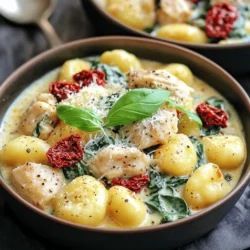 - Chicken and Gnocchi Essentials - 1 lb (450g) chicken breast, diced into bite-sized pieces - 1 package (16 oz) gnocchi - 2 cups baby spinach, rinsed and drained - Cream and Seasoning Components - 1 cup sun-dried tomatoes, roughly chopped - 1 cup heavy cream - 1 cup freshly grated Parmesan cheese - 3 cloves garlic, minced - 2 tablespoons olive oil - Salt and freshly ground black pepper, to taste - Optional Garnishes and Variations - Fresh basil leaves, for garnish Gathering these ingredients is key to a tasty meal. The chicken and gnocchi form a solid base. The sun-dried tomatoes add a rich flavor. Heavy cream and Parmesan make the sauce creamy and satisfying. Spinach brings a pop of color and nutrients. You can change up the dish by adding fresh herbs or using different proteins. Feel free to be creative! For the complete recipe, check the Full Recipe. Cooking the Chicken Start by heating 2 tablespoons of olive oil in a large skillet over medium-high heat. Add 1 pound of diced chicken breast. Season the chicken with salt and black pepper. Cook for 6 to 8 minutes, until the chicken turns golden brown and is no longer pink. Once done, take the chicken out and keep it warm on a plate. Garlic and Sun-Dried Tomatoes Sauté Next, lower the heat to medium. In the same skillet, add 3 minced garlic cloves. Sauté for about 1 minute until the garlic smells good and turns lightly golden. Be mindful not to burn it! Then, add 1 cup of roughly chopped sun-dried tomatoes. Stir these together and let them cook for 2 more minutes. This melds those lovely flavors. Creating the Creamy Sauce Now, pour in 1 cup of heavy cream. Stir as it warms up to a gentle simmer. Gradually mix in 1 cup of freshly grated Parmesan cheese. Keep stirring until it melts fully and the sauce becomes creamy. Return the cooked chicken to the skillet. Add 2 cups of baby spinach and cook for 2 to 3 minutes until the spinach wilts. Cooking the Gnocchi While your sauce simmers, boil a large pot of salted water. Add 1 package of gnocchi and cook them according to the package instructions, usually about 2 to 3 minutes. They are ready when they float to the top. Drain the gnocchi gently. Combining Gnocchi with the Sauce Carefully fold the cooked gnocchi into your creamy chicken sauce. Make sure the gnocchi is well coated with the sauce. Taste and adjust with more salt and pepper if needed. Serving Suggestions and Presentation Serve the gnocchi in deep bowls. Top each bowl with fresh basil leaves and extra Parmesan for a nice touch. Enjoy your delicious Sun-Dried Tomato Chicken Gnocchi Creamy Delight! For the full recipe, check out the reference provided. To make a creamy sauce, aim for smoothness. Start with heavy cream. When you add the cream, keep stirring. This helps it blend well with the other flavors. If the sauce seems too thick, add a splash of pasta water. This will keep it silky and light. Balancing flavors is key. Sun-dried tomatoes bring sweetness. Garlic adds warmth. Together, they create a delicious base. Taste your sauce as you go. If it seems bland, add salt and pepper. Fresh basil at the end brightens the dish. This gives a fresh kick to the creamy sauce. To prevent mushy gnocchi, cook them quickly. Boil water and add salt. Once it’s boiling, add the gnocchi. Watch for them to float. This means they are ready. Drain them right away. Overcooking leads to a mushy mess. Timing is crucial for the best results. Start cooking the gnocchi when your sauce is almost done. This way, they stay fresh and warm. Mixing them in right after cooking keeps everything perfect. Enjoy the flavors together for a great meal. {{image_4}} You can easily swap out proteins in this recipe. Shrimp works great with sun-dried tomatoes. Tofu is a fantastic choice for a vegetarian option. Both options will soak up the creamy sauce well. If you want to make this dish dairy-free, use coconut cream instead of heavy cream. Nutritional yeast can replace Parmesan cheese. For gluten-free gnocchi, look for brands made from rice or potatoes. These swaps keep the meal tasty and satisfying. To boost flavor, add fresh herbs like thyme or parsley. These herbs brighten the dish and add depth. A pinch of red pepper flakes can introduce a zesty kick. You can also try adding lemon zest for a fresh twist. Sun-dried tomatoes can be paired with olives for a Mediterranean flair. Consider adding artichoke hearts for a unique touch. These ideas can transform this creamy delight into something special. For more details, check the Full Recipe for inspiration and guidance! To keep your Sun-Dried Tomato Chicken Gnocchi fresh, follow these tips: - Refrigeration guidelines: Store leftovers in an airtight container in the fridge. They will stay good for up to 3 days. - Freezing the dish for future meals: You can freeze the gnocchi dish, but the texture may change. Place it in a freezer-safe container. It lasts for about 2 months. When it's time to enjoy your leftovers, use these methods: - Best methods for reheating gnocchi: The best way is on the stove. Heat it in a skillet over low heat. Stir occasionally until warm. - Maintaining sauce creaminess: If the sauce seems thick, add a splash of cream or broth. This will help keep it creamy and delicious. What can I serve with Sun-Dried Tomato Chicken Gnocchi? You can serve this dish with garlic bread or a fresh salad. A simple green salad pairs well, adding crunch and brightness. Can I make this dish ahead of time? Yes, you can prepare the sauce and chicken ahead. Just cook the gnocchi fresh when ready to serve. This keeps everything nice and hot. Is gnocchi gluten-free? Traditional gnocchi contains wheat flour, so it is not gluten-free. You can find gluten-free gnocchi made from alternative flours in stores. Can I use fresh tomatoes instead of sun-dried? Yes, fresh tomatoes can work! However, they will add more moisture. You might want to cook them down first to reduce the liquid. How can I make this dish spicier? Add red pepper flakes or a dash of hot sauce. You can also mix in diced jalapeños for more heat and flavor. Caloric content per serving Each serving of Sun-Dried Tomato Chicken Gnocchi has about 600 calories. This includes the chicken, cream, and gnocchi. Nutritional breakdown of key ingredients - Chicken breast: High in protein and low in fat. - Sun-dried tomatoes: Rich in vitamins and antioxidants. - Heavy cream: Adds creaminess but also calories and fat. - Parmesan cheese: Good source of calcium and flavor. - Spinach: Packed with vitamins A and C, plus iron. This blog post detailed how to make a delicious Chicken Gnocchi dish. We covered the important ingredients, cooking steps, and helpful tips. You learned how to adjust flavors and use different proteins. I shared storage tips for leftovers and answered common questions about the dish. In conclusion, this recipe is easy to follow and offers many options. Enjoy creating a meal that’s tailored to your taste!
