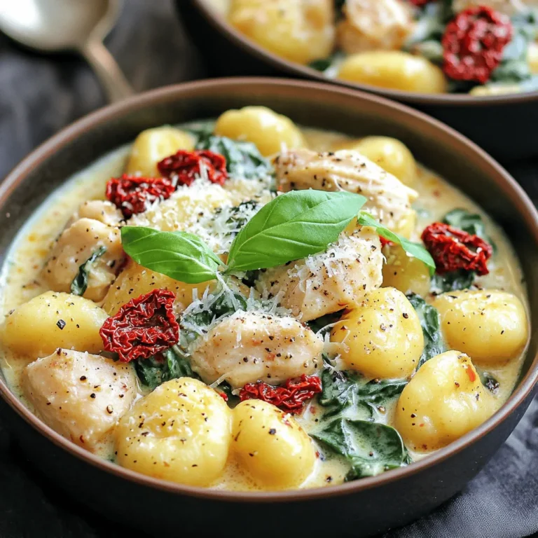 - Chicken and Gnocchi Essentials - 1 lb (450g) chicken breast, diced into bite-sized pieces - 1 package (16 oz) gnocchi - 2 cups baby spinach, rinsed and drained - Cream and Seasoning Components - 1 cup sun-dried tomatoes, roughly chopped - 1 cup heavy cream - 1 cup freshly grated Parmesan cheese - 3 cloves garlic, minced - 2 tablespoons olive oil - Salt and freshly ground black pepper, to taste - Optional Garnishes and Variations - Fresh basil leaves, for garnish Gathering these ingredients is key to a tasty meal. The chicken and gnocchi form a solid base. The sun-dried tomatoes add a rich flavor. Heavy cream and Parmesan make the sauce creamy and satisfying. Spinach brings a pop of color and nutrients. You can change up the dish by adding fresh herbs or using different proteins. Feel free to be creative! For the complete recipe, check the Full Recipe. Cooking the Chicken Start by heating 2 tablespoons of olive oil in a large skillet over medium-high heat. Add 1 pound of diced chicken breast. Season the chicken with salt and black pepper. Cook for 6 to 8 minutes, until the chicken turns golden brown and is no longer pink. Once done, take the chicken out and keep it warm on a plate. Garlic and Sun-Dried Tomatoes Sauté Next, lower the heat to medium. In the same skillet, add 3 minced garlic cloves. Sauté for about 1 minute until the garlic smells good and turns lightly golden. Be mindful not to burn it! Then, add 1 cup of roughly chopped sun-dried tomatoes. Stir these together and let them cook for 2 more minutes. This melds those lovely flavors. Creating the Creamy Sauce Now, pour in 1 cup of heavy cream. Stir as it warms up to a gentle simmer. Gradually mix in 1 cup of freshly grated Parmesan cheese. Keep stirring until it melts fully and the sauce becomes creamy. Return the cooked chicken to the skillet. Add 2 cups of baby spinach and cook for 2 to 3 minutes until the spinach wilts. Cooking the Gnocchi While your sauce simmers, boil a large pot of salted water. Add 1 package of gnocchi and cook them according to the package instructions, usually about 2 to 3 minutes. They are ready when they float to the top. Drain the gnocchi gently. Combining Gnocchi with the Sauce Carefully fold the cooked gnocchi into your creamy chicken sauce. Make sure the gnocchi is well coated with the sauce. Taste and adjust with more salt and pepper if needed. Serving Suggestions and Presentation Serve the gnocchi in deep bowls. Top each bowl with fresh basil leaves and extra Parmesan for a nice touch. Enjoy your delicious Sun-Dried Tomato Chicken Gnocchi Creamy Delight! For the full recipe, check out the reference provided. To make a creamy sauce, aim for smoothness. Start with heavy cream. When you add the cream, keep stirring. This helps it blend well with the other flavors. If the sauce seems too thick, add a splash of pasta water. This will keep it silky and light. Balancing flavors is key. Sun-dried tomatoes bring sweetness. Garlic adds warmth. Together, they create a delicious base. Taste your sauce as you go. If it seems bland, add salt and pepper. Fresh basil at the end brightens the dish. This gives a fresh kick to the creamy sauce. To prevent mushy gnocchi, cook them quickly. Boil water and add salt. Once it’s boiling, add the gnocchi. Watch for them to float. This means they are ready. Drain them right away. Overcooking leads to a mushy mess. Timing is crucial for the best results. Start cooking the gnocchi when your sauce is almost done. This way, they stay fresh and warm. Mixing them in right after cooking keeps everything perfect. Enjoy the flavors together for a great meal. {{image_4}} You can easily swap out proteins in this recipe. Shrimp works great with sun-dried tomatoes. Tofu is a fantastic choice for a vegetarian option. Both options will soak up the creamy sauce well. If you want to make this dish dairy-free, use coconut cream instead of heavy cream. Nutritional yeast can replace Parmesan cheese. For gluten-free gnocchi, look for brands made from rice or potatoes. These swaps keep the meal tasty and satisfying. To boost flavor, add fresh herbs like thyme or parsley. These herbs brighten the dish and add depth. A pinch of red pepper flakes can introduce a zesty kick. You can also try adding lemon zest for a fresh twist. Sun-dried tomatoes can be paired with olives for a Mediterranean flair. Consider adding artichoke hearts for a unique touch. These ideas can transform this creamy delight into something special. For more details, check the Full Recipe for inspiration and guidance! To keep your Sun-Dried Tomato Chicken Gnocchi fresh, follow these tips: - Refrigeration guidelines: Store leftovers in an airtight container in the fridge. They will stay good for up to 3 days. - Freezing the dish for future meals: You can freeze the gnocchi dish, but the texture may change. Place it in a freezer-safe container. It lasts for about 2 months. When it's time to enjoy your leftovers, use these methods: - Best methods for reheating gnocchi: The best way is on the stove. Heat it in a skillet over low heat. Stir occasionally until warm. - Maintaining sauce creaminess: If the sauce seems thick, add a splash of cream or broth. This will help keep it creamy and delicious. What can I serve with Sun-Dried Tomato Chicken Gnocchi? You can serve this dish with garlic bread or a fresh salad. A simple green salad pairs well, adding crunch and brightness. Can I make this dish ahead of time? Yes, you can prepare the sauce and chicken ahead. Just cook the gnocchi fresh when ready to serve. This keeps everything nice and hot. Is gnocchi gluten-free? Traditional gnocchi contains wheat flour, so it is not gluten-free. You can find gluten-free gnocchi made from alternative flours in stores. Can I use fresh tomatoes instead of sun-dried? Yes, fresh tomatoes can work! However, they will add more moisture. You might want to cook them down first to reduce the liquid. How can I make this dish spicier? Add red pepper flakes or a dash of hot sauce. You can also mix in diced jalapeños for more heat and flavor. Caloric content per serving Each serving of Sun-Dried Tomato Chicken Gnocchi has about 600 calories. This includes the chicken, cream, and gnocchi. Nutritional breakdown of key ingredients - Chicken breast: High in protein and low in fat. - Sun-dried tomatoes: Rich in vitamins and antioxidants. - Heavy cream: Adds creaminess but also calories and fat. - Parmesan cheese: Good source of calcium and flavor. - Spinach: Packed with vitamins A and C, plus iron. This blog post detailed how to make a delicious Chicken Gnocchi dish. We covered the important ingredients, cooking steps, and helpful tips. You learned how to adjust flavors and use different proteins. I shared storage tips for leftovers and answered common questions about the dish. In conclusion, this recipe is easy to follow and offers many options. Enjoy creating a meal that’s tailored to your taste!