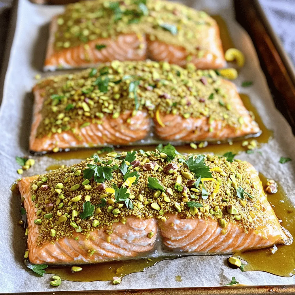 To make a tasty pistachio crusted salmon, you will need: - 4 salmon fillets (approximately 6 oz each) - 1 cup shelled pistachios, finely chopped - 2 tablespoons Dijon mustard - 1 tablespoon honey - 2 tablespoons extra virgin olive oil - 1 teaspoon garlic powder - 1 teaspoon freshly grated lemon zest - Salt and freshly ground black pepper to taste These ingredients work together to create a flavorful dish. The salmon brings rich taste and protein, while the pistachios add crunch and depth. You can enhance your meal with some sides. Consider these options: - Fresh parsley, finely chopped (for garnish) - Sautéed spinach - Roasted vegetables - Extra honey drizzle for sweetness These garnishes and sides not only look good but also boost flavor. They help make your plate vibrant and appealing. Choosing the right salmon is key. Here are some tips: - Look for bright, moist fillets. - The flesh should be firm to the touch. - Check for a clean, ocean-like smell. - Avoid salmon with brown spots or discoloration. Fresh salmon guarantees a tasty meal. When you have good quality fish, your dish shines. Remember, the best meals start with the best ingredients! Start by preheating your oven to 400°F (200°C). This step helps cook the salmon evenly. Next, line a baking sheet with parchment paper. This keeps the fish from sticking and makes cleanup easy. Take your salmon fillets and place them skin-side down on the sheet. This method ensures even cooking and prevents them from sticking. In a small bowl, combine Dijon mustard, honey, olive oil, garlic powder, and lemon zest. Add a pinch of salt and pepper. Whisk these together until smooth. This mixture adds flavor and helps the pistachios stick. Once mixed, spread it generously over the top of each salmon fillet. Make sure to cover them well. Then, take your finely chopped pistachios and press them onto the mustard-coated salmon. Use enough nuts to create a nice crust. This coating is what makes the dish special and adds a crunchy texture. Now it's time to bake the salmon. Place the baking sheet in the preheated oven. Bake for 12-15 minutes. Check the salmon at the 12-minute mark. It should be opaque and flake easily with a fork when done. Once cooked, remove the salmon from the oven. Let it rest for 3-5 minutes. This resting time helps keep the fish juicy. For a nice touch, sprinkle freshly chopped parsley on top just before serving. This adds color and freshness to your dish. If you want more sweetness, drizzle a little extra honey on top. This whole process makes a delicious meal that looks great on your plate. For the full recipe, check out the details above! To get that crispy crust, you need to use finely chopped pistachios. This helps them stick better. Press the nuts firmly onto the salmon. This ensures they form a nice layer. Bake your salmon at 400°F (200°C). This high heat crisps up the nuts quickly. Do not open the oven door while it cooks. This keeps the heat in, which helps the crust stay crunchy. The oven is my favorite way to cook salmon. It cooks evenly and gives a great texture. You can also grill it for a smoky flavor. If you like, pan-searing is another option. Just make sure to use a non-stick pan. This way, the salmon will release easily. Whatever method you choose, always check the internal temperature. It should reach 145°F (63°C) for safe eating. To boost the flavor, add herbs like dill or thyme to the mustard mix. These herbs add freshness and depth. You can also sprinkle a bit of paprika for a hint of spice. For sides, roasted veggies or a light salad work well. They balance the richness of the salmon. Try serving it with lemon wedges to add zing. This dish pairs nicely with a crisp white wine, too. If you want the full steps, check out the Full Recipe. {{image_4}} You can change the pistachios for other nuts. Walnuts, almonds, or hazelnuts work great. Each nut gives a unique taste. For a sweeter touch, use pecans. Just chop them finely and follow the same steps. This keeps the dish fresh and fun. Instead of the mustard mix, try other flavors. A soy sauce blend adds a savory twist. Mix soy sauce, ginger, and a splash of lime. For a spicy kick, use chili paste. These options change the dish without much effort. You can also use honey and balsamic vinegar for a sweet glaze. Each choice brings its own flair. You can serve this salmon in many ways. For a fancy dinner, plate it with risotto and asparagus. For a casual meal, pair it with rice and steamed broccoli. If it’s a barbecue, serve it with a fresh salad. Each setting lets you enjoy the flavors differently. This flexibility makes the dish special for any event. After cooking your pistachio crusted salmon, let it cool. Store leftovers in an airtight container. This keeps the salmon fresh. Use the salmon within two days for the best taste. If you place it in the fridge, it will stay safe to eat. To reheat, I recommend using the oven. Preheat it to 350°F (175°C). Place the salmon on a baking sheet. Cover it with foil to keep it moist. Heat for about 10 minutes or until warm. You can also use a microwave, but it may dry out the salmon. Heat it for 30 seconds at a time until warm. If you want to keep the salmon longer, freeze it. Wrap each piece tightly in plastic wrap. Then, place it in a freezer bag. Squeeze out the air to prevent freezer burn. This way, you can freeze the salmon for up to three months. When ready to eat, thaw it in the fridge overnight. Then, reheat it using the instructions above. For a detailed guide, check the Full Recipe. Salmon is cooked when it turns opaque and flakes easily with a fork. This usually takes about 12-15 minutes at 400°F (200°C). You can also check the thickest part of the fillet. If it reaches an internal temperature of 145°F (63°C), it’s safe to eat. Yes, you can use other fish like trout or halibut. Just be aware that cooking times may change. Thinner fillets will cook faster, while thicker ones may need more time. Adjust based on the type of fish and its thickness. I love pairing this salmon with sautéed spinach or roasted vegetables. You can also serve it with a light salad or wild rice. These sides add color and nutrition to your plate. For a touch of sweetness, drizzle honey on top just before serving. To make this recipe gluten-free, ensure all your ingredients are certified gluten-free. The Dijon mustard and honey usually do not contain gluten, but always check the labels. This way, everyone can enjoy this tasty dish! You can also use gluten-free breadcrumbs if you want a crunchier topping. You now have a clear guide to making pistachio crusted salmon. We covered ingredients, preparation, cooking tips, and variations. Remember to choose fresh salmon for the best taste. Achieving the perfect crispy crust enhances the dish's appeal. Don't hesitate to try different nuts and flavors. This recipe is flexible for any meal or occasion. Store leftovers properly for later enjoyment. I hope this guide inspires you to create a delicious salmon dish. Enjoy your cooking and happy eating!