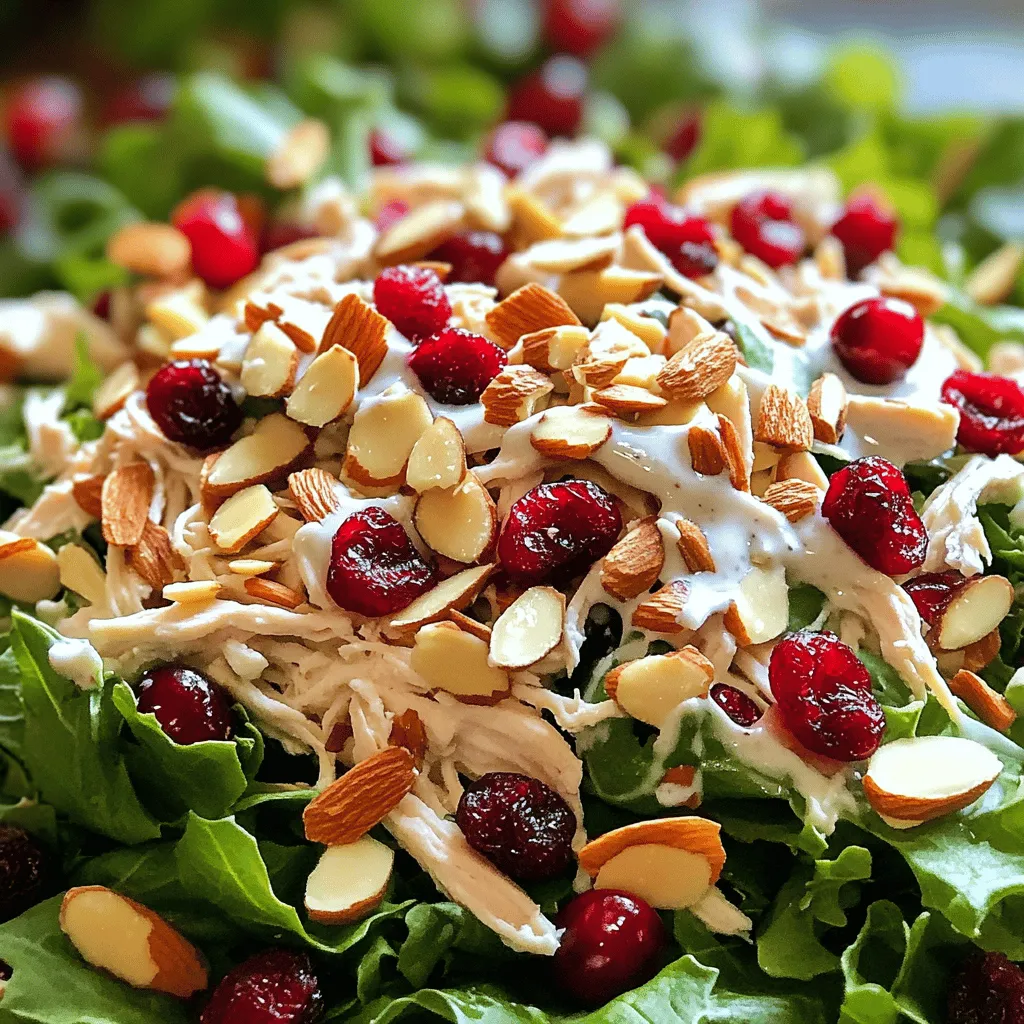 To make a tasty cranberry almond chicken salad, gather these ingredients: - 2 cups cooked chicken, shredded or diced - 1/2 cup dried cranberries - 1/2 cup sliced almonds, plus extra for garnish - 1/2 cup plain Greek yogurt, full-fat for creaminess - 2 tablespoons honey, or to taste - 1 tablespoon Dijon mustard, for tanginess - 1/4 cup celery, finely chopped for crunch - 1/4 cup red onion, finely chopped for flavor - Salt and pepper to taste, for seasoning - Fresh greens (like spinach, arugula, or mixed salad greens) for serving You can adjust these ingredients based on what you like. For a sweeter touch, add more honey. If you want a crunchier salad, toss in some chopped apples or walnuts. Each serving of this salad has around 350 calories. Here’s the breakdown of macronutrients: - Protein: 30 grams - Fats: 18 grams - Carbohydrates: 25 grams This salad is a good source of protein from the chicken and healthy fats from the almonds. The Greek yogurt adds creaminess while keeping it light. You also get fiber from the cranberries and veggies, which is great for digestion. Enjoy a meal that’s not only tasty but also nourishing! Making cranberry almond chicken salad is easy and fun. First, gather all your ingredients. Use 2 cups of cooked chicken, shredded or diced. If you have leftover chicken, that works great! If not, you can poach or roast chicken breasts. For shredding, use two forks or your hands to pull apart the meat. This gives you nice, bite-sized pieces. Next, in a large bowl, mix the chicken with 1/2 cup of dried cranberries and 1/2 cup of sliced almonds. Stir gently to mix them well. This adds sweetness and a nice crunch to your salad. In a separate bowl, whisk together 1/2 cup of plain Greek yogurt, 2 tablespoons of honey, and 1 tablespoon of Dijon mustard. This is your creamy dressing. Mix until it’s smooth. The yogurt adds creaminess, while the honey and mustard give it a delightful tang. Now, chop 1/4 cup of celery and 1/4 cup of red onion finely. Add these to your chicken mixture. The celery gives a nice crunch, and the onion adds flavor. Pour the yogurt dressing over the chicken mix. Fold everything together gently. Make sure all the ingredients are well coated. Season with salt and pepper to taste. Mix lightly one more time. Cover the bowl with plastic wrap and chill in the refrigerator for at least 30 minutes. This helps all the flavors mix well. To serve, take fresh greens like spinach or arugula. Create a bed of greens on each plate. This makes your dish colorful and fresh. Add a generous scoop of your chicken salad on top. For a beautiful presentation, serve in small bowls or on a decorative platter. Garnish with extra sliced almonds and a few dried cranberries. This adds a lovely touch and makes the salad pop with color. Enjoy your refreshing salad! For complete details, check the full recipe. To make your cranberry almond chicken salad shine, focus on a few key tips: - Use Fresh Ingredients: Fresh greens and crunchy vegetables bring life to the dish. They enhance both taste and texture. - Taste as You Go: Adjust the salt and pepper as you prepare. This way, you achieve the perfect balance of flavors. - Chill Before Serving: Let it sit in the fridge for at least 30 minutes. This allows the flavors to blend beautifully. If you want to switch things up, consider these substitutions: - Greek Yogurt Alternatives: You can use sour cream or a dairy-free yogurt. Both options keep the salad creamy. - Add Some Spice: Try a pinch of cayenne or chili powder for a kick. It adds a nice contrast to the sweet cranberries. Proper storage keeps your salad fresh and tasty. Here are some best practices: - Use Airtight Containers: Store leftovers in airtight containers. This helps prevent drying out. - Keep Dressing Separate: If possible, store the dressing separately. This keeps the salad crisp. To maintain freshness: - Consume Within Three Days: The salad is best enjoyed within three days of making it. After that, it may lose its texture and flavor. Follow these tips to enjoy your cranberry almond chicken salad at its best! If you want to see the full recipe, check out the detailed steps above. {{image_4}} You can easily change the flavor of your cranberry almond chicken salad. Try adding fresh apples or pears for a sweet crunch. Walnuts or pecans also add a nice texture. If you enjoy spices, a pinch of cinnamon or nutmeg can enhance the salad's warmth. You can also swap out almonds for cashews or pistachios. Each nut brings its own flavor and crunch. Seasonal ingredients can keep your salad fresh and exciting. In fall, consider adding roasted squash. In summer, fresh berries make a great addition. Making this salad gluten-free is simple. Just ensure all ingredients, like the yogurt and mustard, are labeled gluten-free. If you're looking to make it dairy-free, use a plant-based yogurt. This keeps the creaminess while meeting dietary needs. For those on a low-carb diet, skip the honey or use a sugar substitute. You can also reduce the amount of fruit to lower the carb count. This way, you can enjoy a delicious meal that fits your lifestyle. For the full recipe, please refer to the main section. How long does it last in the fridge? Cranberry almond chicken salad stays fresh for about three to four days in the fridge. Store it in an airtight container to keep it tasty. I always recommend checking for any signs of spoilage before eating. Can I use pre-cooked chicken? Yes, you can definitely use pre-cooked chicken. It saves time and works well in this recipe. Just make sure to shred or dice it to match the texture of the salad. What to pair with the chicken salad? This chicken salad pairs great with crunchy crackers or toasted bread. You can also serve it on a bed of fresh greens for a light meal. Ideal occasions to serve this dish You can enjoy this salad at picnics, lunch gatherings, or even casual dinners. It’s perfect for warm weather or when you want something light and refreshing. For the full recipe, check out the detailed instructions above. To make this cranberry almond chicken salad, follow these easy steps: 1. Mix Chicken and Dry Ingredients In a large bowl, combine chicken, dried cranberries, and sliced almonds. Stir gently to mix. 2. Make the Dressing In a small bowl, whisk plain Greek yogurt, honey, and Dijon mustard until smooth. 3. Add Crunchy Ingredients Add finely chopped celery and red onion to the chicken mix for texture and flavor. 4. Combine Everything Pour the dressing over the chicken mix. Fold gently until all ingredients are coated. 5. Season and Chill Season with salt and pepper. Mix lightly. Cover the bowl and chill for at least 30 minutes. 6. Serve Create a bed of fresh greens on plates. Add a generous scoop of the salad on top. For a detailed guide, check out [Full Recipe]. This salad is perfect for a light lunch or a party. Enjoy the crispness and sweetness in every bite! In summary, you learned how to make a tasty cranberry almond chicken salad. We covered the ingredients and their nutritional info, plus easy steps for prep and serving. Remember the tips to enhance flavor and store leftovers well. You can also try fun variations to fit your diet. With the right mix of flavors, this dish shines at any meal. Enjoy crafting your own version!
