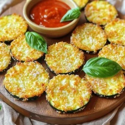 To make delicious Zucchini Parmesan Crisps, you need a few simple ingredients. Each one adds to the flavor and crunch. Here’s what you’ll need: - Zucchini: 2 medium zucchinis work best for this recipe. They are fresh and add great taste. - Parmesan cheese: Use 1 cup of finely grated Parmesan cheese. This cheese gives a nice salty flavor. - Panko breadcrumbs: 1 cup helps create a crispy texture. These breadcrumbs are light and airy. - Spices and seasonings: You’ll need garlic powder, onion powder, and Italian seasoning. These spices add a tasty kick. - Olive oil spray: A light spray helps the crisps brown nicely. It keeps them crunchy without too much oil. These ingredients blend well together, making the crisps a treat. You can find the full recipe to guide you through the steps. Enjoy making these crunchy snacks! - First, preheat your oven to 425°F (220°C). This step is key for achieving crispiness. - While it heats, rinse the zucchinis under cool water. Slice them into rounds about 1/4 inch thick. - After slicing, use paper towels to pat the zucchini dry. This helps remove moisture, ensuring they crisp up nicely. - In a large mixing bowl, combine the following dry ingredients: - 1 cup finely grated Parmesan cheese - 1 cup panko breadcrumbs - 1 teaspoon garlic powder - 1 teaspoon onion powder - 1 teaspoon Italian seasoning - Salt and pepper to taste - Mix well until all ingredients blend together. You want a consistent coating that sticks well to the zucchini. - Now, take each zucchini slice and dip it into the cheese and breadcrumb mixture. Press gently on both sides for full coverage. - Next, arrange the coated slices on your baking sheet in a single layer. Make sure to leave space between them for air to flow. - Lightly spray the tops with olive oil spray to give them an extra crunch. - Bake in the preheated oven for 20-25 minutes. At about the halfway mark, flip the zucchini crisps for even browning. - Keep an eye on them as they bake; you want them golden brown and crispy. For the full recipe, check out the entire process outlined above! To make your zucchini parmesan crisps super crunchy, start by removing as much moisture as you can. After slicing the zucchini, use paper towels to press down on the rounds. This step is key to getting that perfect crunch. If you skip this, the crisps may turn out soggy. Next, adjust your oven temperature for optimal results. Preheat your oven to 425°F (220°C) for a hot bake that helps create crispiness. Ensure you spread the zucchini rounds in a single layer on the baking sheet. This allows hot air to flow around each piece, promoting even cooking. You can jazz up your zucchini crisps with different spices. Try adding paprika for a smoky taste or cayenne for a kick. These small changes can elevate the flavor profile and make each bite exciting. If you're looking for cheese alternatives, consider using pecorino or nutritional yeast. These options can give a unique twist and are great for different diets. Experiment with various flavors to find your favorite combination. For a beautiful presentation, arrange your crispy zucchini on a large platter. Add a small bowl of warm marinara sauce for dipping. This not only looks appealing but also adds a delicious flavor contrast. You can also garnish with fresh basil leaves for a pop of color and added freshness. Other great dips include ranch dressing or garlic aioli. These pair well and enhance the crisp experience. For the full recipe, check out the detailed instructions above to create these delightful snacks! {{image_4}} You can make zucchini parmesan crisps in a healthier way. Instead of frying, bake them. Baking gives you a crisp texture with less oil. Spray the tops with olive oil for an extra crunch. For a low-carb version, swap the panko breadcrumbs. Use crushed almonds or coconut flakes instead. They add flavor and keep the crisps light. Adding different seasonings can enhance your zucchini crisps. Try smoked paprika for a smoky taste. Cayenne pepper adds a nice kick. You can also use ranch seasoning for a fun twist. Experiment with cheese options too. Cheddar can give a sharp flavor. Mozzarella will make them gooey and delicious. Mixing different cheeses can create unique taste combinations. Herbs can brighten up your crisps. Fresh basil or oregano adds a burst of flavor. You can mix in dried herbs for a strong taste. Don't limit yourself to zucchini! Try carrots or sweet potatoes for variety. A mix of vegetables can create a colorful medley. This way, you can enjoy different tastes and textures. Check out the Full Recipe for more details! To keep your zucchini Parmesan crisps fresh, place them in an airtight container. Store them in the fridge for up to three days. If you want to keep them longer, freezing is a great option. Lay the crisps in a single layer on a baking sheet and freeze for about an hour. Once frozen, transfer them to a freezer bag. This way, they won’t stick together. You can keep them in the freezer for up to three months. To reheat your crisps and maintain their crunch, use an oven or air fryer. Preheat the oven to 375°F (190°C) and bake for about 10 minutes. If using an air fryer, set it to 350°F (175°C) and heat for around 5 minutes. Both methods will restore that delightful crispiness. I recommend serving the reheated crisps with marinara sauce or a creamy dip. They taste amazing when warm and fresh! Enjoy your snack! To make zucchini crisps really crispy, remove moisture first. After slicing the zucchinis, pat them dry with paper towels. This step is key. Excess water will make your crisps soggy. Next, use an even coating of your cheese and breadcrumb mix. Make sure each slice is well-covered. This helps achieve that perfect crunch when baking. Yes, you can use different cheeses! While Parmesan is great, other good choices include cheddar and mozzarella. Cheddar adds a sharp taste, while mozzarella gives a nice gooeyness. Keep in mind that stronger cheeses will change the flavor. If you want something milder, stick with mozzarella. Experiment and see what you like best! Zucchini parmesan crisps are tasty with dips. Try marinara sauce for that classic Italian flavor. You can also use ranch or garlic aioli. These crisps make a great side for salads or soups too. They can even be a fun snack at parties. Pair them with your favorite drinks for a perfect match! Zucchini parmesan crisps last about two days when stored properly. Keep them in an airtight container at room temperature. Signs that they have spoiled include a soft texture or off smell. If they feel soggy, it's best to toss them. Enjoy them fresh for the best taste! Zucchini parmesan crisps are tasty and fun to make. In this guide, I showed how to prep the ingredients, coat the slices, and bake them for the perfect crunch. You also learned tips for flavor and storage. Remember, adjusting spices can add zest, and keeping them crispy is easy with proper techniques. Enjoy your zucchini crisps as a snack or a side. They are versatile, healthy, and perfect for many meals. Happy cooking!